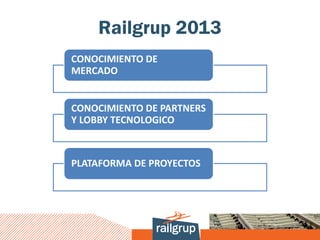 Railgrup 2013
CONOCIMIENTO DE
MERCADO


CONOCIMIENTO DE PARTNERS
Y LOBBY TECNOLOGICO



PLATAFORMA DE PROYECTOS
 