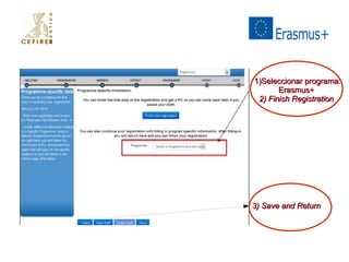 11))SSeelleecccciioonnaarr pprrooggrraammaa:: 
EErraassmmuuss++ 
22)) FFiinniisshh RReeggiissttrraattiioonn 
33)) SSaavvee aanndd RReettuurrnn 
 
