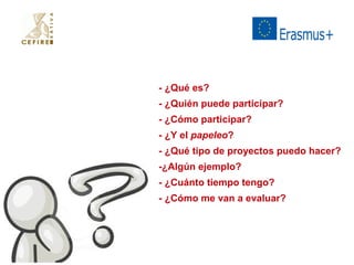 - ¿Qué es? 
- ¿Quién puede participar? 
- ¿Cómo participar? 
- ¿Y el papeleo? 
- ¿Qué tipo de proyectos puedo hacer? 
-¿Algún ejemplo? 
- ¿Cuánto tiempo tengo? 
- ¿Cómo me van a evaluar? 
 