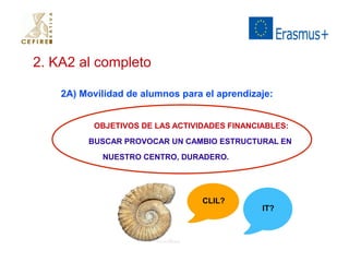 2. KA2 al completo 
2A) Movilidad de alumnos para el aprendizaje: 
OBJETIVOS DE LAS ACTIVIDADES FINANCIABLES: 
BUSCAR PROVOCAR UN CAMBIO ESTRUCTURAL EN 
NUESTRO CENTRO, DURADERO. 
CLIL? 
IT? 
 