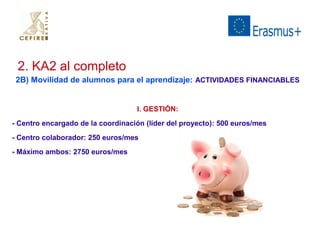 2. KA2 al completo 
2B) Movilidad de alumnos para el aprendizaje: ACTIVIDADES FINANCIABLES 
I. GESTIÓN: 
- Centro encargado de la coordinación (líder del proyecto): 500 euros/mes 
- Centro colaborador: 250 euros/mes 
- Máximo ambos: 2750 euros/mes 
 