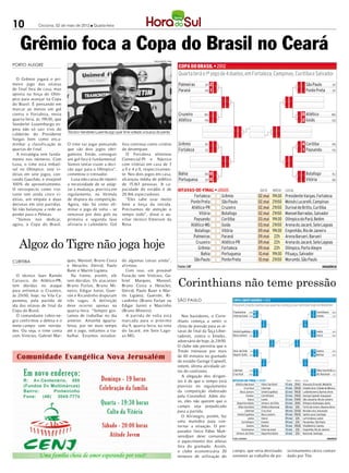 10            Criciúma, 02 de maio de 2012 l Quarta-feira




    Grêmio foca a Copa do Brasil no Ceará
                                                                                   DIVULGAÇÃO / HSul
PORTO ALEGRE


  O Grêmio jogará o pri-
meiro jogo das oitavas
de final fora de casa, mas
aposta na força do Olím-
pico para avançar na Copa
do Brasil. É pensando em
marcar ao menos um gol
contra o Fortaleza, nesta
quarta-feira, às 19h30, que
Vanderlei Luxemburgo es-
pera não só sair vivo do
                              Técnico Vanderlei Luxemburgo quer time voltado a busca do penta
caldeirão do Presidente
Vargas bem como enca-
minhar a classificação às     O time vai jogar pensando        fora continua como critério
quartas de final.             que são dois jogos obri-         de desempate.
  A estratégia tem funda-     gatórios. Então, conseguir         O Fortaleza eliminou
mento nos números. Com        um gol fora é fundamental.       Comercial-PI e Náutico
Luxa, o time está imbatí-     Vamos tentar trazer a deci-      com vitórias em casa de 3
vel no Olímpico: sete vi-     são aqui para o Olímpico”,       a 0 e 4 a 0, respectivamen-
tórias em sete jogos, con-    comentou o treinador.            te. Nos dois jogos em casa,
tando Gauchão, e invejável      Luxa não cansa de repetir      alcançou média de público
100% de aproveitamento.       a necessidade de se adap-        de 15.163 pessoas. A ca-
O retrospecto como visi-      tar à mudança, prevista em       pacidade do estádio é de
tante tem ainda cinco vi-     regulamento, na fórmula          20.166 espectadores.
tórias, um empate e duas      de disputa da competição.          “Eles sabe usar muito
derrotas em oito partidas.    Agora, não há como eli-          bem a força da torcida.
Só não balançou a rede ao     minar o jogo de volta – se       Precisamos de atenção o
perder para o Pelotas.        vencesse por dois gols na        tempo todo”, disse o au-
  “Vamos nos dedicar,         primeira e segunda fase          xiliar técnico Emerson da
agora, à Copa do Brasil.      aliviaria o calendário. Gol      Rosa.




   Algoz do Tigre não joga hoje
CURITIBA                      ques, Manoel, Bruno Costa        do algumas coisas ainda”,
                              e Heracles; Deivid, Paulo        afirmou.
                              Baier e Martín Ligüera.             Com isso, um provável


                                                                                                       Corinthians não teme pressão
  O técnico Juan Ramón          Na frente, porém, ele          Furacão tem Vinícius; Ga-
Carrasco, do Atlético-PR,     tem dúvidas. Os atacantes        briel Marques, Manoel,
tem dúvidas no ataque         Bruno Furlan, Bruno Mi-          Bruno Costa e Heracles;
para enfrentar o Cruzeiro,    neiro, Edigar Junio, Guer-       Deivid, Paulo Baier e Mar-
às 21h50, hoje, na Vila Ca-   rón e Ricardinho disputam        tín Ligüera; Guerrón, Ri-
panema, pela partida de       três vagas. A definição          cardinho (Bruno Furlan ou               SÃO PAULO
ida das oitavas de final da   deve ocorrer apenas na           Edigar Junio) e Marcinho
Copa do Brasil.               quarta-feira. “Sempre gos-       (Bruno Mineiro).
  O comandante rubro-ne-      tamos de trabalhar no dia           A partida de volta está                 Nos bastidores, o Corin-
gro confirmou a defesa e o    anterior. Amanhã (quarta-        marcada para o próximo                  thians começa a sentir o
meio-campo sem novida-        feira), por ter mais tempo       dia 9, quarta-feira, na rena            clima de pressão para as oi-
des. Ou seja, o time conta    até o jogo, voltamos a tra-      do Jacaré, em Sete Lago-                tavas de final da Taça Liber-
com Vinícius; Gabriel Mar-    balhar. Estamos estudan-         as-MG.                                  tadores, contra o Emelec,
                                                                                                       adversário de hoje, às 21h50.
                                                                                                       O clube não permitiu que o
                                                                                                       Timão treinasse por mais
                                                                                                       de 40 minutos no gramado
                                                                                                       do estádio George Capwell,
                                                                                                       ontem, última atividade an-
                                                                                                       tes do confronto.
                                                                                                          A alegação dos dirigen-
                                                                                                       tes é de que o tempo está
                                                                                                       previsto no regulamento
                                                                                                       da competição elaborado
                                                                                                       pela Conmebol. Além dis-
                                                                                                       so, eles não querem que o
                                                                                                       campo seja prejudicado
                                                                                                       para a partida.
                                                                                                          O Alvinegro, porém, fez
                                                                                                       uma manobra para con-
                                                                                                       tornar a situação. O pre-
                                                                                                       parador físico Fábio Mah-
                                                                                                       seredjian deve comandar
                                                                                                       o aquecimento dos atletas
                                                                                                       fora do gramado. Assim,
                                                                                                       o clube economizaria 20         campo, que seria destinado   sicionamento tático coman-
                                                                                                       minutos de utilização do        somente ao trabalho de po-   dado por Tite.
 