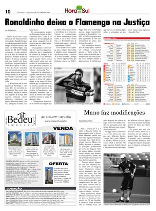 10               Criciúma, 01 de junho de 2012 l Sexta-feira




Ronaldinho deixa o Flamengo na Justiça
rio de janeiro                      laine Nunes.                      os clubes utilizam para burlar    Negro. Este ano, o Flamengo            que fizesse um relatório diário   existe muita coisa registrada
                                       O vice-presidente jurídico     a previdência e os impostos.      passou a pagar integralmente           sobre as atividades, sei que      - disse De Piro.
                                    do Flamengo, Rafael de Piro,      Tivemos o reconhecimen-           o salário de Ronaldinho - em
   Depois de um ano e cinco         confirmou que o clube já foi      to dessa remuneração como         201 a Traffic era responsável
                                                                                                           1,
meses de um relacionamento          notificado da decisão judicial    salário, o juiz acatou a nossa    pelo pagamento de 75% dos
conturbado, Ronaldinho Gaú-         que deixa o jogador livre do      tese, e o Ronaldinho está li-     vencimentos do atleta, mas
cho não é mais jogador do Fla-      contrato que era válido até de-   berado para seguir a vida dele    desistiu do negócio.
mengo. O meia-atacante, que         zembro de 2014.                   - argumentou Gislaine.              - Nós relevamos diversos
cobra do Rubro-Negro uma               - Essa questão é controver-       O vice jurídico do Fla admi-   atos de indisciplina, fizemos
dívida de R$ 40.177.140,00,         tida. Eu e outros colegas con-    tiu que a relação entre clube     um esforço monumental
conseguiu a tutela antecipa-        sideramos que o pagamento         e jogador estava desgastada       quando a Traffic pulou do
da na 9ª Vara do Tribunal Re-       de direitos de imagem é de        nos últimos meses - o camisa      barco, talvez já sabendo que a
gional do Trabalho do Rio de        natureza civil. O juiz entendeu   10 já havia avisado a amigos      imagem dele não tinha o mes-
Janeiro. A liminar concedida        que é salarial. Vamos entrar      na última segunda-feira que       mo valor. Sempre orientei o
pelo juiz André Luiz Amo-           hoje (ontem) ainda com um         declararia guerra ao Rubro-       departamento de futebol para
rim Franco foi protocolada na       pedido de reconsideração no
tarde dessa quarta na CBF, e        juízo que emitiu a decisão. Se
                                                                                                                           DIVULGAÇÃO / HSul
o fim do vínculo contratual         não for satisfatório, vamos ao
será oficializado assim que a       tribunal - afirmou De Piro.
liminar passar pelos departa-          Segundo a lei trabalhista, o
mentos jurídico e de registros      jogador pode entrar na Justiça
da entidade, o que libera o jo-     e pedir a quebra de contrato
gador para assinar com outro        quando o atraso de salários
clube.                              chegar a três meses. O clube
   - O Ronaldinho não é mais        entende que o rompimento só
jogador do Flamengo, o con-         se justifica quando não paga
trato dele foi rescindido ju-       os vencimentos previstos na
dicialmente. Não posso falar        carteira. Já Ronaldinho e sua
de valores, porque eu mesma         advogada entendem que o
pedi segredo de Justiça. Mas        atraso de direitos de imagem
estamos cobrando valores            também permite a saída do
altíssimos, milionários, aos        atleta do clube.
quais o atleta tem direito - dis-      - Conseguimos desmasca-
se a advogada do atleta, Gis-       rar o contrato de imagem que      Casamento conturbado com o Flamengo acaba após 17 meses




                                                                                                               Mano faz modificações
                                                                                                        WASHINGTON                             pelo desgaste dos atletas no      de Jefferson e Lucas. Agora,
                                                                                                                                               jogo contra os Estados Uni-       mais uma ou duas alterações
                                                                                                                                               dos. As alterações ainda não      devem ser feitas por Mano
                                                                                                                                               foram definidas pelo coman-       Menezes.
                                                                                                           Após a vitória por 4 a 1            dante canarinho.                    Do grupo que está nos
                                                                                                        sobre os Estados Unidos, na               No jogo contra a Dinamar-      Estados Unidos, Mano até o
                                                                                                        última quarta-feira, o técnico         ca, o time entrou em cam-         momento só não utilizou o
                                                                                                        Mano Menezes revelou que               po com: Jefferson, Danilo,        goleiro Neto, da Fiorentina.
                                                                                                        deve fazer algumas mudanças            Thiago Silva, Juan e Marce-       O jogador, caso o treinador
                                                                                                        na equipe para o jogo de do-           lo; Sandro, Rômulo e Oscar;       não convoque Jefferson, será
                                                                                                        mingo, contra o México, em             Lucas, Hulk e Damião. No          o segundo arqueiro do grupo
                                                                                                        Dallas. Segundo o treinador,           jogo seguinte, Rafael Cabral      que vai disputar os Jogos de
                                                                                                        as alterações aconteceriam             e Neymar entraram nas vagas       Londres.
                                                                                                        por conta do desgaste físico
                                                                                                        de alguns atletas, principal-
                                                                                                                                                                                                   DIVULGAÇÃO / HSul
                                                                                                        mente aqueles que atuaram
                                                                                                        as duas partidas. Porém, ele
                                                                                                        não pretende mexer muito na
                                                                                                        base do time canarinho.
                                                                                                           - Tivemos alguns jogado-
                                                                                                        res, que pela sequência for-
                                                                                                        te, estão com um desgaste
                                                                                                        maior. Poderemos colocar
                                                                                                        outros jogadores que pre-
                                                                                                        cisam ser vistos, mas não
                                                                                                        quero perder a base. Vamos
                                                                                                        enfrentar um adversário forte
                                                                                                        e não podemos perder o que
                                                                                                        conquistamos até aqui. Va-
                                                                                                        mos saber conviver com as
                                                                                                        dificuldades para tentar fazer
                                                                                                        uma boa partida também
                                                                                                        contra o México - afirmou.
                                                                                                           Nesta quinta-feira, Mano
                                                                                                        Menezes comandará um trei-
                                                                                                        no leve, na American Uni-
                                                                                                        versity, às 17h (de Brasília).
                                                                                                        A tendência é que atividade
                                                                                                        não se estenda muito até               Técnico Mano Menezes contente com a goleada sobre os EUA
 