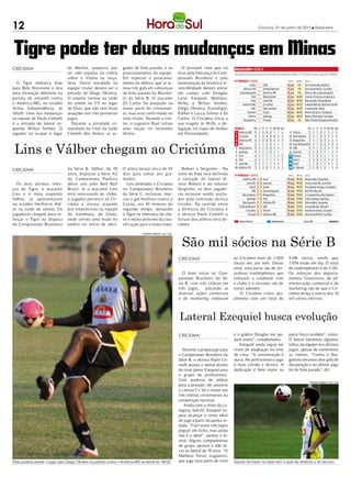 12                                                                                                                                                          Criciúma, 01 de junho de 2012 l Sexta-feira




Tigre pode ter duas mudanças em Minas
CRICIÚMA                        de Marlon, suspenso por          gadas de bola parada, e ao                    O provável time que irá
                                ter sido expulso na vitória      posicionamento da equipe.                   lutar pela liderança do Cam-
                                sobre o Vitória na terça-        Em especial o posiciona-                    peonato Brasileiro e pela
  O Tigre embarca hoje          feira. Outra novidade na         mento da defesa, que já to-                 manutenção da histórica in-
para Belo Horizonte e terá      equipe titular deverá ser a      mou três gols em cobranças                  vencibilidade deverá entrar
uma formação diferente na       entrada de Diego Oliveira.       de bola parada no Brasilei-                 em campo com Douglas
partida de amanhã contra        O volante treinou na tarde       ro da Série B. O atacante                   Leite; Ezequiel, Matheus,
o América-MG, no estádio        de ontem no CT no lugar          Zé Carlos foi poupado na                    Nirley e Wilian Simões;
Arena Independência, às         de Elias, que não teve boas      maior parte do treinamen-                   Diego Oliveira, Fransérgio,
16h20. Uma das mudanças         atuações nos três primeiros      to, mas está confirmado no                  Kleber e Lucca; Gilmar e Zé
na equipe de Paulo Comelli      jogos.                           time titular. Durante o trei-               Carlos. O Criciúma inicia a
é a entrada do lateral es-        Durante a atividade co-        no, o zagueiro Raul sofreu                  sua viagem às 6h30, a de-
querdo Wilian Simões. O         mandada no final da tarde        uma torção no tornozelo                     legação irá viajar de ônibus
jogador irá ocupar o lugar      Comelli deu ênfase as jo-        direito.                                    até Florianópolis.



 Lins e Válber chegam ao Criciúma
CRICIÚMA                        da Série B. Válber, de 30        O atleta levará cerca de 45                   Robert e Serginho - Na
                                anos, disputou a Série A2        dias para voltar aos gra-                   noite de hoje será definida
                                do Campeonato Paulista           mados.                                      a situação do lateral di-
  Os dois últimos refor-        deste ano pelo Red Bull             Lins defendeu o Criciúma                 reito Robert e do volante
ços do Tigre, o atacante        Brasil. Já o atacante Lins       no Campeonato Brasileiro                    Serginho, os dois jogado-
Lins e o meia esquerda          está retornando ao clube,        da Série C, inclusive, mar-                 res estavam sendo avalia-
Válber, se apresentaram         o jogador pertence ao Cri-       cou o gol histórico contra o                dos pela comissão técnica
no estádio Heriberto Hül-       ciúma e estava atuando           Caxias, aos 45 minutos do                   tricolor. Na reunião entre
se na tarde de ontem. Os        por empréstimo na equipe         segundo tempo, deixando                     a diretoria do Criciúma e
jogadores chegam para re-       do Itumbiara, de Goiás,          o Tigre na liderança da cha-                o técnico Paulo Comelli o
forçar o Tigre na disputa       onde sofreu uma lesão no         ve e muito próximo da clas-                 futuro dos atletas será de-
do Campeonato Brasileiro        ombro no início de abril.        sificação para o mata-mata.                 cidido.



                                                                                                               São mil sócios na Série B
                                                                             FERNANDO RIBEIRO / CEC / HSul




                                                                                                             CRICIÚMA                         ao Criciúma mais de 1.000       9.196 sócios, sendo que
                                                                                                                                              sócios em um mês. Desse         7.054 estão em dia. O total
                                                                                                                                              total, uma parte são de tor-    de inadimplentes é de 2.142.
                                                                                                                O bom início no Cam-          cedores inadimplentes que       Os esforços dos departa-
                                                                                                             peonato Brasileiro da Sé-        voltaram a colaborar com        mentos financeiros, de ad-
                                                                                                             rie B, com três vitórias em      o clube e o restante são de     ministração, comercial e de
                                                                                                             três jogos, juntando as          novas adesões.                  marketing são de que o Cri-
                                                                                                             diversas ações comerciais            O Criciúma conta atu-       ciúma atinja a marca dos 10
                                                                                                             e de marketing renderam          almente com um total de         mil sócios efetivos.



                                                                                                              Lateral Ezequiel busca evolução
                                                                                                             CRICIÚMA                         e o goleiro Douglas me aju-     parte física também”, conta.
                                                                                                                                              dam muito”, complementa.        O lateral lamentou algumas
                                                                                                                                                 Ezequiel ainda segue em      falhas da equipe nos últimos
                                                                                                               Durante a preparação para      ritmo de adaptação no time      jogos, apesar de comemorar
                                                                                                             o Campeonato Brasileiro da       de cima. “A concentração é      as vitórias. “Contra o Bra-
                                                                                                             Série B, o técnico Paulo Co-     outra. No profissional o jogo   gantino levamos dois gols de
                                                                                                             melli puxou o lateral direito    é mais corrido e técnico. A     desatenção e no último jogo
                                                                                                             do time júnior Ezequiel para     dedicação é bem maior na        foi de bola parada”, diz.
                                                                                                             o grupo de profissionais.
                                                                                                             Com ausência de atletas                                                      FERNANDO RIBEIRO / CEC / HSul
                                                                                                             para a posição, ele assumiu
                                                                                                             a camisa 2 e foi o titular nas
                                                                                                             três vitórias criciumenses na
                                                                                                             competição nacional.
                                                                                                                Ainda com o ritmo da ca-
                                                                                                             tegoria Sub-20, Ezequiel es-
                                                                                                             pera alcançar o ritmo ideal
                                                                                                             de jogo a partir da quinta ro-
                                                                                                             dada. “Com esses três jogos
                                                                                                             peguei um ritmo, mas ainda
                                                                                                             não é o ideal”, aponta o la-
                                                                                                             teral. Alguns companheiros
                                                                                                             de grupo apoiam e dão di-
                                                                                                             cas ao lateral de 19 anos. “O
                                                                                                             Matheus Ferraz (zagueiro),
Elias poderá perder o lugar para Diego Oliveira na partida contra o América-MG amanhã às 16h20               que joga mais perto de mim       Garoto formado na base tem o aval da diretoria e do técnico
 