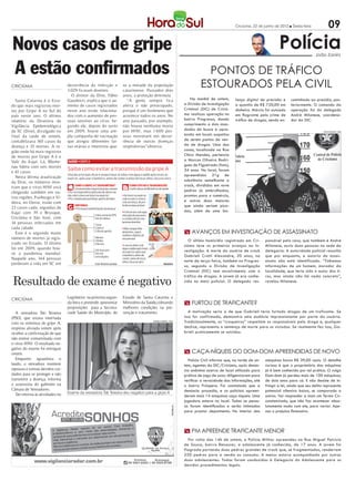 Criciúma, 22 de junho de 2012 l Sexta-feira              09

Novos casos de gripe                                                                                                                                               Polícia               João Zanini


a estão confirmados                                                                                                    PONTOS DE TRÁFICO
CRICIÚMA                           decorrência da infecção e
                                   3.029 ficaram doentes.
                                                                    se a metade da população
                                                                    catarinense. Passados dois
                                                                                                                     ESTOURADOS PELA CIVIL
                                     O diretor da Dive, Fábio       anos, a proteção diminuiu.
   Santa Catarina é o Esta-        Gaudenzi, explica que o au-        “A gente sempre fica                     Na manhã de ontem,        lança digital de precisão e      caminhado ao presídio, pos-
do que mais registrou mor-         mento de casos registrados       alerta e não preocupado,                a Divisão de Investigação    a quantia de r$ 720,00 em        teriormente. O comando da
tes por Gripe A no Sul do          neste ano estão relaciona-       porque é um fenômeno que                Criminal (DIC) de Criciú-    dinheiro. Márcio foi autuado     operação foi do delegado
país neste ano. O último           dos com o aumento de pes-        acontece todos os anos. No              ma realizou operação no      em ﬂagrante pelo crime de        André Milanese, coordena-
relatório da Diretoria de          soas sensíves ao vírus. Se-      ano passado, por exemplo,               bairro progresso, dando      tráfico de drogas, sendo en-     dor da DIC.
Vigilância Epidemiológica          gundo ele, depois do surto       não houve nenhuma morte                 cumprimento a dois man-
de SC (Dive), divulgado no         em 2009, houve uma am-           por H1N1, mas 1.600 pes-                dados de busca e apre-                                                            DIVULGAÇÃO / HSul

final da tarde de ontem,           pla campanha de vacinação        soas morreram em decor-                 ensão em locais suspeitos
contabilizava 365 casos da         que atingiu diferentes fai-      rência de outras doenças                de serem pontos de ven-
doença e 33 mortes. A re-          xas etárias e imunizou qua-      respirátorias”observa.                  da de drogas. uma das
gião onde há mais registros                                                                                 casas, localizada na rua
de mortes por Gripe A é o                                                                                   Chico Mendes, pertencia
Vale do Itajaí. Lá, Blume-                                                                                  a Marcos Oliveira Rodri-
nau lidera com seis mortes                                                                                  gues de Figueiredo (foto),
e 43 casos.                                                                                                 34 anos. No local, foram
   Nesta última atualização                                                                                 apreendidos 21g de
da Dive, os números mos-                                                                                    substância semelhante a
tram que o vírus H1N1 está                                                                                  crack, divididas em nove
chegando também em ou-                                                                                      pedras já embrulhadas,
tras regiões. Fraiburgo e Vi-                                                                               prontas para o comércio,
deira, no Oeste, estão com                                                                                  e outras duas maiores
23 casos cada, seguidas de                                                                                  que ainda seriam pica-
Itajaí com 19 e Brusque,                                                                                    das, além de uma ba-
Criciúma e São José, com
14 pessoas infectadas em
cada cidade.
   Este é o segundo maior                                                                                   m AVANÇOS EM INVESTIGAÇÃO DE ASSASSINATO
número de mortes já regis-
                                                                                                              O último homicídio registrado em Cri-        ponsável pelo caso, que também é André
trado no Estado. O último
                                                                                                            ciúma teve os primeiros avanços na in-         Milanese, ouviu duas pessoas na sede da
foi em 2009, quando hou-
                                                                                                            vestigação. A morte da usuária de crack        delegacia. A autoridade policial ressalta
ve a pandemia mundial.
                                                                                                            Gabrieli Crotti alexandre, 20 anos, na         que por enquanto, a autoria do assas-
Naquele ano, 144 pessoas
                                                                                                            noite de terça-feira, também no progres-       sinato não está identificada. “Tínhamos
perderam a vida em SC em
                                                                                                            so, segundo a Divisão de Investigação          informações de um homem, morador da
                                                                                                            Criminal (DIC) tem envolvimento com o          localidade, que teria sido o autor dos ti-

 Resultado de exame é negativo
                                                                                                            tráfico de drogas. A jovem já era conhe-       ros, mas ainda não há nada concreto”,
                                                                                                            cida no meio policial. O delegado res-         revelou Milanese.



CRICIÚMA                           Legislativo na próxima segun-    Estado de Santa Catarina e
                                   da-feira e pretende apresentar   Ministério da Saúde,cobrando            m FURTOU DE TRAFICANTE?
                                   proposições para a Secreta-      melhores condições na pre-
   A vereadora Tati Teixeira       riade Saúde do Município, do     venção e tratamento.                       A motivação seria a de que Gabrieli teria furtado drogas de um traficante. Se
(PSD), que estava internada                                                                                 isso for confirmado, demonstra uma audácia impressionante por parte da usuária.
com os sintomas de gripe A,
                                                                                     DANIELA NIERO / HSul   Tradicionalmente, os “craqueiros” respeitam os responsáveis pela droga e, qualquer
respirou aliviada ontem após                                                                                deslize, representa a sentença de morte para os viciados. Se realmente fez isso, Ga-
receber a confirmação de que                                                                                brieli praticamente se suicidou.
não esteve contaminada com
o vírus H1N1. O resultado ne-
gativo do exame foi entregue
ontem.                                                                                                      m CAÇA-NÍQUEIS DO DOM-DOM APREENDIDAS DE NOVO
   Enquanto aguardava o                                                                                       Polícia Civil informa que, na tarde de on-   máquinas havia r$ 39,00 reais. O detalhe
laudo, a vereadora manteve                                                                                  tem, agentes da DiC/Criciúma, após denún-      curioso é que o proprietário das máquinas
repouso e tomou devidos cui-                                                                                cia anônima acerca de local utilizado para     já é bem conhecido por tal prática. O vulgo
dados para se proteger e não                                                                                prática de jogo de azar, diligenciaram para    Dom-dom já perdeu mais de 100 máquinas,
transmitir a doença, informa                                                                                verificar a veracidade das informações, até    de dois anos para cá. e não desiste de in-
a assessoria do gabinete na                                                                                 o bairro Próspera. Foi constatado que a        fringir a lei, ainda que seu delito represente
Câmara de Vereadores.                                                                                       denúncia procedia, e os policiais apreen-      potencial ofensivo baixo, se comparado a
   Tati retorna às atividades no   Exame da vereadora Tati Teixeira deu negativo para a gripe A
                                                                                                            deram mais 14 máquinas caça níqueis. Uma       outros. Vai responder a mais um Termo Cir-
                                                                                                            jogadora estava no local. Todas as pesso-      cunstanciado, que não faz acontecer abso-
                                                                                                            as foram identificadas e serão intimadas       lutamente nada com ele, para variar. Ape-
                                                                                                            para prestar depoimento. No interior das       nas o prejuízo financeiro.



                                                                                                            m PM APREENDE TRAFICANTE MENOR
                                                                                                              Por volta das 14h de ontem, a Polícia Militar apreendeu na rua Miguel Patrício
                                                                                                            de Souza, bairro renascer, a adolescente já conhecida, de 17 anos. a jovem foi
                                                                                                            flagrada portando duas pedras grandes de crack que, se fragmentadas, renderiam
                                                                                                            250 pedras para a venda ou consumo. a menor estava acompanhada por outras
                                                                                                            duas adolescentes. Todas foram conduzidas à Delegacia do adolescente para os
                                                                                                            devidos procedimentos legais.
 