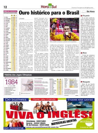 12                                                                                                                        Criciúma, 07 de agosto de 2012 l Terça-feira




     Ouro histórico para o Brasil                                                                                                                  m Na praia
                                                                                                                                                                Da Hora

                                                                                                                               DIVULGAÇÃO / HSul
                                      enwich. Frustração com o                                                                                       Em um duelo equilibrado,
     LONDRES
                                      fraco desempenho da equi-                                                                                    Alison e Emanuel precisaram
                                      pe feminina; alegria com a                                                                                   suar a camisa para despa-
        Da frieza ao ouro. Arthur     inédita final e o 10° lugar de                                                                               char os poloneses Mariusz
     Zanetti queria ter a responsa-   Sergio Sasaki no individual                                                                                  Prudel e Grzegorz Fijalek,
     bilidade toda em suas mãos,      geral. Emoções que apenas                                                                                    ontem, por 2 sets a 1 (21/17,
     enfaixadas e vermelhas de        prepararam a torcida para a                                                                                  16/21 e 17/15), na Arena de
     tanto esforço. Economizou        segunda-feira de ouro.                                                                                       Vôlei de Praia, em Londres.
     nas eliminatórias para ser o        Foi a terceira vez que o Bra-                                                                             Após um início equilibrado,
     oitavo a se apresentar ali, na   sil chegou a uma final na gi-                                                                                os brasileiros cometerem mui-
     final. Foi ao ginásio de aque-   nástica com chances reais de                                                                                 tas falhas, se recuperaram
     cimento enquanto o maior         medalha. Em Atenas 2004,                                                                                     e superaram com muita frie-
     dos adversários buscava o        Daiane dos Santos, favorita,                                                                                 za os rivais em um tie-break
     bi olímpico. Tudo calculado.     amargou a quinta colocação                                                                                   emocionante, depois de sal-
     Último a se pendurar nas         após não conseguir frear no                                                                                  var um match point. Invictos,
     argolas da Arena de North        pouso. Diego Hypolito, hoje                                                                                  eles avançaram às semifinais
     Greenwich, o baixinho de         bicampeão mundial do solo,                                                                                   das Olimpíadas com 100%
     1,56m desceu dela, deu um        levou o país à primeira final      Arthur Zanetti conquistou o primeiro ouro da ginástica                    de aproveitamento. Alison
     passo para trás e abriu o        masculina. Caiu sentado: sex-                                                                                e Emanuel voltam à quadra
     sorriso. Nota 15.900. Tinha      to. Em Londres, não passou à       a melhor entre os 67 adversá-      em segundo no Mundial, vi-             hoje, para enfrentar Plavins
     desbancado o chinês Yibing       final: outra queda, desta vez      rios: 9.1 de 10.000. Passou
                                                                                  16                        mos que ele teria de aumen-            e Smedins, da Letônia. Já a
     Chen, favoritíssimo. A pri-      de barriga, nas eliminatórias.     em quarto, com 15.616 pon-         tar a dificuldade. Lá, a nota          dupla Ricardo/Pedro Cunha
     meira medalha da história           Série mais fraca para ser       tos. Chen liderou com 15.858       de partida dele era 6.500 e            foram eliminados.
     da ginástica brasileira em       o último a se apresentar na        - 6.800 e 9.058 de execução.       ele perdeu por um décimo.
     Olimpíadas era dele, um es-      final                                 Para a final, sim, a série      Ou mudávamos, ou iríamos
     treante. E de ouro.                 Ali, nas argolas, o espaço      mais difícil. Tão difícil quanto   ficar atrás de novo”, conta o          m Boxe
        “Estou muito feliz porque     para imprevistos e improvisos      a do chinês. Tática meticulo-      técnico Marcos Goto.                     O Brasil não conquistava
     essa é a primeira medalha        costuma ser mínimo. Qua-           sa para tentar batê-lo. Yibing,       Frieza era a palavra-chave.         uma medalha olímpica no
     do meu país para a ginástica.    se uma matemática: nota de         “primeiro gelo” em chinês,         Zanetti sabia que o deslum-            boxe desde Cidade do Méxi-
     Trabalhei por muito tempo        partida + nota de execução.        nasceu no dia em que o pai         bramento com as Olimpíadas             co 1968, quando Servílio de
     para conseguir essa meda-        Zanetti traçou uma estraté-        venceu um campeonato de            seria fatal. Ouviu conselhos           Oliveira foi bronze no peso-
     lha”, disse Zanetti, em um       gia. Queria se classificar em      patinação velocidade. Para         de Diego. “Aqui, encarei com           mosca. Nesta segunda-feira,
     inglês ainda arranhado, em       quarto para ser o último a se      Londres, levou o favoritismo       se fosse uma etapa da Copa             em Londres, garantiu duas
     sua primeira entrevista como     apresentar na final. Trocou        em números: duas meda-             do Mundo. No Mundial do                de uma vez. Horas depois
     campeão olímpico.                um movimento de grau A por         lhas de ouro, quatro títulos       Japão, dormi muito pouco à             de Adriana Araújo acabar
        Zanetti fecha uma cam-        um de grau D nas eliminató-        mundiais (2006, 2007, 2010         noite. Dormia, acordava, dor-          com o jejum e se classificar às
     panha de altos e baixos do       rias. Fez uma série simples,       e 201 1).                          mia acordava. Trouxe essa ex-          semifinais da categoria peso-
     país na Arena de North Gre-      com execução quase perfeita,          “Quando o Arthur ficou          periência para cá”.                    leve feminino (até 60kg), foi
                                                                                                                                                   a vez de Esquiva Falcão fa-
                                                                                                                                                   zer o mesmo, ao derrotar o
                                                                                                                                                   húngaro Zlatan Harcsa por
                                                                                                                                                   14 a 10 nas quartas de final
                                                                                                                                                   do peso-médio (até 75kg).


                                                                                                                                                   m Basquete
                                                                                                                                                     Diante de uma Espanha
                                                                                                                                                   apática, o Brasil venceu por
                                                                                                                                                   88 a 82, com uma virada
                                                                                                                                                   contundente nos minutos finais
                                                                                                                                                   pelas mãos de Leandrinho.
                                                                                                                                                   Na próxima fase enfrenta
                                                                                                                                                   a Aegentina e se passar às
                                                                                                                                                   semifinais encara os Dream
                                                                                                                                                   Team dos EUA.
 
