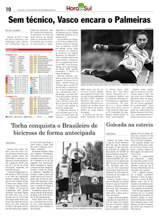 10             Criciúma, 12 de setembro de 2012 l Quarta-feira




   Sem técnico, Vasco encara o Palmeiras
                                                                                                                                                                                           DIVULGAÇÃO / HSul

RIO DE JANEIRO                   21h50 (de Brasília), pela        Segundo as informações
                                 24ª rodada do Campeona-          da imprensa local, Dunga
                                 to Brasileiro. O nome do         e Marcelo Oliveira são os
  Ontem, no CFZ, o time          novo técnico da equipe           nomes fortes.
do Vasco finalizou a sua         ainda é o principal assun-         O presidente do Gigan-
preparação para enfren-          to no clube, que, no entan-      te da Colina, Roberto Di-
tar o Palmeiras, hoje, às        to, tenta manter o sigilo.       namite, preferiria Dunga,
                                                                  mas, no entanto, estaria
                                                                  em dúvida, assim como
                                                                  o restante da diretoria.
                                                                  O ex-técnico da Seleção
                                                                  Brasileira já defendeu o
                                                                  time vascaíno dentro das
                                                                  quatro linhas, conquista-
                                                                  do o Campeonato Cario-
                                                                  ca de 1987. Com 38 anos,
                                                                  Dunga está desemprega-
                                                                  do desde 2010, quando
                                                                  comandou o Brasil na
                                                                  Copa do Mundo.
                                                                    Marcelo Oliveira tam-
                                                                  bém é nome forte em São
                                                                  Januário. O diretor de fu-
                                                                  tebol Daniel Freitas já
                                                                  afirmou que o ex-técnico       Goleiro do Vasco disse após o treino de ontem que o “desastre” contra o Bahia não vai ocorrer
                                                                  do Coritiba “é interessan-
                                                                  te”. A baixa pedida sala-      Além disso, por ele es-                co deverá durar, pelo             Gaúcho ainda revelou
                                                                  rial, comparando com a         tar liv re, torna-se melhor            menos, até o final desta        que irá conversar com Di-
                                                                  de Dunga, é um dos mo-         para negociar do que com               semana. Enquanto isto, o        namite sobre o time. “Eu
                                                                  tivos que podem facilitar      um que esteja empregado                ex-zagueiro Gaúcho terá         vou estar com o Roberto
                                                                  as negociações. No en-         em outro clube”, explicou              a missão de comandar in-        Dinamite antes do jogos.
                                                                  tanto, Oliveira teria dito     Dinamite, que, antes, re-              terinamente os jogadores        Nós vamos ver o que ele
                                                                  que só gostaria de voltar      velou que a diretoria cr uz-           cr uz-maltinos. “Eu sem-        me diz. Estou aguardan-
                                                                  a treinar uma equipe na        maltina já recebeu mais                pre vivi o Vasco. Tenho         do as orientações”, disse
                                                                  próxima temporada.             de dez ofertas de preten-              amor pelo Vasco. Isso é         o interino, que também
                                                                    “O Marcelo Oliveira é        dentes ao cargo técnico                o que eu posso dizer ago-       pode ser substituído por
                                                                  um treinador que se en-        da equipe.                             ra. É o princípio de tudo.      Renato Gaúcho e Joel San-
                                                                  caixa no per fil que nós         A ausência de um trei-               Depois, iremos pensar no        tana, como apontaram r u-
                                                                  estamos       procurando.      nador renomado no Vas-                 resto”, disse Gaúcho.           mores locais nesta terça.




       Tocha conquista o Brasileiro de                                                                                                  Goleada na estreia
        bicicross de forma antecipada                                                                                                   CRICIÚMA                        depois, em lance rápido, Mi-
                                                                                                                                                                        neira fez o terceiro. O time
                                                                                                                                                                        do Criciúma foi para os vesti-
                                                                                                                    DIVULGAÇÃO / HSul      Ontem, foi dado início       ários com ótima vantagem.
CRICIÚMA                         eu era o único que dirigia o                                                                           a Liga de Futsal Feminina         No segundo tempo, não
                                 carro. Graças a Deus tudo                                                                              2012. No jogo de abertura       demorou muito para a equi-
                                 deu certo e voltamos com a                                                                             do grupo A, que está sen-       pe de Santa Catarina arre-
  Quanto mais velho, me-         vitória.” comentou.                                                                                    do realizado na cidade de       matar o quarto. Depois de
lhor, assim tem sido a car-         Na primeira batalha, Tocha                                                                          São Caetano do Sul (SP) no      bela jogada, Ari bateu forte
reira do piloto de bicicrosso,   teve algumas dificuldades,                                                                             Centro Esportivo Joaquim C.     e fez a festa.
Marco Aurélio Tocha. Em          como dores e cansaços, mas                                                                             Rabello, o time do Aprofu-        Vendo a superioridade
Betim-MG, o veterano con-        conseguiu vencer na aro 20 e                                                                           cri/Criciúma/FME (SC) ven-      das adversárias, a equipe
quistou os títulos brasileiros   foi o segundo na aro 24. Na                                                                            ceu por 6 a 0 as meninas do     do Guarulhos tentou se fe-
das categorias 35/39 anos        segunda, mais descansado,                                                                              ADC Estrelas de Guarulhos       char em sua defesa, mas não
aro 20 e aro 24, de forma        Tocha conseguiu se superar                                                                             (SP). Destaque para Ari,        adiantou, tanto que aos 8
antecipada vencendo em           e venceu nas duas categorias,                                                                          a ala do time catarinense       minutos, Marcelinha saiu da
território mineiro.              levando o título em ambas                                                                              marcou duas vezes e foi fun-    marcação e fez o quinto.
  A pista foi elogiada por to-   as categorias. “Agradeço de                                                                            damental na construção do         Com a goleada decreta-
dos devido a infra estrutura     coração a todo o apoio que                                                                             resultado de sua equipe na      da, a equipe catarinense
e ao nível dos obstáculos,       recebo, pois isso é o meu se-                                                                          estreia do torneio.             diminuiu o ritmo do jogo e
técnicos e rápidos. Tocha via-   gredo para 18 anos de dedi-                                                                               Estreia é sempre tensa e     valorizou a posse de bola.
jou de carro a Betim. Foram      cação sem desanimar, ainda                                                                             não foi diferente na rodada     Mesmo assim, aos 15, Ari
17 horas para chegar e mais      tenho muita luta pela frente,                                                                          inicial da Liga de Futsal Fe-   recebeu e não perdoou, mar-
19 horas na volta, totalizan-    mas a vontade de chegar é                                                                              minina, as meninas do Crici-    cando o sexto de sua equipe
do 2. 00km. “O cansaço foi
      7                          maior”, desabafou Tocha.                                                                               úma eram mais insinuantes       e seu segundo no confronto.
compensado pelo grande              As próximas etapas do na-                                                                           no ataque. Aos 9 minutos,         Final de jogo, goleada do
resultado alcançado depois       cional serão dia 14 de outubro                                                                         Gaby abriu o placar para o      Criciúma por 6 a 0 diante
de muita luta, pois ja no        na Bahia e dia 15 de novem-                                                                            time catarinense.               da equipe do Guarulhos. Na
primeiro dia de treino levei     bro no Rio Grande do Sul.                                                                                 O jogo continuou pegado,     próxima rodada as catari-
uma queda muito forte e por         Antes Tocha tenta dispu-                                                                            as garotas do Guarulhos fo-     nenses enfrentam o Unocha-
pouco não fiquei de fora da      tar o Sul-americano no Chi-                                                                            ram em busca do empate,         pecó. Enquanto que o time
prova, corri com muita dor       le, mas o atleta depende de                                                                            mas aos 17 minutos, Greice      paulista vai tentar recupera-
na mão e não pude arriscar,      patrocínio para viabilizar a                                                                           fez boa jogada e ampliou        ção diante das meninas do
pois dos atletas que viajaram    participação.                    Veterano foi a Minas Gerais e manteve a carreira vitoriosa            para o Criciúma. Um minuto      São Caetano.
 
