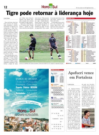 12                                                                                                                                                       05 de outubro de 2012 l Sexta-feira




     Tigre pode retornar à liderança hoje
CRICIÚMA                        com Valber, entra Giovanni     neste returno. “Eles possuem    da torcida vamos buscar mais
                                Augusto. Nas demais posi-      uma equipe qualificada e será   uma vitória”, aponta o arti-
                                ções, a equipe será a mesma    um jogo complicadíssimo.        lheiro Zé Carlos.
  Para confirmar a boa fase     em relação ao jogo anterior.   Vamos encarar o jogo como          A arbitragem desta sexta-
neste returno do Campe-           Apesar de o adversário es-   uma decisão para ganhar os      feira será comandada por
onato Brasileiro e dormir       tar 13 pontos atrás, Comelli   três pontos”, destaca o co-     Sandro Meira Ricci, auxi-
novamente na liderança da       aponta a partida de hoje       mandante do Tigre. “É mais      liado por Clovis Amaral da
competição, o Tigre rece-       como umas das mais difiíceis   um jogo difícil. Com o apoio    Silva e José Javel Silveira.
be hoje à noite, às 21h, no
estádio Heriberto Hülse, o                                                                                  FERNANDO RIBEIRO /CEC /HSul

Ceará. O confronto é válido
pela 28ª rodada e vencer é
fundamental para que os ri-
vais também não se aproxi-
mem na luta pelo acesso.
  Nas últimas três roda-
das, o time do técnico Pau-
lo Comelli venceu todos. A
sequência iniciou em casa
contra o ASA e as outras
duas ocorreram fora, con-
tra Ipatinga (MG) e CRB
(AL). Com os resultados, o
Criciúma manteve-se na se-
gunda colocação. O Ceará
é o oitavo, com 42.
  Para a partida desta sexta-
feira, Paulo Comelli tem um
desfalque. O meia Kleber
levou o terceiro cartão ama-
relo contra o CRB e cumpre
suspensão automática. Para
formar a dupla de meias         Lucca e o artilheiro Zé Carlos durante o treino de ontem no CT. Dupla é a aposta de gols




                                                                                                                                           Apofucri vence
                                                                                                                        4670

                                                                                                                         4698

                                                                                                         250.000
                                                                                                         25.000

                                                                                                         15.500
                                                                                                                        74.567
                                                                                                                        56.179
                                                                                                                        85.146
                                                                                                                                            em Fortaleza
                                                                                                         14.000
                                                                                                                        21.251
                                                                                                         12.058
                                                                                                                        31.351

                                                                                                                                          Fortaleza                 da pelo seu torcedor,
                                                                                                                        1285                                        a Unifor levou muitas
                                                                                                 02 03 05 17 20	
                                                                                                                                                                    dificuldades ao Apofu-
                                                                                                                                            A    Ap ofucri/ Unesc   cri. Entretanto, depois
                                                                                                     21 42 43 46 47                       começou b em as quar-     de resistir a pressão,
                                                                                                                                          tas de f inal da Liga     a equipe de Criciúma
                                                                                                 48 52 58 66 77
                                                                                                                                          Nacional de Futal fe-     conseguiu chegar ao re-
                                                                                                     79 83 84 92 00                       minino. No noite de       sultado de vitória numa
                                                                                                                                          ontem, a equip e de       escapada de Ariana.
                                                                                                                                          Criciúma venceu a           Com o resultado, a
                                                                                                                         3012             Unifor p or 2 a 1 com     Apofucri joga por um
                                                                                                                                          gol de A riane a 35 se-   empate. Só perde a clas-
                                                                                                 28 36 42 45 49
                                                                                                                                          gundos do témino da       sificação às semifinais
                                                                                                                                          partida. O jogo da vol-   da Liga Nacional se per-
                                                                                                                        1430              ta ocorre na próx ima     der no tempo normal e
                                                                                                                                          quinta-feira no ginásio   na prorrogação.
                                                                                                 02 19 22 30 46 52                        da Unesc às 20h15.
                                                                                                                                                                                 DAVI CARRER / Divulgação
                                                                                                                                            A equipe de técnico
                                                                                                                                          Tiago Silveira começou
                                                                                                                         355
                                                                                                                                          a partida jogando com
                                                                                                 57 16 33 24                              uma marcação forte so-
                                                                                                                                          bre a adversária e saiu
                                                                                                                   72 10 73               na frente. Aos poucos a
                                                                                                                                          equipe do Unifor acos-
                                                                                                   FLUMINENSE/RJ        22516             tumada a jogar à noite
                                                                                                                                          com a temperatura em
                                                                                                                        811               30º C se aproveitou
                                                                                                                                          do cansaço e passou a
                                                                                                 01 02 03 04 05	                          pressionar. Chegou ao
                                                                                                                                          gol de empate e teve
                                                                                                     06 07 09 10 12	
                                                                                                                                          oportunidades de virar
                                                                                                 14 17 19 20 22                                                     Técnico ganhou a parti-
                                                                                                                                          a partida. Acompanha-
 