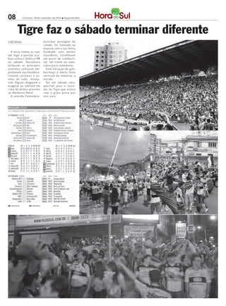 08         Criciúma, 19 de novembro de 2012 l Segunda-feira




       Tigre faz o sábado terminar diferente
CRICIÚMA                     principal passagem da
                             cidade, foi t rancada na
                             esquina com a r ua Anita
   A festa tomou as r uas    Garibaldi, p ois muitos
tão logo a partida aca-      torcedores escolheram
b ou cont ra o Atlético-PR   um p osto de combustí-
no sábado. Torcedores        vel, em frente da rodo-
fecharam as principais       viária para comemorar.
avenidas, cantaram, em-        Com narração de gols,
punharam sua bandeira,       buzinaço e muita festa
f izeram carreatas e as-     serviram da empurrar a
sima de t udo, festeja-      torcida.
ram. Alguns chegaram a         Foi um sábado ines-
exagerar ao subirem em       que cível para o torce-
cima de ônibus próx imo      dor do Tigre que esteve
ao Herib erto Hülse.         com o grip o preso p or
   A avenida Centenário,     oito a nos.
 