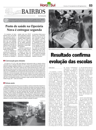 Criciúma, 07 de dezembro de 2012 l Sexta-feira            03
                                                                                                                                                                                                  DIVULGAÇÃO / HSul




                                                                                    Da Redação



  @          Você também pode participar da coluna com sugestões, dicas, críticas,
             elogios ou agradecimentos. Participe: redacao@horadosul.com.br




     Posto de saúde na Operária
      Nova é entregue segunda
   Os moradores do bairro         unidade conta com 237,47           os moradores tinham que se
Operária Nova, que durante        metros quadrados e comporta        deslocar para a Santa Bár-
anos precisaram recorrer a        uma recepção, sala de vacina,      bara. Nós sabemos que isso
unidade da Santa Bárbara, a       consultório médico, banheiros,     gera incômodo e consegui-
partir do dia 10 de dezembro      entre outros. A equipe que         mos viabilizar a obra”, res-
terão uma nova realidade.         atuará no local é formada          saltou. Francielle lembra que
Para a data, às 19 horas, está    por um médico, enfermeiro,         os profissionais da Santa
agendada a inauguração da         dois técnicos em enfermagem,       Bárbara atendiam8 mil pes-
unidade básica de saúde de        higienizadora e quatro agen-       soa ao agregar os morado-
porte um, a qual comporta-        tes comunitários.                  res da Operária Nova, sen-
rá uma equipe de Estratégia          Conforme a secretária do        do o dobro da quantidade
Saúde da Família (ESF).           sistema da Saúde, Franciel-        adequada para uma unida-                Meta estabelecida pelo Idec poderão ser atingidas antes do previsto por estudandes de Criciúma
   A obra foi viabilizada na      le Lazarin de Freitas Gava,        de de saúde. “Além de de-
parceria entre o Governo Fe-      a unidade no bairro era            safogar a estrutura, irá faci-


                                                                                                              Resultado confirma
deral, com o investimento de      uma solicitação antiga da          litar o acesso da população
R$ 200 mil e a contrapartida      comunidade. “Sempre que            ao atendimento em saúde”,
do Governo do Município. A        precisavam de atendimento          salientou a secretária.



m Convocação para eleições
   Os Juízes da 10ª, 92ª e 98ª Zonas Eleitorais reconvocaram todos os mesários outrora
convocados para as Eleições Municipais de 2012, a fim de que novamente prestem serviço
                                                                                                             evolução das escolas
eleitoral na eleição majoritária vindoura, a ser realizada no dia 03 de março de 2013, nos
termos da Res. TRE n.º 7872/2012. Tendo em vista as festas de final de ano e ,ainda, o pos-                  CRICIÚMA                         do ensino fundamental            va, são disciplinas básicas
sível gozo de férias nos meses de janeiro e fevereiro pela maioria dos eleitores convocados,                                                  resp ondem a questões            para todas as outras por
além do feriado/feriadão a ser proporcionado pelo carnaval, ficam os juízos eleitorais re-                                                    de Língua Port uguesa e          envolverem inter pretação
ceosos com a possibilidade dos convocados não serem encontrados em suas residências para                        O estímulo a realiza-         Matemática. Ao todo 21           de textos e redação. Que-
receberem a carta de convocação, razão pela qual, visando evitar um maior prejuízo para                      ção de diagnósticos para         escolas alcançaram ou            remos que o nosso aluno
o bom andamento dos trabalhos eleitorais, deverão os eleitores convocados comparecer aos                     o conhecimento do real           suplantaram a nota 5,5.          vá capacitado para o ensi-
respectivos cartórios eleitorais para retirar a referida carta covocatória, impreterivelmente,               estado da máquina públi-            Os números t raduzem a        no médio”, enfatiza.
até o dia 14 de dezembro próximo, no endereço a seguir, qual seja, Palácio do Estado - Av.                   ca p or meio de números          ef icácia dos investimen-           Baseado no reforço de
Getúlio Vargas, 361 - Centro de Criciúma.                                                                    consiste em uma carac-           tos empregados na Edu-           conteúdo, aulas de let ra-
                                                                                                             ter ística agregada à ad-        cação do Município de            mento, ap oio p edagógico
                                                                                                             minist ração       municipal     Criciúma, na avaliação do        e, se necessário, uma aju-
m Faixas azuis                                                                                               de Criciúma ao longo dos         prefeito Clésio Salvaro.         da diferenciada esp ecíf i-
                                                                                                             últimos anos. O Índice de        Os resultados animam             ca para o aluno comp õe
   A sinalização horizontal das faixas azuis que indicam o contorno do Anel Viário Central foi re-           Desenvolvimento das Es-          a continuar com af inco          parte da est ratégia t raça-
vitalizada durante esta semana. Conforme o coordenador de projetos da Autarquia de Seguran-                  colas de Criciúma (IDEC)         a busca p or melhorar o          da para o crescimento do
ça, Trânsito e Transporte de Criciúma (ASTC), Douglas Peruchi, ainda serão repintadas em torno               foi concebido p ela secre-       ensino nas salas de aula.        índice. Ainda antes deste
de 35 faixas de pedestres nas ruas do Anel Viário Central. Esse trabalho complementa as placas               taria do sistema de Edu-         “Temos escolas b oas,            t rabalho, os professores
verticais e foi realizado nas ruas Anita Garibaldi, São José, Hercílio Luz, Marechal Deodoro                 cação com o objetivo de          b em est r ut uradas e pro-      dos colégios abaixo da
da Fonseca, Santa Catarina, Desembargador Pedro Silva, Avenida Santos Dumont e Joaquim                       aferir a ef icácia do ensino     fessores preparados para         média devem passar p or
Nabuco. “Todo esse trabalho será realizado se o tempo colaborar”, pontua Peruchi. Conforme o                 empregado nos educan-            levar o aprendizado às           cursos de for mação con-
Código de Trânsito Brasileiro, na resolução 236, a sinalização tem por finalidade identificar as             dários da rede municipal.        nossas crianças. Somente         tinuada.
vias, os locais de interesse, como orientar os condutores de veículos quanto aos percursos, destinos,        Em 2012, mais de 2,5 mil         investindo na educação
distâncias e os serviços auxiliares, podendo ter função a educação do usuário.                               alunos de 53 escolas que         do menino daremos con-             FIM DO ANALFABETISMO
                                                                                                             t rabalham com ensino            dições de buscarem um               Os resultados do IDEC
                                                                                         DIVULGAÇÃO / HSul   fundamental f izeram a           fut uro melhor e a reali-        e IDEB sustentam o em-
                                                                                                             prova no dia 13 de no-           zação dos sonhos”, acre-         basamento        necessário
                                                                                                             vembro. A média de 5,5           dita o chefe do Executivo        para a meta primária da
                                                                                                             alcançada p ela cidade           Municipal.                       Educação Brasileira: a
                                                                                                             prop orciona p ersp ectivas         A radiografia da secre-       erradicação do analfab e-
                                                                                                             para obtenção da média           taria do sistema de Educa-       tismo. Segundo Olnete,
                                                                                                             6,0, estab elecida para          ção constatou a situação         em 2025 esta realidade
                                                                                                             2016, antes do temp o.           pontualmente abaixo do           ainda ex istente deve aca-
                                                                                                                A aplicação da prova do       esperado em alguns edu-          bar. “A criação do IDEC
                                                                                                             IDEC visou também pre-           candários da rede. Nestes        é uma inovação. Temos o
                                                                                                             parar os alunos da rede          lugares, conforme a se-          cuidado de não criar com-
                                                                                                             municipal para a avalia-         cretária da pasta, Olnete        p etição ent re as escolas
                                                                                                             ção do Índice de Desen-          Regina Bez Fontana, será         da rede, p orque o nosso
                                                                                                             volvimento da Educação           feito um trabalho diferen-       prop ósito consiste em
                                                                                                             Básica (IDEB), realizada         ciado a partir do início do      prop orcionar um ensino
                                                                                                             p elo Ministério da Edu-         próximo ano letivo, com          de qualidade aos nossos
                                                                                                             cação em todo o Brasil.          foco no Português e Ma-          alunos e prepara-los para
                                                                                                             Nas duas op ort unidades         temática. “Além de serem         adquirir conhecimento”,
                                                                                                             as crianças do 5º e 9º ano       fundamentais para a pro-         af ir ma a secretária.
 