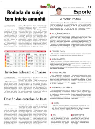 Criciúma, 04 de janeiro de 2013  Sexta-feira         11

   Rodada do suíço                                                                                                                                      Esporte         Bedeu Fernandes



  tem início amanhã                                                                                                     A “fera“ voltou
                                                                                                    Pra mim não foi surpresa       B, elogiado pelo Brasil intei-   que terminou a temporada
                                                                                                  nenhuma a presença do Zé         ro, o artilheiro deu as caras    também chamou a atenção.
BALNEÁRIO RINCÃO                roró e A Br uxa/Contabi-          Netto Contabilidade/ Vi-        Carlos na reapresentação         e cumpriu o seu dever de         Isso representa dizer que
                                lidade Contemp/ Duzzioni          gilância Radar/ MEG/ Za-        do grupo do Criciúma. De-        atleta do Tigre.                 Paulo Comelli terá nesta
                                Assessoria e Contabilida-         maco.                           pois de uma brilhante cam-          O fato de estar mais          temporada o artilheiro a
  A quarta rodada do            de x Metalúrgica Artes em           No domingo, enfren-           panha no brasileiro da Série     ou menos dentro do peso          sua disposição.
Campeonato de Futebol           Ferro, a partir das 14h30.        tam-se Denim Soluções
Suíço de Areia da Zona             Os demais jogos do dia         Têxteis/ Lavanderia Glo-
Sul Diurno 2012/2013            acontecerão na sequência          bal/Campos Dias x Clíni-         RELAÇÃO DOS NOVOS
– Taça SDR Criciúma – co-       e envolverão Delta Print/         ca Dr.Irani/Ocam Segu-
meça amanhã à tarde nas         Zamaco/JR         Automação       rança, Multicópias/ Posto         Chegaram e se apresentaram os goleiros         Ezequiel, Matheus Ferraz, Ewerton Páscoa e
areias do Balneário Rin-        Industrial/ Brothers x Gi-        São Pedro/ Nei Neto Auto-       Darley e Helton Leite, o zagueiro Ewerthon       Marlon; Amaral, Everton Luiz, Elson e Diego
cão, com a disputa da           raffas/Amaretti Bebidas,          móveis x Oriente/ MDS e         Páscoa e o meio de campo Élson. Ainda fal-       Renan, Zé Carlos e Tartá ou Lins.
quarta rodada.                  Posto Dario/São José/Can-         Comerciário 25 anos/ For-       tam chegar os volantes Amaral, João Victor e       Ainda estão sendo negociados mais alguns
  No sábado, jogarão Mar-       tinho da Massa/GOF x              quilhinha x Inimigos da         Everton Luiz, o meia Tartá, os laterais Diego    jogadores para deﬁnir o grupo para a pri-
lan Embalagens/Gráfica          Na sp olin i/ P remat e c/ D e-   Bola/ Expressão Transpor-       Renan e Gilson e o atacante Fabinho.             meira competição de 2013, o catarinense,
GM/ Vila Nova x Jorginho        cas/ Pizzadoro e Mercado          tes/ Nova Terra Imóveis, a        Somando-se aos remanescentes, o time que       campeonato que o Criciúma precisa vencer.
Lanches/ Restaurante Xo-        Kiane/ Zinil/ Tocantins x         partir das 9 horas.             será comandado pelo Paulo Comelli terá uma       O último caneco conquistado veio somente
                                                                                                  base forte para iniciar o catarinense. Bruno,    em 2005.


                                                                                                   PRIMEIRA ETAPA
                                                                                                    Todos os jogadores contratados e os que permanecerão no majestoso começam uma bateria
                                                                                                  de exames para uma avaliação ideal do estado físico-atlético de cada um.


                                                                                                   SEGUNDA ETAPA
                                                                                                     Aí tudo passa pelas mãos do comandante do time, Paulo Comelli. Como o tempo é curto e a
                                                                                                  situação dos atletas não está dentro da necessidade ideal para iniciar a competição, acho que
                                                                                                  os jogos treinos deverão ser deixados de lado.
                                                                                                     O melhor mesmo será trabalhar a parte física para depois iniciar os trabalhos com bola. A
                                                                                                  pré-temporada exige sempre uma boa base de preparação para evitar lesões extemporâne-
                                                                                                  as no transcorrer do catarinense.


 Invictos lideram o Praião                                                                         NOMES, VALORES
                                                                                                    Pois é. A especulação fica por conta              Suas palavras sempre foram no sen-
                                                                                                  da formação do grupo e quanto ele cus-           tido de contratar o mínimo necessário
BALNEÁRIO RINCÃO                Praia x Siderópolis. Em se-       Nova/Manaus duela com o         tará aos cofres do Criciúma. Como isso           e ir reforçando o grupo a medida do
                                guida será a vez de Quar-         São José.                       sempre foi a maior preocupação do pre-           andamento do catarinense. Se isso se
                                ta Linha x Ajax brigarem            Além da classificação à       sidente Antenor Angeloni duvido que ele          confirmar, a contratação de mais nomes
   O Praião volta a agitar as   pela vitória. Comerciário e       fase final, as equipes bri-     extrapole o valor a ser investido no gru-        começa a ser pensada nos seus mínimos
areias do Balneário Rincão      São Martinho fazem o úl-          gam pela Taça Bado Pache-       po que inicia a temporada.                       detalhes.
no fim de semana com a re-      timo jogo do sábado, às 18        co, concedido ao campeão
alização da terceira rodada.    horas. No domingo, pela           da etapa inicial da competi-
Seis jogos estão programados    manhã, o Brasil Pedreiras         ção. Na briga por este títu-     PENSANDO A SEQUÊNCIA
para areias do balneário com    desafia o Trilho. À tarde, a      lo, São José, Trilho e Praia
três jogos no sábado à tarde.   partir das 15 horas, o Praia      são os favoritos, já que são      Pelos nomes anunciados pelo departa-           para ver quem fica e quem deixará o
   A rodada será aberta         faz frente ao Carbonífera         os únicos com 100% de           mento de futebol e os que ainda estão            majestoso. Como os torcedores sempre
às 15 horas com União da        Criciúma, enquanto o Vila         aproveitamento.                 sendo negociados, vejo que a montagem            pedem um time competitivo e qualifica-
                                                                                                  do grupo não está sendo feita somente            do acho que o presidente, agindo des-
                                                                                                  para o catarinense.                              sa forma, atende não somente sua mas-


Desaﬁo das estrelas de kart
                                                                                                    A tendência é que as avaliações já es-         sa torcedora como também o treinador
                                                                                                  tarão sendo feitas durante o catarinense         Paulo Comelli.



                                                                                                      LUCCA
CRICIÚMA                          Disputada pela primeira         – o Beto Carrero World é
                                vez em janeiro, entre os dias     localizado no Balneário da            O Cruzeiro ainda não oficializou a negociação de empréstimo do Lucca
                                12 e 13 (antes era realizada      Penha, a 120 km da capital          pelos quatro jogadores já anunciados por aqui. A direção do time mineiro
   Fora da Sauber e sem         em dezembro, encerrando a         catarinense.                        tenta se cercar de todos os cuidados necessários com relação à cirurgia de
chances de conseguir vaga       temporada do automobilis-            Atual campeão da prova,          joelho que o jovem jogador do Criciúma fez no segundo joelho.
em outra equipe competi-        mo), a prova também con-          Jaime Alguersuari é outro
tiva da Fórmula 1, Kamui        tará com Felipe Massa, um         confirmado entre os partici-
Kobayashi tem data defini-      de seus promotores, Rubens        pantes. Único piloto a vencer
da para retornar às pistas.     Barrichello, Nelsinho Piquet,     o Desafio duas vezes, Mi-
                                                                                                     TITE                                          CORINTHIANS
Nesta quinta, a organização     Lucas Di Grassi, Jules Bian-      chael Schumacher segue sem          O treinador do Corinthians, cam-               Em função da bela atuação do seu
do Desafio das Estrelas de      chi e Fernando Alonso.            voltar ao Brasil para a dis-     peão da libertadores e do mundo,               treinador e do seu time, o time pau-
kart confirmou a presença         Além da alteração na data,      puta da competição. Após a       lidera a lista dos treinadores vence-          lista é o primeiro nome da lista como
do japonês no kartódromo        será a primeira vez em sete       conquista de 2009, o alemão      dores da temporada passada. Suas               melhor clube sul americano dos últi-
do parque do Beto Carrero       anos que a prova será reali-      não mais esteve entre os par-    conquistas o colocam entre os maio-            mos cinco anos e também da tempo-
World, em Santa Catarina.       zada fora de Florianópolis        ticipantes da prova.             res destaques esportivos de 2012.              rada de 2012.
 