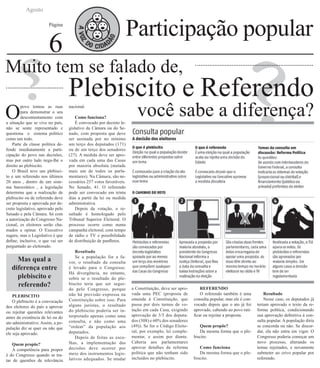 ? ?
Agosto
Página
6
Muito tem se falado de,
O
povo tomou as ruas
para demonstrar o seu
descontentamento com
a situação que se vive no país,
não se sente representado e
questiona o sistema político
como um todo.
Parte da classe política de-
fende imediatamente a parti-
cipação do povo nas decisões,
mas por outro lado nega-lhe o
direito ao plebiscito.
O Brasil teve um plebisci-
to e um referendo nos últimos
20 anos , dentro de um siste-
ma burocrático , a legislação
determina que a realização de
plebiscito ou de referendo deve
ser proposta e aprovada por de-
creto legislativo, aprovado pelo
Senado e pela Câmara. Só com
a autorização do Congresso Na-
cional, os eleitores serão cha-
mados a opinar. O Executivo
sugere, mas o Legislativo é que
define, inclusive, o que vai ser
perguntado ao eleitorado.
Mas qual a
diferença entre
plebiscito e
referendo?
PLEBISCITO
O plebiscito é a convocação
dos eleitores do país a aprovar
ou rejeitar questões relevantes
antes da existência de lei ou do
ato administrativo. Assim, a po-
pulação diz se quer ou não que
ele seja aprovado.
Quem propõe?
A competência para propor
é do Congresso quando se tra-
tar de questões de relevância
nacional.
Como funciona?
É convocado por decreto le-
gislativo da Câmara ou do Se-
nado, com proposta que deve
ser assinada por no mínimo
um terço dos deputados (171)
ou de um terço dos senadores
(27). A medida deve ser apro-
vada em cada uma das Casas
por maioria absoluta (metade
mais um de todos os parla-
mentares). Na Câmara, são ne-
cessários 257 votos favoráveis.
No Senado, 41. O referendo
pode ser convocado em trinta
dias a partir da lei ou medida
administrativa.
Depois da votação, o re-
sultado é homologado pelo
Tribunal Superior Eleitoral. O
processo ocorre como numa
campanha eleitoral, com tempo
de rádio e TV e possibilidade
de distribuição de panfletos.
Resultado
Se a população for a fa-
vor, o resultado da consulta
é levado para o Congresso.
Há divergência, no entanto,
sobre se o resultado do ple-
biscito teria que ser segui-
do pelo Congresso, porque
não há previsão expressa na
Constituição sobre isso. Para
alguns juristas, o resultado
do plebiscito poderia ser in-
terpretado apenas como uma
consulta, e não como uma
“ordem” da população aos
deputados.
Depois de feitas as esco-
lhas, a implementação das
decisões deve ocorrer por
meio dos instrumentos legis-
lativos adequados. Se mudar
a Constituição, deve ser apro-
vada uma PEC (proposta de
emenda à Constituição, que
passa por dois turnos de vo-
tação em cada Casa, exigindo
aprovação de 3/5 dos deputa-
dos (308) e 60% dos senadores
(49)). Se for o Código Eleito-
ral, por exemplo, lei comple-
mentar, e assim por diante.
Caberia aos parlamentares
aprovar detalhes da reforma
política que não tenham sido
incluídos no plebiscito.
Participação popular
Plebiscito e Referendo
você sabe a diferença?
REFERENDO
O referendo também é uma
consulta popular, mas ele é con-
vocado depois que o ato já foi
aprovado, cabendo ao povo rati-
ficar ou rejeitar a proposta.
Quem propõe?
Da mesma forma que o ple-
biscito.
Como funciona
Da mesma forma que o ple-
biscito.
Resultado
Nesse caso, os deputados já
teriam aprovado o texto da re-
forma política, condicionando
sua aprovação definitiva à con-
sulta popular. A população diria
se concorda ou não. Se discor-
dar, ela não entra em vigor. O
Congresso poderia começar um
novo processo, alterando os
temas rejeitados, e novamente
submeter ao crivo popular por
referendo.
 