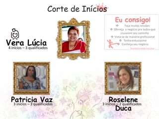 Corte de Inícios
Patricia Vaz
4 inícios – 3 qualificados
Vera Lúcia
3 inícios – 3 qualificados
Roselene
Duca
3 inícios – 2 qualificados
Eu consigo!
 Faça muitas sessões
 Ofereça o negócio pra todos que
cruzarem seu caminho
 Vista-se de maneira profissional
 Tenha entusiasmo
 Conheça seu negócio
- Na próxima edição mais dicas
 