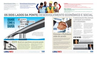 Desenvolvimento Urbano Desenvolvimento Socioeconômico Logística
Meio Ambiente
• Novo eixo de expansão urbana para oeste e sul
• Criação de planos municipais e intermunicipais para a ilha
• Vera Cruz e Itaparica como cidades planejadas
• Investimentos em infraestrutura básica
• Requalificação dos acessos viários de Salvador,
Vera Cruz e Itaparica
• Recuperação do patrimônio histórico de Salvador
e Ilha de Itaparica
• Novo eixo de desenvolvimento para o Recôncavo Sul e Baixo Sul
• Geração de milhares de empregos diretos e indiretos
• Aumento da renda da população
• Melhoria da qualidade de vida da região
• Oportunidade de grandes investimentos, na ilha e regiões ao sul
• Aumento do turismo no Litoral Sul
• Nova alternativa de acesso à RMS, que hoje só dispõe da BR-324
• Maior conectividade e eficiência logística da RMS com o sul do estado
• Aumento do fluxo de pessoas, serviços e mercadorias
• Economia de mais de 40% de distância rodoviária entre Salvador e 24 cidades do entorno
• Conexão com ferrovias, hidrovia e complexos portuários para escoamento de produção agrícola e industrial
• Ampliar a conservação do meio ambiente
• Mitigar impactos ambientais
• Redução de 4 milhões de toneladas de CO² emitido nos próximos 30 anos, equivalente a tráfego médio de 50 mil
carros no mesmo período
OS DOIS LADOS DA PONTE: DESENVOLVIMENTO ECONÔMICO E SOCIAL
grande
comoa
bahia
O projeto está adequado a um fluxo de
tráfego crescente, resultante não apenas do
movimento desviado das rodovias existentes e
daquele induzido pelo aumento da população
da ilha, mas também pelo incremento, a longo
prazo, da renda dos baianos.
2ª
6
12km
23ª 2
maiordaaméricalatina
avozdabaía
faixasdetráfego
aproximadamente
maiordomundo pistasdeacostamento
Brasil tem experiência com ponte grande
A Ponte Presidente Costa e Silva, conhecida
como Rio-Niterói, foi inaugurada em 1974, com
13 km de extensão entre as margens da Baía de
Guanabara, reduzindo em 100 km a conexão
litorânea entre o nordeste e o sudeste do estado.
A partir da ponte, Niterói se tornou uma cidade
voltada para serviços, moradia e comércio de
alto padrão. Hoje, 30% da sua população é
composta por classes A e B, e tem o sétimo
maior Índice de Desenvolvimento Humano
(IDH) municipal do país.
Essa construção foi possível há quase 40 anos
e, desde então, o mundo conquistou inúmeros
avanços em tecnologias de engenharia e
segurança, prometendo mais garantias de
eficiência à obra da ponte baiana.
história
Governo e Prefeituras
estão de acordo
Cadastramento lista imóveis
e principais necessidades
das comunidades
Para facilitar o acesso e interação entre os órgãos durante os estudos
para a construção da Ponte, foi assinado um acordo de cooperação
técnica entre o Governo do Estado e as Prefeituras de Salvador,
Itaparica, Vera Cruz e Jaguaripe.
Sendo os principais municípios afetados pelo empreendimento, esta
participação é essencial para elaboração do plano de desenvolvimento
socioeconômico da ponte, o que inclui modelagem econômico-
financeira, projetos conceituais de engenharia e análise de impactos
ambientais e culturais.
Além deste acordo, a Secretaria de Desenvolvimento Urbano também
assinou um Termo de Cooperação Técnica com as Prefeituras
de Itaparica e Vera Cruz para viabilizar os estudos voltados ao
desenvolvimento urbano planejado e ordenado da ilha.
Perguntamos a estudiosos e moradores
do entorno da Baía de Todos-os-Santos o
que eles pensam sobre a ponte.
Confira algumas respostas:
Membros da Coordenação de
Desenvolvimento Agrário (CDA),
da Secretaria da Agricultura,
Pecuária, Irrigação, Reforma Agrária,
Pesca e Aquicultura (Seagri) estão
discriminando todos os terrenos
e imóveis das áreas decretadas de
utilidade pública na zona rural da Ilha
de Itaparica.
O objetivo desse trabalho é mapear
e identificar, por meio de registro
em cartório, se são posses, terras
públicas ou propriedades particulares,
o que não quer dizer que haverá
desapropriação dessas terras.
Além disso, os laudos técnicos dessas
áreas diagnosticarão a infraestrutura
do local, tais como saneamento básico,
energia elétrica, água potável, entre
outros aspectos que, havendo carência
identificada, poderão ser incluídos
nas ações do projeto e nos planos
diretores dos municípios da ilha.
As demais áreas rurais não inclusas
nos decretos serão cadastradas em
seguida. Já a parte urbana será
catalogada pela empresa que vencer
o edital para realização dos estudos
urbanísticos.
A ponte vai trazer o desenvolvimento para a ilha,
além de ser uma oportunidade do Governo do
Estado fazer os investimentos de que precisamos.
Janaildes Borges Conceição, presidente do Sindicato
dos Servidores Públicos e Municipais de Vera Cruz - Sinprev
Santo Antônio de Jesus tem um comércio muito forte,
e a ponte será um grande investimento que permitirá a
distribuição para toda a região do entorno e capital.
E ainda vai encurtar o trajeto para Salvador,
dispensando a volta mais longa pelo Recôncavo.
Fernando Henrique Batista Chagas, diretor da RBR e
presidente da Associação Baiana de Rádio e Televisão - Abart
Fique por dentro das novidades sobre a ponte no site www.pontesalvadorilhadeitaparica.ba.gov.br Fique por dentro das novidades sobre a ponte no site www.pontesalvadorilhadeitaparica.ba.gov.br
 