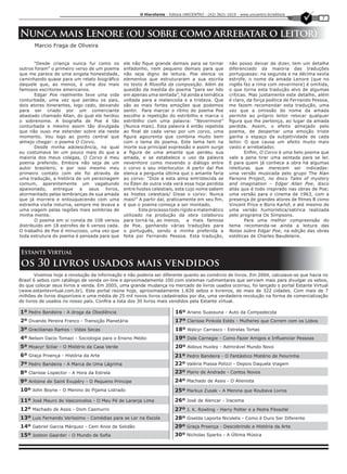 O Hierofante - Editora UNICENTRO - (42) 3621-1019 - www.unicentro.br/editora
                                                                                                                                               7


Nunca mais Lenore (ou sobre como arrebatar o leitor)
       Marcio Fraga de Oliveira


       “Desde criança nunca fui como os          ele não fique grande demais para se tornar           não posso deixar de dizer, tem um detalhe
outros foram” o primeiro verso de um poema       enfadonho, nem pequeno demais para que               diferenciado da maioria das traduções
que me parece de uma singela honestidade,        não seja digno de leitura. Poe elenca os             portuguesas: na segunda e na décima sexta
caminhando quase para um relato biográfico       elementos que estruturaram a sua escrita             estrofe, o nome da amada Lenore (que no
daquele que, ao menos, é uma dos mais            no texto A filosofia da composição. Além da          inglês faz a rima com nevermore) é omitida,
famosos escritores americanos.                   questão da medida do poema “para ser lido            o que torna esta tradução alvo de algumas
       Edgar Poe realmente teve uma vida         em apenas uma sentada”, há ainda a temática          críticas. Mas justamente este detalhe, além
conturbada, uma vez que perdeu os pais,          voltada para a melancolia e a tristeza. Que          é claro, da força poética de Fernando Pessoa,
dois atores itinerantes, logo cedo, deixando     são as mais fortes emoções que podemos               me fazem recomendar esta tradução, uma
para ser criado por um comerciante               sentir. Para marcar o ritmo do poema Poe             vez que a omissão do nome da amada
abastado chamado Allan, do qual ele herdou       escolhe a repetição do estribilho e marca o          permite ao próprio leitor relocar qualquer
o sobrenome. A biografia de Poe é tão            estribilho com uma palavra: “Nevermore”              figura que lhe pertença, ao lugar da amada
conturbada e mesmo assim tão divulgada           (Nunca mais). Esta palavra é então repetida          perdida. Assim, o efeito almejado pelo
que não ouso me estender sobre ela neste         ao final de cada verso por um corvo, uma             poema, de despertar uma emoção triste
momento. Vou logo ao ponto central que           figura agourenta que combina muito bem               ganha o espaço da subjetividade de cada
almejo chegar: o poema O Corvo.                  com o tema do poema. Este tema tem na                leitor. O que causa um efeito muito mais
       Desde minha adolescência, na qual         morte sua principal expressão e assim surge          vasto e arrebatador.
eu costumava ler um pouco mais do que a          a figura de uma amante que perdeu sua                        Enfim, O Corvo é uma belo poema que
maioria dos meus colegas, O Corvo é meu          amada, e se estabelece o uso da palavra              vale a pena tirar uma sentada para se ler.
poema preferido. Embora não seja de um           nevermore como movendo o diálogo entre               E para quem já conhece a obra há algumas
autor brasileiro, e por isso mesmo meu           o corvo e seu interlocutor. A partir daí Poe         releituras que merecem ser indicadas:
primeiro contato com ele foi através de          elenca a pergunta última que o amante faria          uma versão musicada pelo grupo The Alan
uma tradução, a história de um personagem        ao corvo: “Dize a esta alma entristecida se          Parsons Project, no disco Tales of mystery
comum, aparentemente um vagabundo                no Éden de outra vida verá essa hoje perdida         and imagination – Edgar Allan Poe, disco
apaixonado,     entregue    a   seus   livros,   entre hostes celestiais, esta cujo nome sabem        aliás que é todo inspirado nas obras de Poe;
atormentado pelas lembranças de sua amada        as hostes celestiais/ Disse o corvo: Nunca           uma versão para o cinema de 1963, com a
que já morrera e enlouquecendo com uma           mais!” A partir daí, praticamente em seu fim,        presença de grandes atores de filmes B como
estranha visita noturna, sempre me levava a      é que o poema começa a ser montado.                  Vincent Price e Boris Karlof, e até mesmo de
uma viagem pelas regiões mais sombrias de                Este processo todo rígido e matemático       uma versão humorística/satírica realizada
minha mente.                                     utilizado na produção da obra colaborou              pelo programa Os Simpsons.
       O poema em si consta de 108 versos        para torná-la, ao menos,	 a mais famosa                      Para uma melhor compreensão do
distribuido em 18 estrofes de 6 versos cada.     de Poe, ganhando várias traduções para               tema recomenda-se ainda a leitura das
O trabalho de Poe é minucioso, uma vez que       o português, sendo a minha preferida a               Notas sobre Edgar Poe, na edição das obras
toda estrutura do poema é pensada para que       feita por Fernando Pessoa. Esta tradução,            estéticas de Charles Baudelaire.


Estante Virtual

os 30 livros usados mais vendidos
       Vivemos hoje a revolução da informação e não poderia ser diferente quanto ao comércio de livros. Em 2004, calculava-se que havia no
Brasil 6 sebos com catálogo de venda on-line e aproximadamente 100 com sistemas rudimentares que serviam mais para divulgar os sebos,
do que colocar seus livros a venda. Em 2005, uma grande mudança no mercado de livros usados ocorreu, foi lançado o portal Estante Virtual
(www.estantevirtual.com.br). Este portal reúne hoje, aproximadamente 1.826 sebos e livreiros, de mais de 322 cidades. Com mais de 7
milhões de livros disponíveis e uma média de 25 mil novos livros cadastrados por dia, uma verdadeira revolução na forma de comercialização
de livros de usados no nosso país. Confira a lista dos 30 livros mais vendidos pela Estante virtual.

1º Pedro Bandeira - A droga da Obediência                                 16º Ariano Suassuna - Auto da Compadecida
2º Divando Pereira Franco - Transição Planetária                          17º Clarissa Pinkola Estés - Mulheres que Correm com os Lobos
3º Gracilianao Ramos - Vidas Secas                                        18º Walcyr Carrasco - Estrelas Tortas
4º Nelson Dacio Tomazi - Sociologia para o Ensino Médio                   19º Dale Carnegie - Como Fazer Amigos e Influenciar Pessoas
5º Moacyr Scliar - O Mistério da Casa Verde                               20º Aldous Huxley - Admirável Mundo Novo
6º Graça Proença - História da Arte                                       21º Pedro Bandeira - O Fantástico Mistério de Feiurinha
7º Pedro Bandeira - A Marca de Uma Lágrima                                22º Valéria Piassa Polizzi - Depois Daquela Viagem
8º Clarisse Lispector - A Hora da Estrela                                 23º Mario de Andrade - Contos Novos
9º Antoine de Saint Exupéry - O Pequeno Príncipe                          24º Machado de Assis - O Alienista
10º John Boyne - O Menino do Pijama Listrado                              25º Markus Zusak - A Menina que Roubava Livros
11º José Mauro de Vasconcelos - O Meu Pé de Laranja Lima                  26º José de Alencar - Iracema
12º Machado de Assis - Dom Casmurro                                       27º J. K. Rowling - Harry Potter e a Pedra Filosofal
13º Luis Fernando Veríssimo - Comédias para se Ler na Escola              28º Giselda Laporta Nicolelis - Como é Duro Ser Diferente
14º Gabriel Garcia Márquez - Cem Anos de Solidão                          29º Graça Proença - Descobrindo a História da Arte
15º Jostein Gaarder - O Mundo de Sofia                                    30º Nicholas Sparks - A Última Música
 
