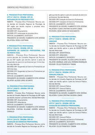 ementas dos processos 2013
8. ProCEsso ÉTiCo-ProFissionAl
CFP n.º 2947/12– oriGEm: CrP-09
insTAUrAçÃo do ProCEsso ÉTiCo
EMENTA – Processo Ético Profissional. Recurso con-
tra decisão do Conselho Regional de Psicologia da
09ª região que decidiu arquivar o processo ético.
Decisão Reformada.
DECISÃO CRP: Arquivamento;
DECISÃO CFP: Instauração do processo ético;
DATA DO JULGAMENTO: 25/07/2013
PRESIDENTE DA SESSÃO: HUMBERTO COTA VERONA
RELATORA: ROSELI GOFFMAN
9. ProCEsso ÉTiCo-ProFissionAl
CFP n.º 3146/12– oriGEm: CrP-05
sUsPEnsÃo do EXErCÍCio ProFissionAl Por
30(TrinTA) diAs.
EMENTA – Processo Ético Profissional. Recurso
contra decisão do Conselho Regional de Psicolo-
gia da 05ª região que decidiu aplicar a pena de
suspensão do exercício profissional por trinta dias.
Decisão Mantida.
DECISÃO CRP: Suspensão do Exercício Profissional por
30(trinta) dias;
DECISÃO CFP: Suspensão do Exercício Profissional por
30(trinta) dias;
DATA DO JULGAMENTO: 25/07/2013
PRESIDENTE DA SESSÃO: HUMBERTO COTA VERONA
RELATOR: ALUÍZIO LOPES DE BRITO
10. ProCEsso ÉTiCo-ProFissionAl
CFP n.º 3308/12– oriGEm: CrP-08
AdvErTênCiA
EMENTA – Processo Ético Profissional. Recurso contra
decisão do Conselho Regional de Psicologia da 08ª região
que decidiu arquivar o processo ético. Decisão Reformada.
DECISÃO CRP: Arquivamento;
DECISÃO CFP: Advertência;
DATA DO JULGAMENTO: 25/07/2013
PRESIDENTE DA SESSÃO: HUMBERTO COTA VERONA
RELATORA: CYNTHIA REJANNE CORRÊA ARAÚJO
CIARALLO
11. ProCEsso ÉTiCo-ProFissionAl
CFP n.º 3314/12– oriGEm: CrP-09
CAssAçÃo do EXErCÍCio ProFissionAl
EMENTA – Processo Ético Profissional. Recurso contra
decisão do Conselho Regional de Psicologia da 09ª re-
gião que decidiu aplicar a pena de cassação do exercício
profissional. Decisão Mantida.
DECISÃO CRP Cassação do Exercício Profissional;
DECISÃO CFP: Cassação do Exercício Profissional;
DATA DO JULGAMENTO: 25/07/2013
PRESIDENTE DA SESSÃO: HUMBERTO COTA VERONA
RELATORA: FLÁVIA CRISTINA SILVEIRA LEMOS
REVISORA: DEISE MARIA DO NASCIMENTO
12. ProCEsso ÉTiCo-ProFissionAl
CFP n.º 3348/12– oriGEm: CrP-08
ArQUivAr
EMENTA – Processo Ético Profissional. Recurso con-
tra decisão do Conselho Regional de Psicologia da 08ª
região que decidiu aplicar a pena de ADVERTÊNCIA.
Decisão Reformada.
DECISÃO CRP: ADVERTÊNCIA;
DECISÃO CFP: ARQUIVAR;
DATA DO JULGAMENTO: 20/09/2013
PRESIDENTE DA SESSÃO: ALUÍZIO LOPES DE BRITO
RELATOR: HENRIQUE JOSÉ LEAL FERREIRA RODRIGUES
REVISOR: CELSO FRANCISCO TONDIN
13. ProCEsso ÉTiCo-ProFissionAl
CFP n.º 3565/12– oriGEm: CrP-06
CEnsUrA PúbliCA
EMENTA – Processo Ético Profissional. Recurso con-
tra decisão do Conselho Regional de Psicologia da 06ª
região que decidiu aplicar a pena de Censura Pública.
Decisão Mantida.
DECISÃO CRP: Censura Pública;
DECISÃO CFP: Censura Pública;
DATA DO JULGAMENTO: 25/07/2013
PRESIDENTE DA SESSÃO: HUMBERTO COTA VERONA
RELATORA: FLÁVIA CRISTINA SILVEIRA LEMOS
14. ProCEsso ÉTiCo-ProFissionAl
CFP n.º 3622/12– oriGEm: CrP-08
CAssAçÃo do EXErCÍCio ProFissionAl
EMENTA – Processo Ético Profissional. Recurso con-
tra decisão do Conselho Regional de Psicologia da 08ª
região que decidiu aplicar a pena de Censura Pública.
Decisão Reformada.
DECISÃO CRP: Censura Pública;
DECISÃO CFP: Cassação do Exercício Profissional;
DATA DO JULGAMENTO: 25/07/2013
PRESIDENTE DA SESSÃO: HUMBERTO COTA VERONA
RELATOR: CELSO FRANCISCO TONDIN
 