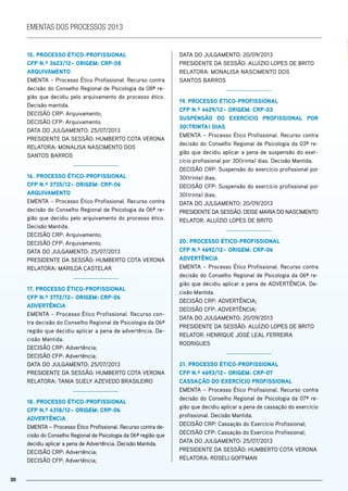 3030
15. ProCEsso ÉTiCo-ProFissionAl
CFP n.º 3623/12– oriGEm: CrP-08
ArQUivAmEnTo
EMENTA – Processo Ético Profissional. Recurso contra
decisão do Conselho Regional de Psicologia da 08ª re-
gião que decidiu pelo arquivamento do processo ético.
Decisão mantida.
DECISÃO CRP: Arquivamento;
DECISÃO CFP: Arquivamento;
DATA DO JULGAMENTO: 25/07/2013
PRESIDENTE DA SESSÃO: HUMBERTO COTA VERONA
RELATORA: MONALISA NASCIMENTO DOS
SANTOS BARROS
16. ProCEsso ÉTiCo-ProFissionAl
CFP n.º 3735/12– oriGEm: CrP-06
ArQUivAmEnTo
EMENTA – Processo Ético Profissional. Recurso contra
decisão do Conselho Regional de Psicologia da 06ª re-
gião que decidiu pelo arquivamento do processo ético.
Decisão Mantida.
DECISÃO CRP: Arquivamento;
DECISÃO CFP: Arquivamento;
DATA DO JULGAMENTO: 25/07/2013
PRESIDENTE DA SESSÃO: HUMBERTO COTA VERONA
RELATORA: MARILDA CASTELAR
17. ProCEsso ÉTiCo-ProFissionAl
CFP n.º 3772/12– oriGEm: CrP-06
AdvErTênCiA
EMENTA – Processo Ético Profissional. Recurso con-
tra decisão do Conselho Regional de Psicologia da 06ª
região que decidiu aplicar a pena de advertência. De-
cisão Mantida.
DECISÃO CRP: Advertência;
DECISÃO CFP: Advertência;
DATA DO JULGAMENTO: 25/07/2013
PRESIDENTE DA SESSÃO: HUMBERTO COTA VERONA
RELATORA: TANIA SUELY AZEVEDO BRASILEIRO
18. ProCEsso ÉTiCo-ProFissionAl
CFP n.º 4318/12– oriGEm: CrP-06
AdvErTênCiA
EMENTA – Processo Ético Profissional. Recurso contra de-
cisão do Conselho Regional de Psicologia da 06ª região que
decidiu aplicar a pena de Advertência. Decisão Mantida.
DECISÃO CRP: Advertência;
DECISÃO CFP: Advertência;
DATA DO JULGAMENTO: 20/09/2013
PRESIDENTE DA SESSÃO: ALUÍZIO LOPES DE BRITO
RELATORA: MONALISA NASCIMENTO DOS
SANTOS BARROS
19. ProCEsso ÉTiCo-ProFissionAl
CFP n.º 4629/12– oriGEm: CrP-03
sUsPEnsÃo do EXErCÍCio ProFissionAl Por
30(TrinTA) diAs
EMENTA – Processo Ético Profissional. Recurso contra
decisão do Conselho Regional de Psicologia da 03ª re-
gião que decidiu aplicar a pena de suspensão do exer-
cício profissional por 30(trinta) dias. Decisão Mantida.
DECISÃO CRP: Suspensão do exercício profissional por
30(trinta) dias;
DECISÃO CFP: Suspensão do exercício profissional por
30(trinta) dias;
DATA DO JULGAMENTO: 20/09/2013
PRESIDENTE DA SESSÃO: DEISE MARIA DO NASCIMENTO
RELATOR: ALUÍZIO LOPES DE BRITO
20. ProCEsso ÉTiCo-ProFissionAl
CFP n.º 4692/12– oriGEm: CrP-06
AdvErTênCiA
EMENTA – Processo Ético Profissional. Recurso contra
decisão do Conselho Regional de Psicologia da 06ª re-
gião que decidiu aplicar a pena de ADVERTÊNCIA. De-
cisão Mantida.
DECISÃO CRP: ADVERTÊNCIA;
DECISÃO CFP: ADVERTÊNCIA;
DATA DO JULGAMENTO: 20/09/2013
PRESIDENTE DA SESSÃO: ALUÍZIO LOPES DE BRITO
RELATOR: HENRIQUE JOSÉ LEAL FERREIRA
RODRIGUES
21. ProCEsso ÉTiCo-ProFissionAl
CFP n.º 4693/12– oriGEm: CrP-07
CAssAçÃo do EXErCÍCio ProFissionAl
EMENTA – Processo Ético Profissional. Recurso contra
decisão do Conselho Regional de Psicologia da 07ª re-
gião que decidiu aplicar a pena de cassação do exercício
profissional. Decisão Mantida.
DECISÃO CRP: Cassação do Exercício Profissional;
DECISÃO CFP: Cassação do Exercício Profissional;
DATA DO JULGAMENTO: 25/07/2013
PRESIDENTE DA SESSÃO: HUMBERTO COTA VERONA
RELATORA: ROSELI GOFFMAN
ementas dos processos 2013
 