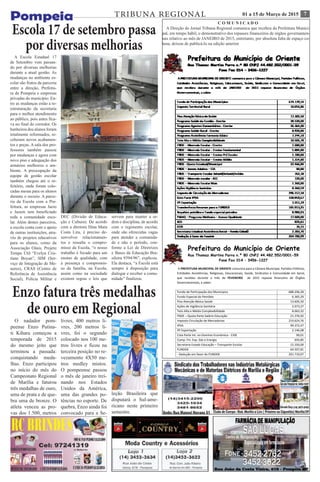 701 a 15 de Março de 2015TRIBUNA REGIONAL
C O M U N I C A D O
A Direção do Jornal Tribuna Regional comunica que recebeu da Prefeitura Munici-
pal, em tempo hábil, o demonstrativo dos repasses financeiros de órgãos governamen-
tais relativo ao mês de JANEIRO de 2015, entretanto, por absoluta falta de espaço co-
luna, deixou de publicá-lo na edição anterior
Prefeitura do Município de Oriente
Rua Thomaz Martins Parra n.º 80 CNPJ 44.482.552/0001-59
Fone Fax 014 – 3456-1227
A PREFEITURA MUNICIPAL DE ORIENTE comunica para a Câmara Municipal, Partidos Políticos,
Entidades Assistências, Religiosas, Educacionais, Saúde, Sindicatos e Comunidade em Geral,
que recebeu durante o mês de FEVEREIRO de 2015 repasse financeiro de Órgãos
Governamentais, a saber:
Fundo de Participação dos Municípios 688.206,28
Fundo Especial do Petróleo 6.365,29
Piso Atenção Básica Saúde 13.605,50
Ações de Vigilância Sanitária 2.073,27
Teto Alta e Média Complexibilidade 8.063,32
FNDE – Quota Parte Salário Educação 21.376,92
Imposto Circulação de Mercadorias 219.624,76
IPVA 99.372,47
IPI Exportação 2.146,08
Cota Parte Int. no Domínio Econômico - CIDE 90,01
Comp. Fin. Exp. Gás e Energia 693,85
Secretaria Estado Educação – Transporte Escolar 15.350,00
FUNDEB 64.507,81
- Dedução em favor do FUNDEB 201.710,07
Escola 17 de setembro passa
por diversas melhorias
A Escola Estadual 17
de Setembro vem passan-
do por diversas melhorias
durante a atual gestão. As
mudanças no ambiente es-
colar são frutos da parceria
entre a direção, Prefeitu-
ra de Pompeia e empresas
privadas do município. En-
tre as mudanças estão a re-
estruturação da secretaria
para o melhor atendimento
ao público, pois antes fica-
va no final do corredor. Os
banheiros dos alunos foram
totalmente reformados, re-
ceberam novos acabamen-
tos e peças. A sala dos pro-
fessores também passou
por mudanças e agora com
novo piso e adequação dos
armários melhorou o am-
biente. A preocupação da
equipe de gestão escolar
também chegou até o re-
feitório, onde foram colo-
cadas mesas para os alunos
durante o recreio. A parce-
ria da Escola com a Pre-
feitura, as empresas Jacto
e Jazem tem beneficiado
toda a comunidade esco-
lar. Além destes parceiros,
a escola conta com o apoio
de outras instituições, atra-
vés de projetos educativos
para os alunos, como da
Associação Oásis, Projeto
Tempo Útil “Evelyn Cris-
tiane Boyan”, SIM (Ser-
viço de Integração de Me-
nores), CRAS (Centro de
Referência de Assistência
Social), Polícia Militar e
DEC (Divisão de Educa-
ção e Cultura). De acordo
com a diretora Dina Mara
Costa Lira, é preciso de-
senvolver relacionamen-
tos e ressalta o compro-
misso da Escola, “o nosso
trabalho é focado para um
ensino de qualidade, com
a presença e compromis-
so da família, na Escola,
assim como na sociedade
existem regras e leis que
servem para manter a or-
dem e disciplina, de acordo
com o regimento escolar,
onde são oferecidas vagas
para atender a comunida-
de e não o período, con-
forme a Lei de Diretrizes
e Bases da Educação Bra-
sileira 9394/96”, explicou.
Ela destaca, “a Escola está
sempre à disposição para
dialogar e receber a comu-
nidade” finalizou.
Enzo fatura três medalhas
de ouro em Regional
O nadador pom-
peense Enzo Putina-
ti Kihara começou a
temporada de 2015
do mesmo jeito que
terminou a passada:
conquistando meda-
lhas. Enzo participou
no início do mês do
Campeonato Regional
de Marília e faturou
três medalhas de ouro,
uma de prata e de que-
bra uma de bronze. O
atleta venceu as pro-
vas dos 1.500, metros
livres, 400 metros li-
vres, 200 metros li-
vres, foi o segundo
colocado nos 100 me-
tros livres e ficou na
terceira posição no re-
vezamento 4X50 me-
tros medley mistos.
O pompeense passou
o mês de janeiro trei-
nando nos Estados
Unidos da América,
uma das grandes po-
tências no esporte. De
quebra, Enzo ainda foi
convocado para a Se-
leção Brasileira que
disputará o Sul-ame-
ricano neste primeiro
semestre.
 