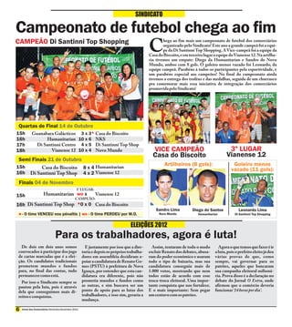 SINDICATO

Campeonato de futebol chega ao fim
CAMPEÃO Di Santinni Top Shopping
                                                                                           C
                                                                                                   hega ao fim mais um campeonato de futebol dos comerciários
                                                                                                   organizado pelo Sindicato! Este ano a grande campeã foi a equi-
                                                                                                   pe da Di Santinni Top Shopping. A Vice-campeã foi a equipe da
                                                                                           Casa do Biscoito, e em terceiro lugar a equipe do Vianense 12. Na artilha-
                                                                                           ria tivemos um empate: Diego da Humanitarian e Sandro do Novo
                                                                                           Mundo, ambos com 8 gols. O goleiro menos vazado foi Leonardo, da
                                                                                           equipe campeã. Parabéns à todos os participantes pela esportividade, e
                                                                                           um parabéns especial aos campeões! No final do campeonato ainda
                                                                                           tivemos a entrega dos troféus e das medalhas, seguida de um churrasco
                                                                                           pra comemorar mais essa iniciativa de integração dos comerciários
                                                                                           promovida pelo Sindicato!




 Quartas de Final 14 de Outubro
15h       Guanabara Galácticos                     03 x 3* Casa do Biscoito
16h              Humanitarian                      10 x 60 NKS
17h         Di Santinni Centro                     04 x 50 Di Santinni Top Shop
18h                Vianense 12                     10 x 40 Novo Mundo                        VICE CAMPEÃO                                3º LUGAR
                                                                                             Casa do Biscoito                           Vianense 12
 Semi Finais 21 de Outubro
15h
                                                                                                   Artilheiros (8 gols):                    Goleiro menos
              Casa do Biscoito 08 x 4 Humanitarian                                                                                         vazado (11 gols):
16h      Di Santinni Top Shop 04 x 2 Vianense 12
 Finais 04 de Novembro
                                              3° LUGAR:
15h                Humanitarian wo x 00 Vianense 12
                                             CAMPEÃO:
16h Di Santinni Top Shop *0 x 00 Casa do Biscoito
                                                                                               Sandro Lima          Diego do Santos            Leonardo Lima
  - O time VENCEU nos pênaltis | wo - O time PERDEU por W.O.                                    Novo Mundo             Humanitarian          Di Santinni Top Shopping


                                                                                ELEIÇÕES 2012
                             Para os trabalhadores, agora é luta!
  De dois em dois anos somos                          E justamente por isso que a dire-      Assim, tentaram de todo o modo        Agora o que temos que fazer é ir
convocados à participar dos jogo                    toria e depois os próprios trabalha-   excluir Renato dos debates, abusa-    a luta, pois o prefeito eleito já deu
de cartas marcadas que é a elei-                    dores em assembléia decidiram a-       ram do poder econômico e usaram       várias provas de que, como
ção. Os candidatos tradicionais                     poiar a candidatura de Renato Go-      todo o tipo de baixaria, mas sua      sempre, vai governar para os
prometem mundos e fundos                            mes (PSTU) à prefeitura de Nova        candidatura conseguiu mais de         patrões, aqueles que bancaram
para, no final das contas, tudo                     Iguaçu, por entender que esta can-     1.000 votos, mostrando que nem        sua campanha eleitoral milioná-
permanecer como está.                               didatura era diferente, pois não       todos estão de acordo com esse        ria. Prova disso é a declaração no
  Por isso o Sindicato sempre se                    prometia mundos e fundos como          troca-troca eleitoral. Uma impor-     debate do Jornal O Extra, onde
pautou pela luta, pois é através                    as outras, e sim buscava ser um        tante conquista que nos fortalece.    afirmou que o comércio deveria
dela que conseguimos mais di-                       ponto de apoio para as lutas dos       E o mais importante: Sem pegar        funcionar ‘24 horas por dia’.
reitos e conquistas.                                trabalhadores, e isso sim, geraria a   um centavo com os patrões.
                                                    mudança.

  Jornal dos Comerciários Novembro-Dezembro 2012
 