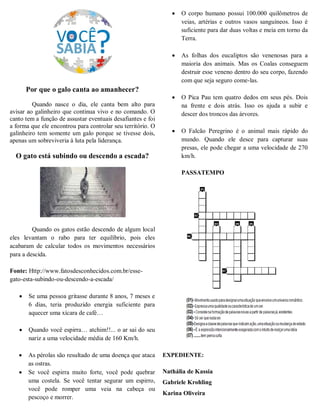 Por que o galo canta ao amanhecer?
Quando nasce o dia, ele canta bem alto para
avisar ao galinheiro que continua vivo e no comando. O
canto tem a função de assustar eventuais desafiantes e foi
a forma que ele encontrou para controlar seu território. O
galinheiro tem somente um galo porque se tivesse dois,
apenas um sobreviveria à luta pela liderança.
O gato está subindo ou descendo a escada?
Quando os gatos estão descendo de algum local
eles levantam o rabo para ter equilíbrio, pois eles
acabaram de calcular todos os movimentos necessários
para a descida.
Fonte: Http://www.fatosdesconhecidos.com.br/esse-
gato-esta-subindo-ou-descendo-a-escada/
 Se uma pessoa gritasse durante 8 anos, 7 meses e
6 dias, teria produzido energia suficiente para
aquecer uma xícara de café…
 Quando você espirra… atchim!!... o ar sai do seu
nariz a uma velocidade média de 160 Km/h.
 As pérolas são resultado de uma doença que ataca
as ostras.
 Se você espirra muito forte, você pode quebrar
uma costela. Se você tentar segurar um espirro,
você pode romper uma veia na cabeça ou
pescoço e morrer.
 O corpo humano possui 100.000 quilômetros de
veias, artérias e outros vasos sanguíneos. Isso é
suficiente para dar duas voltas e meia em torno da
Terra.
 As folhas dos eucaliptos são venenosas para a
maioria dos animais. Mas os Coalas conseguem
destruir esse veneno dentro do seu corpo, fazendo
com que seja seguro come-las.
 O Pica Pau tem quatro dedos em seus pés. Dois
na frente e dois atrás. Isso os ajuda a subir e
descer dos troncos das árvores.
 O Falcão Peregrino é o animal mais rápido do
mundo. Quando ele desce para capturar suas
presas, ele pode chegar a uma velocidade de 270
km/h.
PASSATEMPO
EXPEDIENTE:
Nathália de Kassia
Gabriele Krohling
Karina Oliveira
 