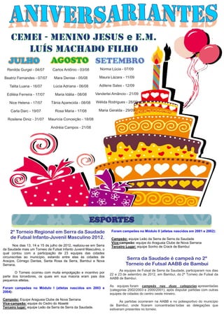 CEMEI - Menino Jesus e E.M.
        Luís Machado Filho
   JULHO                      AGOSTO SETEMBRO
  Renilda Gurgel - 04/07       Carlos Antônio - 03/08         Norma Lúcia - 07/09

 Beatriz Fernandes - 07/07      Mara Denise - 05/08           Maura Lázara - 11/09

    Talita Luana - 16/07        Lúcia Adriana - 06/08         Adilene Sales - 12/09

  Ediléia Ferreira - 17/07       Maria Idália - 08/08       Vanderlei Amâncio - 21/09

    Nice Helena - 17/07       Tânia Aparecida - 08/08       Wélida Rodrigues - 28/09

     Carla Darc - 19/07          Rosa Maria - 17/08           Maria Geralda - 29/09

   Rosilene Diniz - 31/07    Maurícia Conceição - 18/08

                              Andréia Campos - 21/08




                                                        ESPORTES
    2º Torneio Regional em Serra da Saudade                          Foram campeões no Módulo II (atletas nascidos em 2001 e 2002):
    de Futsal Infanto-Juvenil Masculino 2012.                        Campeão: equipe Leão da Serra de Serra da Saudade
                                                                     Vice-campeão: equipe do Araguaia Clube de Nova Serrana
      Nos dias 13, 14 e 15 de julho de 2012, realizou-se em Serra    Terceiro Lugar: equipe Sonho de Crack de Bambuí
da Saudade mais um Torneio de Futsal Infanto Juvenil Masculino, o
qual contou com a participação de 23 equipes das cidades
circunscritas ao município, estando entre elas às cidades de
Araújos, Córrego Dantas, Santa Rosa da Serra, Bambuí e Nova
                                                                              Serra da Saudade é campeã no 2º
Serrana.                                                                      Torneio de Futsal AABB de Bambuí
                                                                          As equipes de Futsal de Serra da Saudade, participaram nos dias
       O Torneio ocorreu com muita empolgação e incentivo por
                                                                    22 e 23 de setembro de 2012, em Bambuí, do 2º Torneio de Futsal da
parte dos torcedores, os quais em sua maioria eram pais dos
                                                                    AABB de Bambuí.
pequenos atletas.
                                                                    As equipes foram campeãs nas duas categorias apresentadas
Foram campeões no Módulo I (atletas nascidos em 2003 e
                                                                    (categorias 2002/2003 e 2000/2001), após disputar partidas com outras
2004):
                                                                    equipes de cidades do centro oeste mineiro.
Campeão: Equipe Araguaia Clube de Nova Serrana
                                                                           As partidas ocorreram na AABB e no poliesportivo do município
Vice-campeão: equipe do Cedro do Abaeté
                                                                    de Bambuí, onde ficaram concentradas todas as delegações que
Terceiro lugar: equipe Leão da Serra de Serra da Saudade.
                                                                    estiveram presentes no torneio.
 