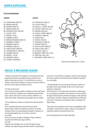 DATAS ESPECIAIS

FELIZ ANIVERSÁRIO

JUNHO                                  JULHO

03- JONATHANS (MGI-A)                  02- NATHALIA ( MGI-A )
06- BRUNA (MGI-B)                      03- LUCAS ( MGI-C )
08- NAYARA (MGI-B)                     04- PAULA L. ( PROFª BI A/B )
07- DENSE (PROF” BI )                  07-CÁSSIA ( PROFª BI-C/D )
08- ANTONIA (POF” BII A/B)             07- BRUNO ( BII-A/B)
11- GLEICE ( ATE)                      10- CARLA ( PROFª MGII-B)
12- RAFAEL ( BI-B)                     13- RAFAELA ( MGII-B)
13- GABRIELA (BI-B)                    14- ENZO ( BI-C )
14- MARIA EDUARDA (MGII-A)             15- KAYKE ( MGI-B)
17- VANDERLI ( PROFª )                 15- MANUELA ( MGII-B)
17-YASMIM ( MGII-B)                    17- KAUAN ( MGI-B )
18- PEDRO D. (MGI-A)                   18- ANA CLARA ( MGII-B )
18- JOÃO VITOR ( MGII-B)               20- ANA CLARA ( BII-C )
18- LEONARDO M. ( MGII-B )             22- CAUÃ B. ( MGI-C )
23- YASMIM (MGI-B)                     23-RENATA ( PROFª BII –A/B )
25-PEDRO L. ( BI-A)                    27- MELISSA ( BII- A/B )
25- BARONE ( VIGIA )                   31- MALZENI ( PROFª MGI -A )
25- ELAINE ( COZINHA)
                                                                               DATAS PESQUISADAS PELA GLEICE




 DICAS E RECADOS LEGAIS
 * Sobrou macarrão? Para aquecer o macarrão sem que        cerca de 15 minutinhos, enxague e pronto. Sua esponja
 fique borrachudo ou grudento, basta colocá-lo em          de louças está livre de bactérias que poderiam prejudi-
 banho-maria por cerca de 15 minutinhos ou mais se         car sua saúde.
 preferir. Se possível, coloque um pouco mais de molho e
 pronto. Parece que foi cozido na hora.                    * Ainda falando em prevenção de doenças, anote aí o
                                                           que fazer assim que chegar da feira com suas frutas,
 *A sobra é de arroz?                                      verduras e legumes:
 Use o mesmo truque, porém, coloque o arroz num cesto      Primeiro lave-os com água para remover a sujeira gros-
 para cozimento, cuidado com o tamanho dos furinhos        sa, na sequencia, prepare uma solução com uma colher
 para o arroz não vazar. O arroz vai ficar soltinho e se   de água sanitária para cada litro de água e nela coloque
 você não contar, vão pensar que acabou de ser cozido.     suas frutas, verduras e legumes deixando de molho por
                                                           cerca de 15 minutos, em seguida, retire e enxague em
 *Se o problema é manter a cozinha livre das bactérias,    água limpa.
 aí vai.
 Para a esponja de lavar louça temos três dicas:           *Para que seus produtos durem mais na geladeira, feita
 Retire todo o sabão da esponja, esprema nas mãos,         a lavagem, escorra bem a água, seque-os e guarde em
 coloque sobre um guardanapo de papel e coloque no         saquinhos plásticos próprios para isso.
 microondas ligado por um minuto e pronto.
 ou então,                                                 DICAS PESQUISADAS PELA PROF” MALZENI
 Ferva um pouco de água, desligue o fogo e deixe a
 esponja de molho até a água esfriar.
 ou inda,
 Prepare uma solução com um litro de água e duas
 colheres de sopa de água sanitária, deixe a esponja por                                                         08
 