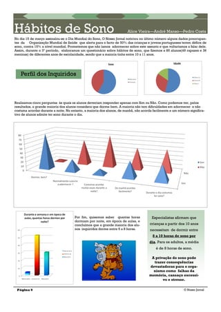 Página 9 O Nosso Jornal
No dia 15 de março assinalou-se o Dia Mundial do Sono, O Nosso Jornal noticiou no último número alguns dados preocupan-
tes da Organização Mundial de Saúde que alerta para o facto de 50% das crianças e jovens portugueses terem défice de
sono, contra 15% a nível mundial. Prometemos que não íamos adormecer sobre este assunto e que voltaríamos a falar dele.
Assim, durante o 3º período, elaboramos um questionário sobre hábitos de sono, que fizemos a 85 alunos(49 rapazes e 36
meninas) de diferentes anos de escolaridade, sendo que a maioria tinha entre 10 a 11 anos.
Perfil dos Inquiridos
Hábitos de Sono Alice Vieira—André Manso—Pedro Costa
Realizamos cinco perguntas às quais os alunos deveriam responder apenas com Sim ou Não. Como podemos ver, pelos
resultados, a grande maioria dos alunos considera que dorme bem. A maioria não tem dificuldades em adormecer e não
costuma acordar durante a noite. No entanto, a maioria dos alunos, de manhã, não acorda facilmente e um número significa-
tivo de alunos admite ter sono durante o dia.
Por fim, quisemos saber quantas horas
dormiam por noite, em época de aulas, e
concluímos que a grande maioria dos alu-
nos inquiridos dorme entre 6 a 8 horas.
Especialistas afirmam que
crianças a partir dos 10 anos
necessitam de dormir entre
8 a 10 horas de sono por
dia. Para os adultos, a média
é de 8 horas de sono.
A privação do sono pode
trazer consequências
devastadoras para o orga-
nismo como falhas da
memória, cansaço excessi-
vo e stresse.
 