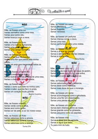 .
                   MÃE                       Mãe, se fosses um nome
                                             Serias Madalena,
Mãe, se fosses uma cor                       Serias Augusta,
Serias vermelha como uma rosa,               Serias Vanessa.
Serias azul como céu,
Serias branca como a neve.                   Mãe, se fosses um perfume
                                             Serias intensa como o cravo,
Mãe, se fosses um fruto                      Serias uma rosa,
Serias uma laranja sumarenta,                Serias perfumada como uma violeta.
Serias uma ameixa doce,
Serias uma cereja vermelha.                  Mãe, se fosses vida
                                             Serias o ar que eu respiro,
Mãe, se fosses um nome                       Serias o alimento que me faz crescer,
Serias o Sol que me ilumina,                 Serias a minha vida.
Serias uma flor que passa pela minha                                   Dinis Rocha
janela,
                                                                   MÃE
Serias um anjo que me protege todos os
dias.
                                             Mãe, se fosses uma cor
Mãe, se fosses um perfume                    Serias cor-de-rosa como as rosas do jardim,
Serias a essência do mar,                    Serias amarela como o Sol que brilha,
Serias suave como as pétalas de uma rosa,    Serias azul como a chuva que cai.
Serias o cheiro da relva molhada.
                                             Mãe, se fosses um fruto
Mãe, se fosses vida                          Serias saborosa como a melancia,
Serias o vento que bate na minha cara,       Serias doce como a laranja,
Serias o calor, que me faz ir à praia,       Serias mais doce do que o morango.
Serias um coração muito grande.
                          Beatriz Coutinho
                                             Mãe, se fosses um nome
                                             Serias aconchegada como a almofada,
                    MÃE                      Serias uma flor em crescimento,
                                             Serias uma pérola reluzente.
Mãe, se fosses uma cor
Serias verde como a relva,                   Mãe, se fosses um perfume
Serias azul como o céu,                      Serias bem cheirosa como as rosas,
Serias cor de pele, a cor do nosso corpo.    Serias grande como os girassóis,
                                             Serias pequena como as papoilas.
Mãe, se fosses um fruto
Serias saborosa como a amora,                Mãe, se fosses vida
Serias saborosa como a manga,                Serias a alma que me consola,
Serias saborosa como a laranja.              Serias a água que bebo,
                                             Tu para mim és tudo.
                    Turma 3ºA
                                                                       Rita
 
