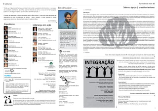 editorial                                                                                                                                                                                                                                                                             Aprendendo mais

“Ainda que a figueira não floresça, nem haja fruto na vide; o produto da oliveira minta, e os campos                Em destaque                                                                                                                        Sobre a igreja | presbiterianismo
não produzam mantimento; as ovelhas sejam arrebatadas do aprisco, e nos currais não haja gado,                                                                  (...) Continuação
todavia, eu me alegro no Senhor, exulto no Deus da minha salvação.”                                                                                             João Calvino

                                                                                                                                                                Após a morte de Zuínglio em 1531, o movimento reformado passou a ter um novo líder, que revelou-se muito mais articulado e influente que o anterior:
A oração de Habacuque é muito pertinente para os dias de hoje. Trata-se de uma declaração de
                                                                                                                                                                João Calvino (1509-1564). Calvino nasceu em Noyon, no nordeste da França, e ainda adolescente foi estudar teologia e humanidades em Paris. Depois de
dependência e amor incondicional ao Senhor.               Assim, amados, o nosso proceder e nossas                                                              um breve período em Orléans e Bourges, quando dedicou-se ao estudo do direito, retornou a Paris para dar continuidade aos estudos humanísticos que
expectativas devem ser, de semelhante modo, firmados em Deus.                                                                                                   tanto o fascinavam. Em 1532, publicou o seu primeiro livro, um comentário do tratado de Sêneca De Clementia.
                                                                                                 Euler Medeiros                                                 O humanismo que empolgou os primeiros líderes das igrejas reformadas, Zuínglio e Calvino, foi o extraordinário movimento intelectual que marcou a
                                                                                                                                                                transição entre a Idade Média e o período moderno. Uma das características marcantes desse movimento foi o seu profundo interesse pela antigüidade
Expediente                                                   Liderança em ação
                                                                                                                                                                clássica, o período áureo da civilização greco-romana. Entre as obras clássicas que atraíam a atenção de muitos estava a Bíblia, particularmente o Novo
                                                                                                                                                                Testamento. Isso levou ao surgimento de uma categoria específica de humanistas bíblicos devotados ao estudo das Escrituras em seus originais gregos e
                                                                                                                                                                hebraicos. O maior desses humanistas cristãos foi o célebre Erasmo de Roterdã (c.1466-1536), cuja edição crítica do Novo Testamento baseada em textos
        Adaias
        adaias.dada@hotmail.com                                          Pablo Carrijo - Pastor Titular                                                         gregos foi avidamente estudada e utilizada pelos reformadores suíços.
                                                                         Tel: 8866-1441/9201-3580
                                                                         e-mail: pmcarrijo@hotmail.com                O destaque dessa quinzena é o             Em 1533, Calvino teve uma experiência de conversão à fé evangélica. Forçado a fugir de Paris por causa das suas novas convicções, dirigiu-se para a cidade
        Adilson Mariano
                                                                                                                      Marcos da Elaine, paizão da Sarah         de Angoulême. Pouco depois, começou a escrever a sua obra magna, a Instituição da Religião Cristã ou Institutas, publicada em Basiléia em 1536. Nesse
        adilsonmariano@ig.com.br
                                                                         Almeida - Presbítero                         e do Samuel, crianças que têm             mesmo ano, de maneira totalmente inesperada, Calvino viu-se convocado a auxiliar a implantação da fé reformada na cidade de Genebra, na Suíça
                                                                         Tel: 3681-7833/ 9935-1708                    crescido em tamanho e graça. Seu          francesa. Após um interregno de três anos em Estrasburgo (1538-1541), o reformador retornou a Genebra e ali permaneceu até o final da sua vida.
        Ana Paula Fisher                                                                                              bom humor e prestatividade
        aninha_fischer@hotmail.com                                       John - Presbítero                            contagiam a todos. É o primeiro a         Graças a sua vasta e competente produção teológica, sua habilidade como organizador e seus contatos pessoais com inúmeros indivíduos e comunidades
                                                                         Tel: 3681-3320/ 9241-2511                    aparecer quando se precisa de
                                                                                                                                                                em toda a Europa, Calvino exerceu uma poderosa influência e contribuiu para a disseminação do movimento reformado em muitos países. Em 1559, ele
                                                                         e-mail: mlagejohn@veloxmail.com.br           ajuda, seja na cozinha ou nos
        Cind Canuto                                                                                                   bastidores de tudo que é                  fundou a Academia de Genebra, que colaborou decisivamente para a formação de toda uma nova geração de líderes reformados. Dada a importância
        cindlalala@hotmail.com                                                                                        promovido na igreja.                      desse reformador, um novo termo surgiu para designar os reformados: “calvinistas.”
                                                                         Atanásio - Presbítero
                                                                         Tel: 3681-7443                                 Que ele continue sendo um               Nas Institutas, comentários bíblicos, sermões, tratados e outros escritos que produziu, Calvino articulou um sistema completo de teologia cristã que ficou
         Euler Medeiros                                                                                               referencial de homem de Deus              conhecido como calvinismo. Esse sistema incluía normas específicas, retiradas das Escrituras, acerca da doutrina, do culto e da forma de governo das
         euler.medeiros@hotmail.com                                      Paulo - Diácono                              para nós!                                 comunidades reformadas. Na base do sistema estava a ênfase no conceito da absoluta soberania de Deus como criador, preservador e redentor do mundo.
                                                                         Tel: 3681-6566/ 9982-7008                                                              A estrutura eclesiástica preconizava o governo das comunidades por presbíteros e a associação das igrejas em presbitérios regionais e em sínodos
                                                                         e-mail: paulo_mlage@hotmail.com                                                        nacionais.
        Filipe Velame
        fivelame@gmail.com                                               Jonathas - Diácono                                 FALHA NOSSA
                                                                                                                                                                (...) continua
                                                                         Tel: 3681-7443/ 9276-4731
                                                                         e-mail: jonataspolimec@hotmail.com         A equipe de comunicação pede
         Jacqueline Lage                                                                                                                                                                                       Fonte: Texto tirado e adaptado do site da IPB. www.ipb.org.br escrito pelo Rev. Alderi Souza de Matos
                                                                                                                    desculpas por algumas falhas surgidas
         jaqueline.lage@gmail.com                                                                                   nos boletins. Entre elas, o aniversário
                                                                         Lucas - Diácono                            do nosso irmão ADILSON. Queremos                                                                                                 APRENDENDO PARA MELHOR SERVIR | NOSSA CONDUTA NA IGREJA
        Kelly Gusmão                                                     Tel: 93384092                              reparar nosso erro dizendo que sua
        kelgg@yahoo.com.br                                               e-mail: lucasmends@gmail.com               vida é muito importante para Deus!                                                                                 "Que fazer, pois, irmãos? Quando vos reunis, um tem salmo, outro doutrina,


        Rômulo Barcelos
        schadeb@ibest.com.br
                                                                                                   IGREJA
                                                                                                                    Que Ele te abençôe e atenda suas
                                                                                                                    orações.

                                                                                                                    Outros erros também aconteceram,
                                                                                                                                                                   INTEGRAÇÃO                                                                este traz revelação, aquele outra língua, e ainda outro, interpretação.
                                                                                                                                                                                                                                                                 Seja tudo feito para edificação." (1 Coríntios 14:26)

                                                                                                                                                                                                                                           Resgatar e manter valores bíblicos são tarefas da igreja e de cada crente
                                                                                        PRESBITERIANA               como aniversário do Pr. Pablo que foi
                                                                                                 DO BRASIL          divulgado com data errada.                                                                                             individualmente. Nossas reuniões de celebração, são para cultuarmos a Deus e
Comunique-se com esse ministério e participe!
                                                                                                                                                                                                                                           edificarmos uns aos outros através dos dons recebidos. Assim vamos, através
                                                                                                                    Pedimos aos irmãos que nos perdoem.
  comunic AÇÃO                                                                                CULTOS OFICIAIS
                                                                                                                    Estamos ajustando para que novos                                                                                       do boletim, deixar algumas orientações para quando nos reunirmos:

 comunicacaoipb@yahoo.com.br                                              Quarta-feira 19h00 - Estudo Bíblico       erros não aconteçam.
                                                                           Domingo 17h20 - Escola Dominical                                                                                                                                O que trazer?
                                                                                      Domingo 19h00 - Culto                                                                                                                                - Salmos, hinos, palavra e todos os dons que tivermos recebido do Senhor.
                                                                                                                                  Ministério de Mulheres
                                                                                                                                  EDIFICARTE
 www.twitter.com/comunicacaoipb                                                                                                                                                                                                            - Um coração desejoso de ser abençoado e a participar das reuniões com
                                                                                       Rua monteiro Lobato,
                                                                150 - Bela Vista | Lagoa Santa - Minas Gerais                                                                                                                              reverência, decência e ordem.
colabor   AÇÃO                                                                                                                                                                                    MINISTÉRIO DE INTEGRAÇÃO
   Amados,                                                                                  Tel: (31) 3681 5818
                                                                                                                                                                             Treinamento do Ministério de Integração da Igreja             O que não fazer?
   todos os domingos a igreja levanta uma oferta                                    CNPJ 07.558.175/0001-68                                                                                     Presbiteriana em Lagoa Santa               - Ficar conversando com as pessoas e atrapalhando os que estão perto de você;
   específica: o “Pão Nosso”, uma ação em que se                                             Banco do Brasil                                                                                                                               - Ficar mexendo no celular, enviando torpedos ou mesmo conversando;
                                                                                                                    Continuam abertas as inscrições para o
   reverte o recurso em cestas básicas e distribui                                                AG 2241-1
   entre os mais carentes da comunidade.
                                                                                                                    curso “ Crivo e Tricô”                                                     10 de julho (Sábado)                        - Alimentar crianças ou mesmo se alimentar durante as reuniões;
                                                                                                  CC17026-7         Toda Terça-feira                                                                                                       - Trazer para o templo copos com água ou outros líquidos;
                                                                                                                    14 às 17 horas
   Se todos ajudarmos um pouco, teremos um                                Deposite seus dízimos e ofertas.                                                                                           Horário: 8h00 as 17h00                - Deixar as crianças brincando sobre ou sob as cadeiras e corredores.
   grande feito! Oferte também para este objetivo.                  Não esqueça de colocar o comprovante                                                                                                   Local: Bela Vista
                                                                                                                    Valor da inscrição:
   Deus te recompensará ainda mais!                               no envelope e depositá-lo no gazofilácio.                                                                                                 Entrada FRANCA
                                                                                                                    R$ 10,00 (Dez reais)                                                                                                                             Extraído e Adaptado do Boletim da 8ª IPB de BH.

                  MISSÕES                                                                                           Local: Rua Monteiro Lobato, 150 – Bairro:                         *A Igreja oferecerá almoço e lanche.
                                                                                                                    Bela vista –                                                                                                           Novos Membros
                  Vamos orar pelos irmãos que estão em campo:                                                       Fone: 36815818                                     Palestrante: Pr. Leonardo (8ª Igreja Presbiteriana)

                  Pr. Gerson (Turquia), Pr. Luis Carlos ( Espanha) , Pr. Cácio e Elisângela (Amazonas), Marcelo (
                  Russia), tibério (Sibéria), Pr. André, Suerda e Andrezinho (Guiné Bissau), Silmar (Namíbia),
                                                                                                                    Contato com:

                                                                                                                    Geneci – 36817443
                                                                                                                                                          INTEGRAÇÃO
                                                                                                                                                INTEGRAÇÃO INTEGRAÇÃO                       O convite é para TODA a igreja.
                                                                                                                                                                                                  Não deixe de participar!
                                                                                                                                                                                                                                           Sejam Bem Vindos!
                                                                                                                                                                                                                                           Há uma classe epecífica para você na Escola Dominical, todo
                                                                                                                                                                                                                                           Domingo, 17h20.
                  Pr. marcus Vinicius (Kirguistão), Pr. Toninho (Moçambique),Abelardo ( Sertão Nordestino),
                  Igrejas do Rio Grande do Sul e Projeto Amanajé (Amazonas).
                                                                                                                    Berenice – 36810713 | 96532999
                                                                                                                                                     INTEGRAÇÃO
                                                                                                                                                        INTEGRAÇÃO
                                                                                                                                                                                                                                           Procure o Presbítero John Roth e faça já sua inscrição.
INTERCESSÃO

                                                                                                                                                                  INTEGRAÇÃO
                                                                                                                    PARTICIPE!!

                                                                                                                                                                                                                                                                                                                             7
 