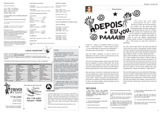 AGENDA BELA VISTA                                        ►Atividades da juventude                                  AGENDA VILA MARIA
                                                                                                                                                                                                                                                                                          Espaço Jovem
►Encontros Semanais                                      3 de julho:                                               ►Encontros Semanais
                                                         Evangelismo/ saída da porta da igreja às 17:30 hs         Encontros:
Terça: 14h00 Enc. Mulheres
Quarta: 19h00 - Estudo Bíblico                           10 de julho:                                              Terça: 19h30 - Culto                                                                                Rômulo Barcellos
Quinta: Grupo de Comunhão                                 Cine pipoca na igreja/ Horário ás 19:00 hs               Quinta: 19h30 - Enc. Mulheres
Sábado: 07h00 - Oração                                                                                             Sexta: 19h30 - Oração
Domingo: 19h00 - Culto                                   ►Escala do Departamento Infantil
                                                                                                                   Domingo: 19h00 - Culto
*A ESCOLA BÍBLICA ESTÁ DE FÉRIAS NESSE MÊS               27 de Junho
DE JULHO                                                 Davi ........................... Geneci                   9 e 10 de julho: Bazar
                                                         Samuel ...................... Jane
►Grupo Familiar Crescendo em Comunhão                    Emanuel .................... Cind                         17 de julho: Festival de Pizza
                                                         Pequenos Discípulos .. Ivani                                                                                                                                                                                   Não    quero     aqui    falar    sobre




                                                                                                                                                                                        pois
 O encontros do Grupo Familiar acontecem às 5ª           Berçario...................Adilson                        ESCALA DE PREGAÇÃO VILA MARIA (JULHO)
                                                                                                                                                                                                                                                                     relacionamento de pais e filhos.




                                                                                                                                                                                     De
feiras, 19h30
                                                         4 de JuLho                                                Cultos de Domingo                                                                                                                              Entretanto, acredito que nós jovens devemos,
1 de julho| Casa D. Arlete (Cap. 12 de João)             Emanuel .................... Juliana
                                                                                                                   4 de Julho - Sem. Rômulo
                                                                                                                                                                                                                                                                 sim, cumprir com zelo aquilo que fomos
8 de julho| Casa Silvani (Cap. 13 de João)               Pequenos Discípulos .. Ana Paula




                                                                                                                                                                                                                                                  u,
                                                                                                                   11 de Julho - Luciana                                                                                                                         solicitados para fazer, até porque acredito que o



                                                                                                                                                                                                                  eu v
►Escala de Louvor                                        11 de Julho                                               18 de julho - Mariele
                                                                                                                                                                                                                                                                5º mandamento passa por este crivo. Embora,


                                                                                                                                                                                                                                                o
1º Domingo – (Ensaio Domingo 08h30) Almoço com           Emanuel .................... Cind                         25 de Julho - Sem. Carlos
todos os integrantes do grupo de louvor (cardápio a      Pequenos Discípulos .. Alexandre                                                                                                                                                                       também acredito que é necessário que nossos
combinar) | Dirigente: Euler(percussão/voz)              Berçario................... Silvani                       Cultos de Terça-feira                                                                                                                      pais nos respeitem e respeitem nosso tempo, ou
Reflexão: DOUGLAS (Bateria)


                                                                                                                                                                                              paaaaii!!!
                                                         ►CONSELHO                                                 6 de Julho - Vicentino                                                                                                                    seja, quero dizer que algumas coisas podem ser
 KELLY (voz)/ ANA PAULA (voz)/JAQUELINE
                                                                                                                   13 de Julho - Carlos                                                                                                                     feitas na hora, mas algumas necessariamente
(voz)/GERUZA (voz/teclado)/ JÔNATAS                                                                                20 de Julho - Eduardo
                                                         04 de Julho - Reunião do Conselho | 10h30
(voz/ violão)/ ADILSON (guitarra)/ LUCAS (Baixo)                                                                   27 de Julho - Crianças                                                                                                                  precisam esperar um pouco. O relacionamento entre
                                                         ►SANTA CEIA                                                                                                                                                                                      pais e filhos precisa ser muito bem conversado e
2º Domingo – (Enasio Sábado 16h30) | Dirigente:
GERUZA(voz/teclado) | Reflexão:ALEXANDRE(voz)            04 de Julho - Celebração da Santa Ceia do Senhor                                                                                                                                       equilibrado.
CIND (voz)/ LINDA (voz) / JÔNATAS(voz/violão)/           Jesus                                                                                                      A mãe diz: “- Menino, vai à padaria comprar um litro de
DOUGLAS (Bateria)
                                                                                                                                                                    leite!”; “- Arruma seu quarto!”; “- Busca a roupa no varal!”;               Sim, mas o que eu quero dizer é que estou com medo de
                                                                                                                                                                    “- Vai no vizinho pegar um copo de açúcar emprestado!”; “-                  concluir que nós, jovens e nossa geração, estamos fazendo
                                                                                                               ATENÇÃO!                                             Vai à loteria para a conta de água!”; “- Lava o banheiro!”.                 com Jesus a mesma coisa que estamos fazendo com os nossos
                                                 LANCHE COMUNITÁRIO
                                                                                                                                                                                                                                                pais. Quero dizer que o meu medo é de estarmos falando com
                                                                                                               * A contribuição é apenas uma vez por mês.
Amados, como todos sabemos, o lanche comunitário é um momento de comunhão entre os                             * Solteiros levam 1 refrigerante ou 1 suco.          Estas são ordens corriqueiras na vida da criança, do                        Deus: “Depois eu vou Pai!”; ou ainda: “Daqui a pouco Pai!”.
irmãos e, tem sido TODOS OS DOMINGOS.                                                                          * Casais levam alimentos         (devem combinar
Para que todos participem de forma justa e organizada foi desenvolvida uma escala de                                                                                adolescente e dos jovens. A mãe e o pai são mestres em dar                  Galera, fomos chamados por Jesus das trevas para luz (Ef 2.1-
                                                                                                               anteriormente o menu).
contribuição. Assim, se TODOS participarem teremos um momento agradável sem pesar para                                                                              ordens para que cumpramos de imediato.                                      10). E fomos chamados para começar a refletir as obras da
ninguém.                                                                                                       Para continuarmos com esta comunhão tão                                                                                          luz, ou seja, começar a mudar de postura, de atitude (1º Jo
                                                                                                               agradável precisamos nos ajustar e nos organizar
É UM PRIVILÉGIO PARTICIPAR COM VOCÊ DESTE LANCHE TÃO ALEGRE TODOS OS DOMINGOS!                                 em alguns pontos. Aí vão algumas observações:        Aqui entra uma grande questão, porque nossos pais querem                    2.6). Além disso, Deus nos chamou para servirmos a ele (At
                                                                                                                                                                    que nós cumpramos as coisas no tempo deles. Eles nos dão                    1.8). E como é que nós estamos refletindo isso? Como estão as
                              ESCALA DE EQUIPES PARA O LANCHE COMUNITÁRIO                                      * Leve o seu lanche pronto - Todos os pratos
                                                                                                               devem ser elaborados antes de chegar à igreja ou     uma ordem e não respeitam o nosso tempo; acham que nós                      nossas obras? Como estamos cumprindo o chamado de Deus?
  1ª EQUIPE                  2ª EQUIPE                3ª EQUIPE                   4ª EQUIPE
                                                                                                               em algum horário previamente marcado antes da        estamos à disposição deles para fazerem o que eles querem,                  Meu temor galera é de que nossas respostas para estas
  Alexandre | Ivani          D. Derly | Pedro         John | jane                 Atanásio | Geneci
                                                                                                               escola dominical. Não há indicação para ficar na
  Euler | Kelly              Rivane                   Carlos Henrique | Catiara   Max | Sueli
                                                                                                               cozinha no momento do culto ou da escola             na hora que eles querem; e o pior, da forma que eles querem.                perguntas sejam: “Depois eu cumpro Pai!”; “Agora não Pai!”.
  Ário | Lídia               Almeida | Mariele        João Francino | Sônia       Luciana | Paulo              dominical. Poderemos usar a cozinha somente
  Elisa | Jéssica Lynn       Brant | Cíntia           Marcos | Elaine             Gerusa                       para aquecer algum prato antes de ser servido.
  Cind                       Linda                    Lucas                       Márcia                                                                            Esse, pelo menos, costuma ser o pensamento da maioria das                   Deus nos chamou agora; para uma mudança de atitude agora;
  Silvani                    Sueli Cosso              Juliana                     Jéssica Raissa               Bolos e pães já devem vir assados e previamente      crianças, adolescentes e jovens. Diante das ordens dos pais                 e para servi-lo agora. Sabe rapaziada, Deus não é como nossos
  Diego | Pablo              Silvana                  Lourdinha                   Jonatas | Gabriel            partidos. Tudo isso para não tirarmos o foco do                                                                                  pais para esquecer a ordem, muito pelo contrário, ele quer
                                                                                                               momento mais especial que temos durante toda a
                                                                                                                                                                    eles normalmente respondem: “- Depois eu vou pai!”; “Daqui
  D. Arlete                  Elisângela               Fadríssia | Franciele       Gerson
  Max Felipe                 Berenice                 Sirley | Creuza             Celsa | Saulo                semana – o culto ao nosso amado Deus. É hora         a pouco mãe!”. Sempre procuramos uma desculpinha para                       que façamos o que ele determinou. E ainda há outra questão:
  Euzer                      Robero | Geani           D. Juraci                   Marco Túlio | Michaela       também de alimentarmos o espírito!                                                                                               Deus não aceita depois como resposta, uma vez que ele é o
                                                                                                                                                                    não cumprir de imediato o que fomos chamados para fazer, e
  Adilson | Jaqueline        Emanuel                  Ana Paula
                                                                                                                   * Não fure com a escala - Caso vá faltar à       às vezes, nem mesmo fazemos, porque enrolamos até que                       Senhor do tempo. Busque fazer o que Deus quer, na hora de



                                                                                                A
                                                                                                                   igreja por algum motivo, entre em contato        nossos pais se esqueçam da ordem.                                           Deus.
                                                                                                                 antes e troque o seu dia com outra pessoa.
                                               Não deixe de participar da:                                     Colabore com alegria.


                                                              Santa                                            Seu nome não está na escala??? Procure a Rivani e
                                                                                                                                                                    REFLEXÃO
           Festival
            de
                                                             Ceia
                                                                do
                                                              Senhor                            Antenado!
                                                                                                               contribua!
                                                                                                                                                                    ...Nem olhos viram, nem ouvidos
                                                                                                                                                                    ouviram, nem jamais penetrou o
                                                                                                                                                                    coração humano, o que Deus tem
                                                                                                                                                                                                                   ouvir, mas até que possamos ouvir a Deus. '

                                                                                                                                                                                                                   4- 'Nada está fora do alcance da oração,
                                                                                                                                                                                                                                                                       8 - 'Não confunda a vontade de DEUS, com a
                                                                                                                                                                                                                                                                       permissão de DEUS.
                                                                                                   O Senac de Lagoa Santa (onde funcionava a antiga Febém, ao
                                                                                                                                                                    preparado para aqueles que o Amam...1          exceto o que está fora da vontade de                9 - 'Não diga a DEUS que você tem um
                                                                                                   lado da Polícia Militar), está oferecendo diversos cursos
                                                                                                                                                                    Corintios 2:9.                                 Deus.’                                              grande problema. Mas diga ao problema
              17 de julho                                                                          gratuitos. Uma ótima oportunidade para você aprender uma                                                        5- 'O mais importante não é encontrar a             que você tem um grande DEUS.'
                                                   Dia: 4 de julho                                 profissão e, quem sabe, até mesmo trabalhar por conta própria.   10 recados a serem seguidos:                   pessoa certa, e sim ser a pessoa certa. '
                     Local: Vila Maria                                                             Entre alguns cursos estão: Escovista, Depilação, Culinária                                                                                                          10 - Um tropeço pode impedir uma queda.
                     Horário: 16 horas             Horário: 19h00                                  (bolos, tortas, pães, roscas, etc) Informática, Web Designer e   1 - 'Deus não escolhe pessoas capacitadas,     6 - 'Moisés gastou: 40 anos pensando que
                                                                                                   outros.                                                          Ele capacita os escolhidos. '                  era alguém; 40 anos aprendendo que não              Não esqueça, Deus te ama e sempre está
                    Entrada: R$ 10,00                                                                                                                                                                              era ninguém e 40 anos descobrindo o que             pronto a ajudar e proteger.
                                                                                                   Os cursos tem duração média de 4 hs por dia durante 1 mês.
                                                                                                                                                                    2 - 'Um com Deus é maioria. '                  Deus pode fazer com um NINGUÉM. '
   Venha comer pizza à vontade!!!
    Toda a IGREJA está convidada.                                                                  Não perca tempo e faça já sua matrícula !!!
                                                                                                                                                                    3 - 'Devemos orar sempre, não até Deus nos     7 - 'A fé ri das impossibilidades. '

                                                                                                                                                                                                                                                                                                                     5
 