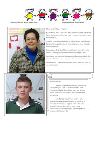 Autobiografia que retrata o bem viver ...

Um pouquinho de alguns de nós ...

Maria Lurdes Mattos Felippini
Eu sou Maria, nasci e moro até hoje em Herval Velha ,estudei na
Escola Básica Coronel Henrique Rupp e estou terminando o Ensino
Médio no CEJA.
Trabalho como auxiliar de inspeção federal em um frigoríifico em
Campos Novos, gosto muito do meu trabalho me sinto realizada
profissionalmente.
Sou casada, mãe de dois filhos maravilhosos a quem dou muito
amor e carinho pois eles são muitos importante para mim.
Geralmente sou muito sorridente gosto de fazer muitas amizades,
conversar bastante e fazer as pessoas ao meu redor rir também.
Valorizo muito a minha família e meus amigos, pois, não gosto de
me sentir sozinha.

Rudinei Pelissari
Nascido em 13 de julho de 1993 em Joaçaba ,
criado pelos pais. Com 16 anos saiu de casa para
começar a trabalhar ficou 2 anos fora, aos 18 anos
voltou para casa e aos 19 casou mora com a mulher
em Luzerna.
Um fã de cavalos, tiros de laços e pesca,
atualmente trabalha na cooperativa de produção de
consumo de Concórdia. Hoje aos vinte e dois anos
sente-se feliz pois faz o que eu gosta e esta
terminando o Ensino Médio após formado pretende
cursar medicina veterinária .

 