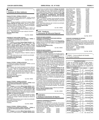 23.05.2014 (sexta-feira) DIÁRIO OFICIAL - SC - Nº 19.822 PÁGINA 11
Portaria Nº 071/2014– FATMA de 19.05.2014.
O Presidente da Fundação do Meio Ambiente - FATMA, no uso de
suas atribuições e com fundamento no Art. 12, parágrafos 1º e 2º,
da Lei nº 9.831 de 17/02/95.
RESOLVE:
Art. 1º -	 Delegar competência, no âmbito da Fundação, a Paulo
Roberto Fagundes de Freitas Junior, matrícula nº 295.394-3,
ocupante do cargo em comissão de Diretor de Administração,
para assinar Empenhos, Sub-empenhos, Estornos de Despesas,
Ordens Bancárias e Autorização de Viagem.
Art. 2º - Fazer cessar os efeitos da Portaria nº 046/13, de
27.03.2013, publicada no Diário Oficial do Estado de Santa Cata-
rina nº 19.547, de 04.04.2013
Art. 3º -	Esta Portaria entra em vigor na data de 16.05.2014.
Alexandre Waltrick Rates
Presidente
Cod. Mat.: 204998
PORTARIA Nº 72/2014-FATMA 19.05.2014
O Presidente da Fundação do Meio Ambiente – FATMA, no
uso de suas atribuições regimentais e estatutárias,
R E S O L V E:
Art. 1º - Designar os servidores Rosana Magali Goularte, matrí-
cula 158978-4 Adriana Philippi Luz, matrícula 370687-7, Ana
Cimardi, matrícula 235550-7-, Berenice Martins, matrícula
235583-3, Ricardo Maurino Melo, matrícula 396214-8 e Rute
Nascimento Goés, matrícula 360399-7, sob a presidência da pri-
meira, para comporem comissão para elaboração e execução do
Plano de Cargos e Salários, que terá seu resultado incorporado
ao trabalho da comissão de planejamento instituída por meio da
Portaria nº 045/2014, de 15/04/2014.
Parágrafo Único – Revoga-se a Portaria nº 069/2010, datada de
16/06/2010.
Art. 2º - Esta Portaria entra em vigor na data de sua publicação.
Florianópolis, 19 de maio de 2014.
ALEXANDRE WALTRICK RATES
Presidente da FATMA
Cod. Mat.: 205000
Portaria nº 073/2014 – FATMA de 20.05.2014
O Presidente da Fundação do Meio Ambiente - FATMA, no uso de
suas atribuições regimentais e estatutárias,
RESOLVE:
Art 1º - Substituir Jairo Claudino Serapião dos Santos, Matrícula
nº 377.373-6, membro da Comissão Regional de Licenciamen-
to Ambiental – CRLA, da Coordenadoria de Desenvolvimento
Ambiental de Itajaí, pelo servidor Arno Guesser Filho, matrícula
373.581-2, Gerente de Desenvolvimento ambiental de Itajaí.
Art. 2º- Os efeitos desta portaria passam a vigorar a partir da
data de sua publicação.
Florianópolis, 20 de maio de 2014.
Alexandre Waltrick Rates
Presidente
Cod. Mat.: 205002
Portaria nº 074/2013 - FATMA de 24.04.2014
Presidente da Fundação do Meio Ambiente – FATMA, no uso
de suas atribuições estatutárias e regimentais,
Resolve:
Art.1º - Designar os servidores Márcia Regina Batista, Analis-
ta Técnico em Gestão Ambiental IV, Geógrafa, Margit Simon,
Analista Técnico em Gestão Ambiental IV, Engº Química, Elisa
Branco Duarte, Analista Técnico em Gestão Ambiental IV, Bió-
loga, sob a coordenação do primeiro, para comporem a Equipe
Técnica de Análise do Estudo e Relatório de Impacto Ambiental
EIA/RIMA, do Loteamento Deltaville II.
Art.2º - Os membros da Equipe Técnica exercerão as ativida-
des, podendo recorrer, para informações técnicas, aos demais
servidores da Fundação, mediante autorização da Diretoria de
Licenciamento.
Art.3º - Esta portaria entrará em vigor na data da sua publicação.
Florianópolis, 24 de Abril de 2014.
Alexandre Waltrick Rates
Presidente
Cod. Mat.: 205006
Portaria nº 075/2014 - FATMA de 14.05.2014
O Presidente da Fundação do Meio Ambiente – FATMA, no
uso de suas atribuições estatutárias e regimentais,
Resolve:
Art.1º - Designar os servidores Márcia Regina Batista, Analis-
ta Técnico em Gestão Ambiental IV, Geógrafa, Gabriela Brasil,
Analista Técnico em Gestão Ambiental IV, Bióloga, Ivan Serafim
Bardini, Analista Técnico em Gestão Ambiental IV, Engº Civil,
sob a coordenação do primeiro, para comporem a Equipe Técni-
ca de Análise do Estudo e Relatório de Impacto Ambiental - EIA/
RIMA do Complexo Eólico Lagunar processos: DIV/19098/
CTB, DIV/19099/CTB, DIV/190100/CTB, DIV/19101/CTB,
DIV/19102/CTB, DIV/19103/CTB, DIV/19104/CTB, DIV/19105/
CTB e DIV/19106/CTB.
Art.2º - Os membros da Equipe Técnica exercerão as ativida-
des, podendo recorrer, para informações técnicas, aos demais
servidores da Fundação, mediante autorização da Diretoria de
Licenciamento.
Art.3º - Esta portaria entrará em vigor na data da sua publicação.
Florianópolis, 14 de maio de 2014.
Alexandre Waltrick Rates
Presidente
Cod. Mat.: 205008
ESTADO DE SANTA CATARINA
FUNDAÇÃO CATARINENSE DE EDUCAÇÃO ESPECIAL
PORTARIA Nº 153 -22.3.05.2014
O Presidente da Fundação Catarinense de Educação Especial -
FCEE, no uso de suas atribuições legais, resolve TORNAR SEM
EFEITO a Portaria nº 127/14 de 12/05/2014, publicada no D.O.E.
nº 19.816 de 15/05/2014.
ELITON CARLOS VERARDI DUTRA 		
Presidente da FCEE
Cod. Mat.: 205203
ESTADO DE SANTA CATARINA
FUNDAÇÃO CATARINENSE DE EDUCAÇÃO ESPECIAL
PORTARIA Nº 154 /2014 - 22.05.2014
A Presidente da Fundação Catarinense de Educação Especial -
FCEE, no uso de suas atribuições legais e em conformidade com
o art. 3º, § 3º c/c art. 16 da LC nº 491/10, RESOLVE:
Art. 1º - Determinar a instauração de PROCESSO ADMINISTRA-
TIVO DISCIPLINAR (Art. 25 de Lei n º491), em face do servidor
E. S. D., matrícula nº 157.539-2-01, ocupante do cargo de Pro-
fessor EFETIVO, GR/NV/REF: 29/10/07, com regime de 40 (qua-
renta) horas semanais, lotado no APAE PRAIA GRANDE/FCEE,
tendo em vista o que consta no Processo FCEE 53995/2010,
para apurar suposta infração disciplinar cometida pela servidora
pública da repartição (art. 161 : 163 :165 inciso II: 166 Inciso V:
167 incisos VIII, X e XII todas da Lei nº 6.844/86.
Art. 2º - Designar os servidores ANDREZZA REGINA OTT AR-
CENIO, matrícula nº 349.620-1-02, ocupante do cargo de Pro-
fessor, GR/NV/REF: 29/10/7 , ESTELA ADRIANA PRESTE
GONÇALVES, matrícula nº 263.861-4-04, ocupante do cargo de
Professor, GR/NV/REF: 29/10/7 e MILENA KARLA DAMBROS,
MATRICULA nº 222.493-3-01, ocupante do cargo De Professor ,
GR/NV/REF: 29/10/07, lotados no Campus da FCEE, para, sob
a presidência do primeiro, comporem, em conformidade com o
estabelecido no art. 27 da LC nº 491/10, a Comissão de Processo
Administrativo Disciplinar.
Art. 3º - Determinar que a Comissão, de acordo com o art. 38 da
LC nº 491/10, inicie os procedimentos processuais no prazo de
10 (dez) dias a contar da publicação desta Portaria no Diário Ofi-
cial do Estado e encerre-se no prazo de 60 (sessenta)dias pror-
rogável por igual período e em caso de força maior , por prazo
determinado a critério da autoridade competente , não excedente
a 60 (sessenta) dias .
Art. 4º - Esta portaria entra em vigor na data de sua publicação.
ELITON CARLOS VERARDI DUTRA
Presidente da FCEE
Cod. Mat.: 205206
FUNDAÇÃO CATARINENSE DE ESPORTE
Portaria nº21/ FCD, de 19/05/2014.
CONVOCA de acordo com o art.7º do Decreto 1127, de 05 de
março de 2.008, os integradores Esportivos abaixo relacionados,
para participarem da Etapa Estadual dos Jogos Abertos Parades-
portivos de Santa Catarina - PARAJASC, no período de 25 a 31
de Maio 2014, em Canoinhas:
Roberto Marangoni 209.906-1 	 01ªSDR
Adilço Moccelini 272.500-2	 03ªSDR
Lenuir Oliveira 194.899-7	 05ªSDR
Gladimir da Cunha 205.390-0 	 06ªSDR
FUNDAÇÃO CATARINENSE DE ESPORTE
Portaria nº23/ FCD, de 22/05/2014.
CONVOCA de acordo com o art.7º do Decreto 1127, de 05 de
março de 2.008, os integradores Esportivos abaixo relacionados,
para participarem da Etapa Estadual dos Jogos Abertos Parades-
portivos de Santa Catarina - PARAJASC, no período de 24 a 31
de Maio 2014, em Canoinhas:
Agostinho Schappo 157.270-9 15ªSDR
Jeferson Batista 288.360-0 18ªSDR
Erivaldo Nunes Caetano Junior
Presidente FESPORTE
Cod. Mat.: 205186
Carlos Roberto Hack 198.676-7	 07ª SDR
Clarice Luvison 278.057-7	 08ªSDR
Jonas Poletto Souza 168.938-0 	 11ªSDR
Ademar Podgayetsky 168.733-6 	 12ªSDR
Jose Gilmar Cipriani 168708-5 	 13ª SDR
Rossana Bogo 185.830-0 	 14ªSDR
Agostinho Schappo 157.270-9 	 15ªSDR
Osny Cesar Mueller 111.515-4 	 16ªSDR
Jeferson Batista 288.360-0 	 18ªSDR
Clodoaldo D. Paz 325.920-0 	 20ªSDR
Euclides Biazotto 310.206-8 	 21ªSDR
Rogério H. Gonçalves 211.901-3 	 22ªSDR
Gilmar Jungton 346.896-8	 24ª SDR
Regina Tereza Zomer 225.212-1 	 26ª SDR
Alcionir Nascimento 232.255-2	 27ªSDR
Ivete Tirelli 273.707-8	 29ªSDR
Nivaldo Pontin 311.002-8 	 30ªSDR
Sérgio Luiz Griebler 155.337-1 	 31ªSDR
Milton L. Bodanese 185.822-0 	 32ªSDR
Paulo Dalla Valle 335.400-8	 33ªSDR
Virgínia Donner 202.042-4 	 35ªSDR
Erivaldo Nunes Caetano Junior
Presidente FESPORTE
Cod. Mat.: 205147
 