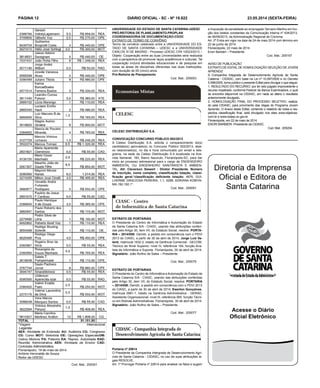 PÁGINA 12 DIÁRIO OFICIAL - SC - Nº 19.822 23.05.2014 (sexta-feira)
Cod. Mat.: 205301
UNIVERSIDADE DO ESTADO DE SANTA CATARINA-UDESC
PRÓ-REITORIA DE PLANEJAMENTO-PROPLAN
COORDENADORIA DE DOCUMENTAÇÃO-CDOC
EXTRATO DE TERMO DE CONVÊNIO
Termo de convênio celebrado entre a UNIVERSIDADE DO ES-
TADO DE SANTA CATARINA – UDESC e a UNIVERSIDADE
CARLOS III DE MADRID - Processo UDESC CPA 10023/2013 –
Objeto: Cooperação entre as duas Universidades será realizada
com a perspectiva de promover laços acadêmicos e culturais. Tal
cooperação incluirá atividades educacionais e de pesquisa em
todas as áreas de disciplinas oferecidas nas duas instituições,
com duração de 05 (cinco) anos.
Pró-Reitoria de Planejamento
Cod. Mat.: 205003
CELESC DISTRIBUIÇÃO S.A.
CONVOCAÇÃO CONCURSO PÚBLICO 002/2013
A Celesc Distribuição S.A. solicita o comparecimento do(s)
candidato(s) aprovado(s) no Concurso Público 002/2013, abai-
xo relacionado(s), no dia e hora comunicado por email e tele-
grama, na sede da Celesc Distribuição S.A localizada na Ave-
nida Itamarati, 160, Bairro Itacorubi, Florianópolis-SC, para dar
inicio ao processo admissional para o cargo de ENGENGEIRO
AMBIENTAL OU ENGENHEIRO SANITARISTA E AMBIEN-
TAL. Att: Cleverson Siewert - Diretor Presidente. Número
de inscrição, nome completo, classificação lotação, classi-
ficação geral,*classificação deficiente lotação: 4876, GUI-
LHERME GRACIOSA PEREIRA, 1,1; 5298, ADRIANA KOBIYA-
MA,192,192,1*.
Cod. Mat.: 205091
EXTRATO DE PORTARIAS.
O Presidente do Centro de Informática e Automação do Estado
de Santa Catarina S/A - CIASC, usando das atribuições conferi-
das pelo Artigo 30, item VII, do Estatuto Social, resolve: PORTA-
RIA – 2014/058: Demitir, a pedido em consonância com o PDVI
2013 do CIASC, a partir de 30 de abril de 2014, Jorge Luiz Va-
lenti, matrícula 1632-2, lotado na Gerência Comercial - GECOM,
Técnico de Nível Superior, nível IV, referência 104, função Ana-
lista de Informática e Suporte. Florianópolis, 30 de abril de 2014.
Signatário: João Rufino de Sales – Presidente.
Cod. Mat.: 205076
EXTRATO DE PORTARIAS.
O Presidente do Centro de Informática e Automação do Estado de
Santa Catarina S/A - CIASC, usando das atribuições conferidas
pelo Artigo 30, item VII, do Estatuto Social, resolve: PORTARIA
– 2014/059: Demitir, a pedido em consonância com o PDVI 2013
do CIASC, a partir de 30 de abril de 2014, Ewerton Gonçalves,
matrícula 0991-1, lotado na Gerência Administrativa - GERAD,
Assistente Organizacional, nível III, referência 065, função Técni-
co em Rotinas Administrativas. Florianópolis, 30 de abril de 2014.
Signatário: João Rufino de Sales – Presidente.
Cod. Mat.: 205077
Portaria nº 25814
O Presidente da Companhia Intergrada de Desenvolvimento Agrí-
cola de Santa Catarina - CIDASC, no uso de suas atribuições le-
gais RESOLVE,
Art. 1º Prorrogar Portaria nº 22614 para analisar os fatos e sugerir
AVISO DE PUBLICAÇÃO
EXTRATO DE EDITAL DE HOMOLOGAÇÃO SELEÇÃO DE JOVEM
APRENDIZ
A Companhia Integrada de Desenvolvimento Agrícola de Santa
Catarina - CIDASC, com base na Lei nº 10.097/2000 e no Decreto
5.598/2005, torna público o presente Edital para divulgar o que segue:
1. RESULTADO DO RECURSO: por ter sido julgado improcedente o
recurso impetrado, conforme Parecer da Banca Examinadora, o qual
se encontra disponível na CIDASC, em nada se altera o resultado
anteriormente divulgado.
2. HOMOLOGAÇÃO FINAL DO PROCESSO SELETIVO, realiza-
do pela CIDASC, para provimento das Vagas do Programa Jovem
Aprendiz. O Anexo deste Edital, contendo o relatório de notas e res-
pectiva classificação final, está divulgado nos sites www.objetivas.
com.br e www.cidasc.sc.gov.br.
Florianópolis, em 22 de maio de 2014
ENORI BARBIERI -Presidente da CIDASC.
Cod. Mat.: 205204
Diretoria da Imprensa
Oficial e Editora de
Santa Catarina
Acesse o Diário
Oficial Eletrônico
a imposição de penalidade ao empregado Tarciano Martins em fun-
ção dos relatos constantes da Comunicação Interna nº 434/2013,
de 06/08/2013, da Administração Regional de Criciúma.
Art. 2º Entra em vigor na data de 24 de maio 2014 com término em
22 de junho de 2014.
Florianópolis, 22 maio de 2014.
Enori Barbieri – Presidente.
Cod. Mat.: 205167
 