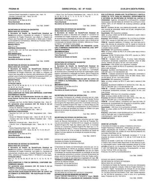 PÁGINA 48 DIÁRIO OFICIAL - SC - Nº 19.822 23.05.2014 (sexta-feira)
– Nutrosul Brasil Importação e Logística Ltda – Item: 16.
– Bruthan Comercial Ltda. – Itens: 02 e 09.
SES 00068966/2013
Florianópolis, 22 de Maio de 2014.
Tânia Eberhardt
Secretária de Estado da Saúde
Cod. Mat.: 204897
SECRETARIA DE ESTADO DA SAÚDE/FES
RESULTADO DE LICITAÇÃO
A Secretaria de Estado da Saúde/Fundo Estadual de
Saúde,torna público o Resultado de Licitação nº 1140/2014 na
modalidade de Pregão Presencial, cujo objeto é o Registro de
Preços para Aquisição de suplementos e dietas para a Direto-
ria de Assistência Farmacêutica, referente ao Processo PSES n°
6839/2014 como segue:
MENOR PREÇO:
Itens: 01 e 02.
EMPRESA VENCEDORA:
– Center Nutri Com. de Prod. para Nutrição Enteral Ltda. EPP–
Itens: 01 e 02.
SES 0008391/2014
Florianópolis, 22 de Maio de 2014.
Tânia Eberhardt
Secretária de Estado da Saúde
Cod. Mat.: 204899
SECRETARIA DE ESTADO DA SAÚDE/FES
RESULTADO DE LICITAÇÃO
A Secretaria de Estado da Saúde/Fundo Estadual de
Saúde,torna público o Resultado de Licitação nº 1042/2014 na
modalidade de Pregão Presencial, cujo objeto é o Registro de
Preços para aquisição de insumos para atendimento de ordens
judiciais, para a Diretoria de Assistência Farmacêutica (DIAF), re-
ferente ao Processo PSES n° 13471/2014 como segue:
MENOR PREÇO:
Itens: 28, 32 e 36.
COTAÇÃO ÚNICA:
Itens: 03, 04, 05, 06, 08, 09, 10, 11, 12, 13, 15, 16, 17, 18, 22, 23,
24, 26, 27, 34, 37 e 38.
CONSIDERAR NÃO COTADOS:
Itens: 01, 02, 07, 14, 19, 20, 25, 29, 31, 33 e 35.
DESCLASSIFICAR OS ITENS DAS EMPRESAS, CONFORME
DISCRIMINADO ABAIXO:
Por não atender as especificações técnicas do edital, con-
forme Parecer Técnico (Art. 48, Inciso I, da Lei 8.666/93 e Al-
terações):
– Cirúrgica Jaw Com. de Mat. Médico Hospitalar Ltda. – Item: 21.
Por apresentar preço excessivo (Art. 48, Inciso II, da Lei
8.666/93 e Alterações):
– Dimaci SC Material Cirúrgico Ltda. – Item: 30.
– Fufa SC Com. e Representação Ltda. – Item: 21.
EMPRESAS VENCEDORAS:
– Maximed Sul Com. de Prod. Méd. Hospitalares Ltda. – Itens:
17 e 18.
– Dimaci SC Material Cirúrgico Ltda. – Itens: 03, 28, 34, 37 e 38.
– Cirúrgica Jaw Com. de Mat. Médico Hospitalar Ltda. – Itens:
06, 24 e 36.
– Medtronic Comercial Ltda. – Itens: 04 e 12.
– Fufa-SC Com. e Representação Ltda. – Itens: 08, 11, 15, 16
e 22.
– Roche Diagnóstica Brasil Ltda. – Item: 32.
– Asli Comercial Ltda EPP. – Itens: 05, 09, 10, 13, 23, 26 e 27.
SES 00015235/2014
Florianópolis, 22 de Maio de 2014.
Tânia Eberhardt
Secretária de Estado da Saúde
Cod. Mat.: 204901
– Lifecor Com. de Produtos Hospitalares Ltda. – Itens: 01, 02, 03,
04, 05, 06, 07, 08, 10, 11, 12, 14, 15, 16, 17, 18 e 19.
SES 00067126/2013
Florianópolis, 22 de Maio de 2014.
Tânia Eberhardt
Secretária de Estado da Saúde
Cod. Mat.: 204903
SECRETARIA DE ESTADO DA SAÚDE/FES
RESULTADO DE LICITAÇÃO
A Secretaria de Estado da Saúde/Fundo Estadual de
Saúde,torna público o Resultado de Licitação nº 1215/2014 na
modalidade de Pregão Presencial, cujo objeto é a Contratação
de empresa para a prestação de serviços de organização e apoio
logístico necessários à realização de evento, para a Gerência de
Coordenação da Atenção Básica (GEABS), referente ao Proces-
so PSES n° 20118/2014 como segue:
“DECLARAR COMO VENCEDORA DA PRESENTE LICITA-
ÇÃO A EMPRESA ENGENHARIA DE EVENTOS LTDA. EPP”
(ÚNICA COTADORA)
SES 00023157/2014
Florianópolis, 22 de Maio de 2014.
Tânia Eberhardt
Secretária de Estado da Saúde
Cod. Mat.: 204904
SECRETARIA DE ESTADO DA SAÚDE/FES
RESULTADO DE LICITAÇÃO
A Secretaria de Estado da Saúde/Fundo Estadual de
Saúde,torna público o Resultado de Licitação nº 1089/2014 na
modalidade de Pregão Presencial, cujo objeto é a Contratação
de empresa para a prestação de serviços de organização e apoio
logístico necessários à realização de evento, para a Diretoria de
Vigilância Epidemiológica (DIVE), referente ao Processo PSES n°
17842/2014 como segue:
“REVOGAR POR INTERESSE PÚBLICO (ART. 49, CAPUT, DA
LEI 8.666/93 E ALTERAÇÕES) – Não há mais interesse em
adquirir.”
SES 00019117/2014
Florianópolis, 22 de Maio de 2014.
Tânia Eberhardt
Secretária de Estado da Saúde
Cod. Mat.: 204906
SECRETARIA DE ESTADO DA SAÚDE/FES
RESULTADO DE LICITAÇÃO
A Secretaria de Estado da Saúde/Fundo Estadual de
Saúde,torna público o Resultado de Licitação nº 1141/2014 na
modalidade de Pregão Presencial, cujo objeto é a Aquisição de
instrumentais cirúrgicos para o Hospital Regional de São José -
HRSJ, referente ao Processo PSES n° 57764/2013 como segue:
COTAÇÃO ÚNICA:
Itens: 01, 02, 03, 04, 05, 06, 07, 08, 10, 11, 12, 14, 15, 16, 17,
18 e 19.
DESCLASSIFICAR O ITEM DA EMPRESA, CONFORME DIS-
CRIMINADO ABAIXO:
Por apresentar preço excessivo (Art. 48, Inciso II, da Lei
8.666/93 e Alterações):
– Lifecor Com. de Produtos Hospitalares Ltda. – Item: 09.
ANULAR POR ILEGALIDADE DE OFÍCIO (ART. 49, CAPUT, DA
LEI 8.666/93 E ALTERAÇÕES) – Má especificação do edital.
Item: 13.
EMPRESA VENCEDORA:
SECRETARIA DE ESTADO DA DEFESA CIVIL
A Comissão Permanente de Licitação comunica que por Julga-
mento de Recurso Administrativo a nota final da Proposta Técnica
da Concorrência nº 01/SDC/2014 em relação ao Consórcio Igua-
temi-Engevix-Rio Itajaí alterou para 9,90. A Comissão convoca os
Consórcios Iguatemi-Engevix-Rio Itajaí e o Diques Bacia do Rio
Itajaí 1 – Prosul e Geoenergy a comparecerem no dia 27/05/2014
às 14:00 na sede da Secretaria de Estado da Defesa Civil para
abertura do envelope de proposta de preço.
SDC 411/2014
Cod. Mat.: 204914
SECRETARIA DE ESTADO DA DEFESA CIVIL
A Comissão Permanente de Licitação comunica que por Julga-
mento de Recurso Administrativo a nota final da Proposta Téc-
nica da Concorrência nº 02/SDC/2014 em relação ao Consórcio
Iguatemi-Engevix-Rio Itajaí Açu alterou para 9,90. A Comissão
convoca os Consórcios Iguatemi-Engevix-Rio Itajaí Açu e o Di-
ques Bacia do Rio Itajaí 2 – Prosul e Geoenergy a comparecerem
no dia 27/05/2014 às 15:30 na sede da Secretaria de Estado da
Defesa Civil para abertura do envelope de proposta de preço.
SDC 413/2014
Cod. Mat.: 204915
ESTADO DE SANTA CATARINA
Secretaria de Estado da Administração
Diretoria de Gestão de Materiais e Serviços
A Secretaria de Estado da Administração comunica que, em ra-
zão de problemas no trâmite do processo licitatório na modali-
dade de Pregão Presencial nº 0063/20143, que tem por objeto
Contratação de empresa especializada na prestação de serviços
de manutenção preventiva e corretiva, incluindo fornecimento de
peças, para os veículos pertencentes à frota dos Órgãos partici-
pantes, e em função do que determina a legislação em vigor, DE-
TERMINA A SUSPENSÃO SINE DIE da entrega dos envelopes e
abertura da referida licitação.
Florianópolis, 22 de maio de 2014.
Protocolo nº SEA 00004282/2013
Cod. Mat.: 204942
ESTADO DE SANTA CATARINA
SECRETARIA DE ESTADO DA JUSTIÇA E CIDADANIA
EXTRATO DE ATA DE REGISTRO DE PREÇOS
Origem: PREGÃO PRESENCIAL nº 0038/2014, Objeto: REGIS-
TRO DE PREÇOS para AQUISIÇÃO DE CADEADOS, CHUVEI-
ROS ELÉTRICOS, APARELHOS TELEFÔNICOS E VENTILA-
DORES DE TETO, PARA AS UNIDADES, DEPARTAMENTOS
E SETORES DA SECRETARIA DE ESTADO DA JUSTIÇA E
CIDADANIA. Vigência: 22/maio/2014 a 22/maio/2015. Unidade
Gerenciadora: SECRETARIA DE ESTADO DA JUSTIÇA E CIDA-
DANIA. CNPJ: 01.577.780/0001-08. Endereço eletrônico: gelic@
sjc.sc.gov.br.
Item 01- Ventilador de teto, com sistema de reversão, com lustre,
com controle de velocidade, hélice com 03 pás, compatível com
a rede de 220 Volts.
Quantidade: 300 (trezentos) unidades.
valor: ao preço unitário de R$ 64,96 (sessenta e quatro reais e
noventa e seis centavos)
Empresa: MASTERMIX COMÉRCIO DE ELETRO-ELETRÔNI-
COS LTDA, inscrita no CNPJ/MF sob o n°05.062.036/0001-13.
ITEM 02 - Aparelho telefônico (15 teclas), com dois tipos de to-
ques, três volumes de campainha, com fio, ajuste no volume da
campainha, com três funções (flach, redial/rediscar e mute/mudo)
e posição mesa e parede.
Quantidade: 500 (quinhentos) unidades.
Valor: ao preço unitário de R$ 27,34 (vinte e sete reais e trinta e
quatro centavos).
Empresa: ZOOM TECNOLOGIA LTDA EPP, inscrita no CNPJ/
MF sob o n°06.105.781/0001-65.
ITEM 03 – Cadeado tetra 4 travas, 16 pinos, haste reforçada,
cementada e temperada, acabamento cromado, corpo de latão
maciço, sistema anti gazua, 50 mm, com duas chaves.
Quantidade: 4.300 (quatro mil e trezentos) unidades
Valor: ao preço unitário de R$ 42,76 (quarenta e dois reais e se-
tenta e seis centavos).
Empresa: AÇORES DISTRIBUIDORA LTDA - ME, inscrita no
CNPJ/MF sob o n°07.549.864/0001-06.
ITEM 04 – Cadeado autoblocável haste reforçada, cementada e
temperada, acabamento cromado, corpo de latão maciço, siste-
ma anti gazua, 25 mm, com duas chaves.
Quantidade: 600 (seiscentos ) unidades.
Valor: ao preço unitário de R$ 6,73 (seis reais e setenta e três
centavos).
Empresa: MILENIUM COMÉRCIO E SERVICOS LTDA - ME, ins-
crita no CNPJ/MF sob o n°03.580.884/0001-99.
ITEM 05 – Cadeado autoblocável haste reforçada, cementada
e temperada, acabamento cromado, corpo gazua, 40 mm, com
duas chaves.
Quantidade: 1200 (hum mil e duzentos) unidades.
Valor: ao preço unitário de R$ 10,00 (dez reais)
Empresa: MILENIUM COMÉRCIO E SERVICOS LTDA - ME, ins-
crita no CNPJ/MF sob o n°03.580.884/0001-99.
ITEM 06 – Chuveiro elétrico, compatível com rede 220 Volts; 03
temperaturas; acompanhado de mangueira e chuveirinho; potên-
cia mínima 5.400 W; contendo selo PROCEL.
Quantidade: 1.500 (hum mil e quinhentos) unidades
Valor: ao preço unitário de R$ 18,29 (dezoito reais e vinte nove
centavos).
Empresa: CRISTIANI LOURI RODRIGUES & CIA LTDA ME, ins-
crita no CNPJ/MF sob o n°08.676.816/0001-41.
CONTRATANTE: SADY BECK JUNIOR
CIG00014473/2014
Cod. Mat.: 204945
AVISO DE LICITAÇÃO
A Secretaria de Estado da Justiça e Cidadania comunica o
Pregão Presencial nº 0040/2014 - menor preço por item.
Objeto: AQUISIÇÃO DE PLACAS E TIRAS DE BORRACHAS
PARA CONFECÇÃO DE CHINELOS AOS REEDUCANDOS DO
SISTEMA PRISIONAL DE SC.
Entrega dos documentos de habilitação (envelope nº 1) e da
proposta de preços (envelope nº 2): até as 13:30 horas do dia
04/06/2014.
Abertura da sessão: a partir das 13:35 horas do dia 04/06/2014.
O Edital e seus anexos estão disponíveis no site www.sjc.sc.gov.
br. Informações sobre o edital serão prestadas através do e-mail
gelic@sjc.sc.gov.br, ou no seguinte endereço: Rua Frei Caneca,
nº 400, CEP 88025-060, Agronômica, Florianópolis/SC, no horá-
rio das 13:00 às 19:00, em dias úteis.
Protocolo CIG (SGP-e) SJC00023602/2014.
.
Cod. Mat.: 204953
ESTADO DE SANTA CATARINA
SECRETARIA DE ESTADO DA FAZENDA
RESULTADO DE LICITAÇÃO
A Secretaria de Estado da Fazenda comunica aos interessados
o resultado da seguinte Licitação: Edital de Pregão Eletrônico nº
0012/2014. Objeto: Fornecimento de licenças de uso de caráter
definitivo do software QLIKVIEW. Empresa Vencedora – TOCCA-
TO TECNOLOGIA EM SISTEMAS LTDA. Valor Global Adjudica-
do: R$ 325.500,00 (trezentos e vinte e cinco mil e quinhentos
reais). Protocolo do CIG: 7421/2014
Cod. Mat.: 204954
 