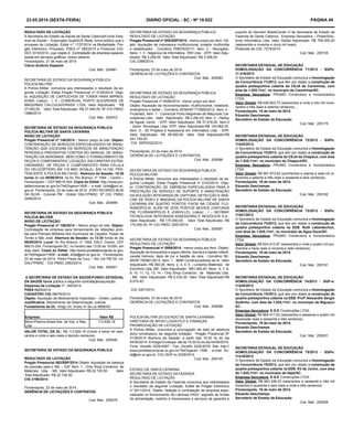 23.05.2014 (sexta-feira) DIÁRIO OFICIAL - SC - Nº 19.822 PÁGINA 49
SECRETARIA DE ESTADO DA SEGURANÇA PÚBLICA
POLÍCIA MILITAR DE SANTA CATARINA
AVISO DE LICITAÇÃO
Pregão Presencial nº 148/2014 – Menor preço do lote. Objeto:
CONTRATAÇÃO DE SERVIÇOS ESPECIALIZADOS DE MANU-
TENÇÃO QUE EXCEDAM OS SERVIÇOS DE MANUTENÇÃO
PERIÓDICA PREVENTIVA CONTIDA NO MANUAL DE MANU-
TENÇÃO DA AERONAVE, BEM COMO O FORNECIMENTO DE
PEÇAS E COMPONENTES, LOCAÇÃO, EM CARÁTER EXTRA-
ORDINÁRIO, DE PEÇAS E COMPONENTES PARA CÉLULA
DO HELICÓPTERO AW 119 MKII (KOALA), S/N 14.740, PER-
TENCENTE À POLÍCIA MILITA/SC. Abertura da Sessão: 15:30
horas do dia 05/06/2014, na Av. Rio Branco, nº 1064 – Centro –
Florianópolis – CEP 88015-204. Cópia do Edital: http://www.por-
taldecompras.sc.gov.br/?lstOrgaos=1606 – e-mail: licita@pm.sc.
gov.br. Florianópolis, 22 de maio de 2014. JOÃO RICARDO BUSI
DA SILVA - Coronel PM - Diretor DALF/PMSC. Nº CIG: PMSC
2499/2014.
Cod. Mat.: 204999
SECRETARIA DE ESTADO DA SEGURANÇA PÚBLICA
POLÍCIA MILITAR
AVISO DE LICITAÇÃO
Pregão Presencial nº 158/2014 – Menor preço do lote. Objeto:
Contratação de empresa para fornecimento de refeições pron-
tas para Policiais Militares dos municípios de Caçador, Passo de
Torres e São José. Abertura da Sessão: às 13:30 horas do dia
09/06/2014. Local: Av Rio Branco, nº 1064, DALF, Centro, CEP
88015-204, Florianópolis-SC, no horário das 13:00 às 19:00h, em
dias úteis. Cópia do Edital: http://www.portaldecompras.sc.gov.
br/?lstOrgaos=1606 - e-mail: licita@pm.sc.gov.br. Florianópolis,
22 de maio de 2014. Pedro Paulo da Cruz – Ten Cel PM Dir. Int.
DALF/PMSC - CIG PMSC 2593/2014.
Cod. Mat.: 205001
A SECRETARIA DE ESTADO DA SAÚDE/FUNDO ESTADUAL
DA SAÚDE torna pública a seguinte contratação/aquisição:
Dispensa de Licitação nº: 345/2014
PSES 6829/2014
CADASTRO CIG 28476/2014
Objeto: Aquisição de Medicamento Importado – Ordem Judicial.
Justificativa: Atendimento de Determinação Judicial.
Fundamento da DL: Artigo 24, Inciso IV da Lei 8666/93.
Empresa Valor R$
Mont-Pharma Brasil Ass. de Imp. e Rep.
Ltda
113.626,18
VALOR TOTAL DA DL: R$ 113.626,18 (Cento e treze mil seis-
centos e vinte e seis reais e dezoito centavos)
Cod. Mat.: 205046
SECRETARIA DE ESTADO DA SEGURANÇA PÚBLICA
RESULTADO DE LICITAÇÃO
Pregão Presencial nº 055/SSP/2014 - menor preço por item. Ob-
jeto: Aquisição de impressora multifuncional, projetor multimídia
e estabilizador - Convênio 759578/20111. Item: 2 - Revogado,
Itens: 1, 3 - Negócios de Informática RW Ltda. - EPP, Valor Adju-
dicado: R$ 3.268,00. Valor Total Adjudicado: R$ 3.268,00.
CIG 2388/2014.
Florianópolis, 23 de maio de 2014.
GERÊNCIA DE LICITAÇÕES E CONTRATOS
Cod. Mat.: 205083
RESULTADO DE LICITAÇÃO
A Secretaria de Estado da Saúde de Santa Catarina/Fundo Esta-
dual da Saúde – Subprojeto QualiSUS Rede, torna público que o
processo de Licitação: Edital n.º 1137/2014 na Modalidade: Pre-
gão Eletrônico, Processo: PSES nº 282/2014 e Protocolo CIG:
SES 3316/2014, cujo objeto é: Contratação de empresa especia-
lizada em serviços gráficos, restou deserto.
Florianópolis, 21 de maio de 2014
Clécio Antônio Espezim
Cod. Mat.: 204961
SECRETARIA DE ESTADO DA SEGURANÇA PÚBLICA
POLÍCIA MILITAR
A Polícia Militar, comunica aos interessados o resultado da se-
guinte Licitação: Edital Pregão Presencial nº 0126/2014. Obje-
to: AQUISIÇÃO DE CARTUCHOS DE TONER PARA IMPRES-
SORA. Lote(s) : I, II - COMERCIAL PORTO ALEGRENSE DE
MAQUINAS CALCULADORASS LTDA, Valor Adjudicado : R$
27.045,00. Valor Total Adjudicado: R$ 27.045,00. Nº CIG PMSC
1888/2014.
Cod. Mat.: 204972
SECRETARIA DE ESTADO DA SEGURANÇA PÚBLICA
RESULTADO DE LICITAÇÃO
Pregão Presencial 082/SSP/2014 Objeto: Aquisição de balança
de precisão para o IML – IGP. Item: 1 - Only Shop Comércio de
Materiais Ltda. - ME, Valor Adjudicado: R$ 22.720,50. Valor
Total Adjudicado: R$ 22.720,50.
CIG 3196/2014
Florianópolis, 23 de maio de 2014.
GERÊNCIA DE LICITAÇÕES E CONTRATOS
Cod. Mat.: 205079
SECRETARIA DE ESTADO DA SEGURANÇA PÚBLICA
RESULTADO DE LICITAÇÃO
Pregão Presencial nº 0048/2014 - menor preço por item.
Objeto: Aquisição de microcomputador, multifuncional, notebook,
smartphone e tablet – Convênio SENASP 773560/2012. Item: 4 -
Frustrado, Item: 1 - Comercial Porto Alegrense de Máquinas Cal-
culadoras Ltda., Valor Adjudicado: R$ 2.290,00. Item: 2 - Harley
de Aguiar Júnior - EPP, Valor Adjudicado: R$ 37.476,00. Item:3
- Zoom Tecnologia Ltda. EPP, Valor Adjudicado:R$ 143.962,00.
Item: 5 - 3D Projetos e Assessoria em Informática Ltda. - EPP,
Valor Adjudicado: R$ 58.000,00. Valor Total Adjudicado:R$
241.728,00.
CIG SSP2322/2014.
Florianópolis, 23 de maio de 2014.
GERÊNCIA DE LICITAÇÕES E CONTRATOS.
Cod. Mat.: 205086
SECRETARIA DE ESTADO DA SEGURANÇA PÚBLICA
POLÍCIA MILITAR
A Polícia Militar, comunica aos interessados o resultado da se-
guinte Licitação: Edital Pregão Presencial nº 0142/2014. Obje-
to: CONTRATAÇÃO DE EMPRESA ESPECIALIZADA PARA A
PRESTAÇÃO DE SERVIÇO DE SUPORTE E MANUTENÇÃO
DA SOLUÇÃO INTEGRADA DE CAPTURA, DETECÇÃO E ANÁ-
LISE DE VÍDEO E IMAGENS DA POLÍCIA MILITAR DE SANTA
CATARINA EM QUATRO PONTOS FIXOS NA CIDADE FLO-
RIANÓPOLIS, ALÉM DE DOIS PONTOS MOVEIS (VIATURAS
PM; FLORIANÓPOLIS E JOINVILLE), Lote(s) : I – NEOWAY
TECNOLOGIA INTEGRADA ASSESSORIA E NEGÓCIOS S.A.,
Valor Adjudicado : R$ 175.000,00. Valor Total Adjudicado: R$
175.000,00. Nº CIG PMSC 2057/2014.
Cod. Mat.: 205087
SECRETARIA DE ESTADO DA SEGURANÇA PÚBLICA
RESULTADO DE LICITAÇÃO
Pregão Presencial nº 0089/2014 - menor preço por item. Objeto:
Aquisição de brinquedos e jogos infantis, barraca e tapete infantil,
caneta hidrocor, lápis de cor e bastão de cera - Convênio SE-
NASP 792981/2013. Item: 1 - BMR Condicionadores de Ar, Valor
Adjudicado: R$ 392,00. Itens: 2, 3, 4, 5 – Licitamix Materiais de
Escritório Ltda. ME, Valor Adjudicado : R$1.450,40. Itens: 6, 7, 8,
9, 10, 11, 12, 13, 14 – Only Shop Comércio de Materiais Ltda.
- ME, Valor Adjudicado: R$ 6.232,00. Valor Total Adjudicado:R$
8.074,40.
CIG 3357/2014.
Florianópolis, 23 de maio de 2014.
GERÊNCIA DE LICITAÇÕES E CONTRATOS
Cod. Mat.: 205088
POLÍCIA MILITAR DO ESTADO DE SANTA CATARINA
DIRETORIA DE APOIO LOGISTICO E FINANÇAS
PRORROGAÇÃO DE LICITAÇÃO
A Polícia Militar, comunica a prorrogação da data de abertura
do(s) envelope(s) da seguinte licitação: Pregão Presencial Nº
0138/2014 Abertura da Sessão: a partir das 15:30 hs do dia
04/06/2014. Entrega Envelope: até às 15:30 hs do dia 04/06/2014.
Fone: (0xx48) 3229-6287 - Fax: (0xx48) 3229-6278. Site: http://
www.portaldecompras.sc.gov.br/?lstOrgaos= 1606 - e-mail: lici-
ta@pm.sc.gov.br. CIG (SGP-e) 2038/2014.
Cod. Mat.: 205145
ESTADO DE SANTA CATARINA
SECRETARIA DE ESTADO DA FAZENDA
RESULTADO DE LICITAÇÃO
A Secretaria de Estado da Fazenda comunica aos interessados
o resultado da seguinte Licitação: Edital de Pregão Eletrônico
nº 0011/2014. Objeto: Seleção e contratação de empresa espe-
cializada no fornecimento de Lâminas HS23, upgrade de fontes
de alimentação, switchs e transceivers e serviços de garantia e
suporte do Servidor BladeCenter H da Secretaria de Estado da
Fazenda de Santa Catarina. Empresa Vencedora – PowerSolu-
tions Informática Ltda. Valor Global Adjudicado: R$ 795.000,00
(setecentos e noventa e cinco mil reais).
Protocolo do CIG: 7274/2014
Cod. Mat.: 205155
SECRETARIA ESTADUAL DE EDUCAÇÃO
HOMOLOGAÇÃO DA CONCORRÊNCIA 71/2013 - SGPe:
11.416/2013
O Secretário de Estado da Educação comunica a Homologação
da Concorrência 71/2013, que tem por objeto a construção de
quadra poliesportiva coberta do CEJA de Canoinhas, com
área de 1.025,11m², no município de Canoinhas/SC.
Empresa Vencedora: PRUMO Construtora e Incorporadora
LTDA.
Valor Global: R$ 628.903,70 (seiscentos e vinte e oito mil nove-
centos e três reais e setenta centavos).
Florianópolis, 19 de maio de 2014.
Eduardo Deschamps
Secretário de Estado da Educação
Cod. Mat.: 205175
SECRETARIA ESTADUAL DE EDUCAÇÃO
HOMOLOGAÇÃO DA CONCORRÊNCIA 72/2013 - SGPe:
11422/2013.
O Secretário de Estado da Educação comunica a Homologação
da Concorrência 72/2013, que tem por objeto a construção de
quadra poliesportiva coberta do CEJA de Chapecó, com área
de 1.025,11m², no município de Chapecó/SC.
Empresa Vencedora: PRUMO Construtora e Incorporadora
LTDA
Valor Global: R$ 587.873,62 (quinhentos e oitenta e sete mil oi-
tocentos e setenta e três reais e sessenta e dois centavos).
Florianópolis, 19 de maio de 2014.
Eduardo Deschamps
Secretário de Estado da Educação
Cod. Mat.: 205182
SECRETARIA ESTADUAL DE EDUCAÇÃO
HOMOLOGAÇÃO DA CONCORRÊNCIA 73/2013 - SGPe:
11421/2013
O Secretário de Estado da Educação comunica a Homologação
da Concorrência 73/2013, que tem por objeto a construção de
quadra poliesportiva coberta na EEB. Ruth Lebardechon,
com área de 1.025,11m², no município de Água Doce/SC.
Empresa Vencedora: PRUMO Construtora e Incorporadora
LTDA.
Valor Global: R$ 624.513,97 (seiscentos e vinte e quatro mil qui-
nhentos e treze reais e noventa e sete centavos).
Florianópolis, 19 de maio de 2014.
Eduardo Deschamps
Secretário de Estado da Educação
Cod. Mat.: 205191
SECRETARIA ESTADUAL DE EDUCAÇÃO
HOMOLOGAÇÃO DA CONCORRÊNCIA 74/2013 - SGP-e:
11420/2013
O Secretário de Estado da Educação comunica a Homologação
da Concorrência 74/2013, que tem por objeto a construção de
quadra poliesportiva coberta na EEB. Profº Alexandre Sergio
Godinho, com área de 1.025,11m², no município de Biguaçu/
SC.
Empresa Vencedora: E.S.E Construções LTDA.
Valor Global: R$ 664.017,63 (seiscentos e sessenta e quatro mil
dezessete reais e sessenta e três centavos).
Florianópolis, 19 de maio de 2014.
Eduardo Deschamps
Secretário de Estado da Educação
Cod. Mat.: 205201
SECRETARIA ESTADUAL DE EDUCAÇÃO
HOMOLOGAÇÃO DA CONCORRÊNCIA 75/2013 - SGPe:
11419/2013
O Secretário de Estado da Educação comunica a Homologação
da Concorrência 75/2013, que tem por objeto a construção de
quadra poliesportiva coberta na EEB. XV de Junho, com área
de 1.025,11m², no município de Itajaí/SC.
Empresa Vencedora: E.S.E Construções LTDA.
Valor Global: R$ 663.346,23 (seiscentos e sessenta e três mil
trezentos e quarenta e seis reais e vinte e três centavos).
Florianópolis, 19 de maio de 2014.
Eduardo Deschamps
Secretário de Estado da Educação
Cod. Mat.: 205205
 