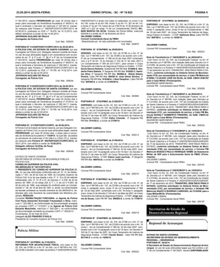 23.05.2014 (sexta-feira) DIÁRIO OFICIAL - SC - Nº 19.822 PÁGINA 5
nº 491/2010, resolve PRORROGAR por mais 30 (trinta) dias o
prazo para conclusão da Sindicância Acusatória nº 49/2013, na
qual é sindicado o Servidor de matrícula nº 307.601-6, manda-
do instaurar pela Portaria n.º 406/SSP/DGPC/CORPC/2013 de
02.09.2013, publicada no DOE n.º 19.679, de 10.10.2013, com
efeitos retroativos a contar do dia 15.05.2014.
JEFERSON GUILHÃO DE PAULA
Corregedor da Polícia Civil
Cod. Mat.: 205030
PORTARIA Nº 314/SSP/DGPC/CORPC/2014 de 20.05.2014
A POLÍCIA CIVIL DO ESTADO DE SANTA CATARINA, por seu
Corregedor da Polícia Civil, Delegado Jeferson Guilhão de Paula,
no uso de suas atribuições legais e em consonância com os pre-
ceitos do art. 3º, § 3º e art. 17, §§ 4º e 5º da Lei Complementar
nº 491/2010, resolve PRORROGAR por mais 30 (trinta) dias o
prazo para conclusão da Sindicância Acusatória nº 06/2014, na
qual é sindicada a Servidora de matrícula nº 292.004-2, manda-
do instaurar pela Portaria n.º 589/SSP/DGPC/CORPC/2013 de
18.12.2013, publicada no DOE n.º 19.759, de 14.02.2014, com
efeitos a contar do dia 22.05.2014.
JEFERSON GUILHÃO DE PAULA
Corregedor da Polícia Civil
Cod. Mat.: 205034
PORTARIA Nº 315/SSP/DGPC/CORPC/2014 de 20.05.2014
A POLÍCIA CIVIL DO ESTADO DE SANTA CATARINA, por seu
Corregedor da Polícia Civil, Delegado Jeferson Guilhão de Paula,
no uso de suas atribuições legais e em consonância com os pre-
ceitos do art. 3º, § 3º e art. 17, §§ 4º e 5º da Lei Complementar
nº 491/2010, resolve PRORROGAR por mais 30 (trinta) dias o
prazo para conclusão da Sindicância Acusatória nº 07/2014, na
qual é sindicado o Servidor de matrícula nº 283.341-7, manda-
do instaurar pela Portaria n.º 590/SSP/DGPC/CORPC/2013 de
18.12.2013, publicada no DOE n.º 19.759, de 14.02.2014, com
efeitos a contar do dia 22.05.2014.
JEFERSON GUILHÃO DE PAULA
Corregedor da Polícia Civil
Cod. Mat.: 205035
PORTARIA Nº. 317/SSP/DGPC/CORPC, de 20.05.2014.
APolícia Civil do Estado de Santa Catarina, por seu Delegado Cor-
regedor da Polícia Civil, no uso de suas atribuições legais, resolve
PRORROGAR por mais 30 (trinta) dias, o prazo para a conclu-
são da Sindicância Acusatória nº 13/2014, na qual são acusados
os servidores de matrículas nº167.286-0 e nº253.137-2, manda-
do instaurar pela Portaria Nº. 092/SSP/DGPC/CORPC/2014, de
29.01.2014, com efeitos a contar de 15.05.2014.
Delegado Jeferson Guilhão de Paula
Corregedor da Polícia Civil
Cod. Mat.: 205038
ESTADO DE SANTA CATARINA
SECRETARIA DE ESTADO DA SEGURANÇA PÚBLICA
POLÍCIA CIVIL
CONSELHO SUPERIOR DA POLÍCIA CIVIL
DELIBERAÇÃO N.º 001/CSPC/2014
O PRESIDENTE DO CONSELHO SUPERIOR DA POLÍCIA CI-
VIL, no uso das atribuições conferidas pelo art. 8º, VI, da Delibe-
ração n.º 001, de 26 de maio de 1994, do Conselho Superior da
Polícia Civil; à luz do que dispõe o arts. 2º, V, 19 e 20 da referida
Deliberação; arts. 2º, VI, 8º e 9º, do Decreto n.º 4.236, de 20 de
janeiro de 1994; c/c do artigo 222, § 1º, I, II, da Lei nº 6.843, de
28 de julho de 1986, cuja redação foi conferida pela Lei Comple-
mentar n.º 36, de 18 de abril de 1991; e, ainda, na conformidade
da decisão prolatada na reunião ordinária do dia 08/05/2014, de-
liberada pelo voto favorável da unanimidade dos Membros pre-
sentes; RESOLVE:
Conceder REABILITAÇÃO FUNCIONAL ao Agente de Polícia
Civil Paulo Alexandre Schroeder Freyesleben e Silva, matrí-
cula n.º 322.895-9, na conformidade da documentação acostada
ao processo CSPC n.º 012/2011 e ao Agente de Polícia Civil
Eduardo Moschetta, matrícula n.º 925.254-1, na conformidade
da documentação acostada ao processo CSPC n.º 005/2013.
Florianópolis, 22 de maio de 2014.
Delegado ALDO PINHEIRO D’ÁVILA
Presidente do Conselho Superior da Polícia Civil
Cod. Mat.: 205082
PORTARIA N.º 247/PMSC de 21/03/2014
REFORMAR POR INCAPACIDADE FÍSICA, com base no Art.
22, XXI, da CF/88 c/c o Art. 4º, do Dec. Lei nº 667/69 e Art. 107,
da CE/89 e também com base na portaria nº 2400/GEREH/DIGA/
PORTARIA Nº 0749/PMSC de 20/05/2014.
DESIGNO, com base no Art. 22, XXI, da CF/88 c/c o Art. 4º, do
Dec. Lei nº 667/69 e Art. 107, da CE/89 e de acordo com o Art.
5º da Lei Complementar nº 380 de 03 de maio 2007 combinado
com o § 4º do Art. 10 do Decreto nº 333 de 31 de maio 2007 e
Lei Complementar nº 550 de 23/11/2011, para compor o Corpo
Temporário de Inativos da Segurança Pública no Estado - CTISP,
Sonia Garcia Pedreira, Subtenente PM RR Mat. 914856-6, Van-
derlei Pedro Batista, 3º Sargento PM RR Mat. 916262-3, Hamil-
ton Silva, 3º Sargento PM RR Mat. 902884-6, Sidnei Albano
Pereira, Cabo PM RR Mat. 904391-8, José Vilmar Silveira, 3º
Sargento PM RR Mat. 915358-6, e Raul Hoepfner, Cabo PM RR
Mat. 905385-9, a contar de 21/05/2014.
VALDEMIR CABRAL
Coronel PM Comandante Geral
Cod. Mat.: 204983
GAB/SSP/2010 e ainda com base no estipulado no Inciso II do
Art 100, inciso III do Art 109, Inciso V do Art 111; §2º do art 112;
e Inciso 2º do art 114, todos da Lei nº6218 de 10 de fevereiro de
1983 c/c o §3º do artigo 13 da Lei Complementar 254/03, NIL-
MAR MARCIO DA SILVA, Soldado da Polícia Militar, matrícula
926438-8 a contar de 27 de fevereiro de 2014.
VALDEMIR CABRAL
Coronel Comandante-Geral da PMSC
(Republicada por ter sido publicada com incorreção)
Cod. Mat.: 204875
PORTARIA Nº 0753/PMSC de 21/05/2014.
DISPENSO, com base no Art. 22, XXI, da CF/88 c/c o Art. 4º, do
Dec. Lei nº 667/69 e Art. 107, da CE/89 e de acordo com o Art. 15
inciso I, da Lei Complementar nº 380 de 03 de maio 2007, com-
binado com o Art 14 parágrafo único e Art 16 item I do Decreto nº
333 de 31 de maio de 2007, do Corpo Temporário de Inativos da
Segurança Pública - CTISP, Edilor Chimiski, 3º Sargento PM
RR Mat. 914102-2, a contar de 21/05/14.
VALDEMIR CABRAL
Coronel PM Comandante Geral
Cod. Mat.: 205213
PORTARIA Nº 0754/PMSC de 21/05/2014.
DISPENSO, com base no Art. 22, XXI, da CF/88 c/c o Art. 4º, do
Dec. Lei nº 667/69 e Art. 107, da CE/89 e de acordo com o Art. 15
inciso I, da Lei Complementar nº 380 de 03 de maio 2007, com-
binado com o Art 14 parágrafo único e Art 16 item I do Decreto nº
333 de 31 de maio de 2007, do Corpo Temporário de Inativos da
Segurança Pública - CTISP, Odson José Laurindo, 3º Sargento
PM RR Mat. 900763-6, a contar de 21/05/14.
VALDEMIR CABRAL
Coronel PM Comandante Geral
Cod. Mat.: 205216
PORTARIA Nº 0748/PMSC de 20/05/2014.
DISPENSO, com base no Art. 22, XXI, da CF/88 c/c o Art. 4º, do
Dec. Lei nº 667/69 e Art. 107, da CE/89 e de acordo com o Art. 15
inciso II, parágrafo único, inciso IV da Lei Complementar nº 380
de 03 de maio 2007, combinado com o Art. 16 inciso II, parágrafo
único, inciso IV do Decreto nº 333 de 31 de Maio de 2007, do Corpo
Temporário de Inativos da Segurança Pública – CTISP, Jorge Jua-
rez de Souza, Cabo PM RR Mat. 900002-0, a contar de 17/05/14.
VALDEMIR CABRAL
Coronel PM Comandante Geral
Cod. Mat.: 205219
PORTARIA Nº 0746/PMSC de 20/05/2014.
DISPENSO, com base no Art. 22, XXI, da CF/88 c/c o Art. 4º, do
Dec. Lei nº 667/69 e Art. 107, da CE/89 e de acordo com o Art. 15
inciso I, da Lei Complementar nº 380 de 03 de maio 2007, com-
binado com o Art 14 parágrafo único e Art 16 item I do Decreto nº
333 de 31 de maio de 2007, do Corpo Temporário de Inativos da
Segurança Pública - CTISP, Claudir Breier, Cabo PM RR Mat.
921184-5, a contar de 15/05/14.
VALDEMIR CABRAL
Coronel PM Comandante Geral
Cod. Mat.: 205222
Nota de Transferência nº 185/SOM/DP-2, de 29/04/2014
 Com fulcro no Art. 22, XXI, da Constituição Federal, no Art. 4º
do Decreto-Lei nº 667/69, com redação dada pelo Decreto-Lei nº
2.010/83, de acordo com o Art. 107 da Constituição do Estado de
Santa Catarina e a Portaria nº 2400/GEREH/DIGA/GAB/SSP, de
17 de dezembro de 2010, TRANSFIRO, SEM ÔNUS PARA O ES-
TADO, conforme solicitação no Sistema Online de Movimen-
tação 2730, por necessidade do serviço, o Cabo PM Matrícula
912956-1 CLAUDIO JOSÉ DA SILVA, do GAB. CMDO-G/BCSV
para a Casa Militar (Florianópolis).
NAZARENO MARCINEIRO
Coronel PM - Comandante-Geral PMSC
Cod. Mat.: 205028
Nota de Transferência nº 186/SOM/DP-2, de 29/04/2014
 Com fulcro no Art. 22, XXI, da Constituição Federal, no Art. 4º
do Decreto-Lei nº 667/69, com redação dada pelo Decreto-Lei
nº 2.010/83, de acordo com o Art. 107 da Constituição do Estado
de Santa Catarina e a Portaria nº 2400/GEREH/DIGA/GAB/SSP,
de 17 de dezembro de 2010, TRANSFIRO, SEM ÔNUS PARA O
ESTADO, conforme solicitação no Sistema Online de Movi-
mentação 2731, por necessidade do serviço, o Cabo PM Ma-
trícula 923452-7 HUMBERTO PINHEIRO, do GAB. CMDO-G/
BCSV para a Casa Militar (Florianópolis).
NAZARENO MARCINEIRO
Coronel PM - Comandante-Geral PMSC
Cod. Mat.: 205032
Nota de Transferência nº 218/SOM/DP-2, de 14/05/2014
 Com fulcro no Art. 22, XXI, da Constituição Federal, no Art. 4º
do Decreto-Lei nº 667/69, com redação dada pelo Decreto-Lei
nº 2.010/83, de acordo com o Art. 107 da Constituição do Estado
de Santa Catarina e a Portaria nº 2400/GEREH/DIGA/GAB/SSP,
de 17 de dezembro de 2010, TRANSFIRO, SEM ÔNUS PARA O
ESTADO, conforme solicitação no Sistema Online de Movi-
mentação 2785, por necessidade do serviço, o Coronel PM
Matrícula 903028-0 PAULO HENRIQUE HEMM, da Assessoria
Militar da SSP para o Subcomando Geral da PMSC (Floria-
nópolis).
VALDEMIR CABRAL
Coronel PM - Comandante-Geral PMSC
Cod. Mat.: 205181
Nota de Transferência nº 228/SOM/DP-2, de 15/05/2014
 Com fulcro no Art. 22, XXI, da Constituição Federal, no Art. 4º
do Decreto-Lei nº 667/69, com redação dada pelo Decreto-Lei
nº 2.010/83, de acordo com o Art. 107 da Constituição do Estado
de Santa Catarina e a Portaria nº 2400/GEREH/DIGA/GAB/SSP,
de 17 de dezembro de 2010, TRANSFIRO, SEM ÔNUS PARA O
ESTADO, conforme solicitação no Sistema Online de Movi-
mentação 2723, por necessidade do serviço, o Soldado PM
Matrícula 924437-9 RODRIGO CARDOSO, do CCS/DIE para a
Casa Militar/BCSv (Florianópolis).
VALDEMIR CABRAL
Coronel PM - Comandante-Geral PMSC
Cod. Mat.: 205187
PORTARIA Nº 0747/PMSC de 20/05/2014.
DISPENSO, com base no Art. 22, XXI, da CF/88 c/c o Art. 4º, do
Dec. Lei nº 667/69 e Art. 107, da CE/89 e de acordo com o Art. 15
inciso II, parágrafo único, inciso III da Lei Complementar nº 380
de 03 de maio 2007, do Corpo Temporário de Inativos da Segu-
rança Pública no Estado – CTISP, Ildefonso Silva, Cabo PM RR
Mat. 908766-4, a contar de 15/05/14.
VALDEMIR CABRAL
Coronel PM Comandante Geral
Cod. Mat.: 205223
ESTADO DE SANTA CATARINA
SECRETARIA DE ESTADO DO DESENVOLVIMENTO
REGIONAL – ARARANGUA
PORTARIA Nº. 04/2014
O Secretário de Estado do Desenvolvimento Regional de Ara-
ranguá, no uso de suas atribuições legais que lhe confere o art.
7º da Lei Complementar nº 381/2007, resolve DISPONIBILIZAR:
 