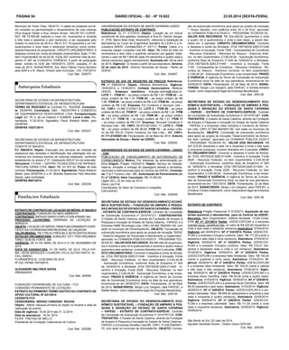 PÁGINA 54 DIÁRIO OFICIAL - SC - Nº 19.822 23.05.2014 (sexta-feira)
Município de Treze Tílias. OBJETO: O objeto do presente convê-
nio consiste na pavimentação e recapeamento de vias urbanas
(Rua August Felder e Rua Johann Anrain. VALOR DO CONVÊ-
NIO: R$ 79.993,66 (setenta e nove mil, novecentos e noventa
e três reais e sessenta e seis centavos), a ser repassado pelo
Estado no exercício de 2014 e R$ 41.411,19 (quarenta e um mil,
quatrocentos e onze reais e dezenove centavos) como contra-
partida financeira do proponente. CRÉDITO ORÇAMENTÁRIO: A
despesa correrá por conta da dotação orçamentária: Ação 11126,
Item Orçamentário 44.40.42.02; Fonte 261 conforme nota de em-
penho nº 497 de 21/05/2014. VIGÊNCIA: A partir da publicação
deste extrato no DOE até 15/04/2015. DATA: Joaçaba, 21 de
maio de 2014. SIGNATÁRIOS: Sra. Nelci Fátima Trento Bortolini
pela SDR e o Sr. Mauro Dresch pelo município. CIG 1797/2014.
Cod. Mat.: 205275
SECRETARIA DE ESTADO DA INFRAESTRUTURA
DEPARTAMENTO ESTADUAL DE INFRAESTRUTURA
TERMO DE RESCISÃO ao Contrato PJ. 183/2008. Contratan-
te: DEINFRA. Contratada: DBA – INDÚSTRIA E COMÉRCIO
DE EQUIPAMENTOS RODOVIÁRIOS LTDA. Fundamentação
Legal: Art. 79, II, da Lei Federal nº 8.666/93. Local e data: Flo-
rianópolis, 11.02.2014. Signatário: Paulo Roberto Meller, pelo
DEINFRA.
DEINFRA 10227/2014
Cod. Mat.: 205237
SECRETARIA DE ESTADO DA INFRAESTRUTURA
DEPARTAMENTO ESTADUAL DE INFRAESTRUTURA
CONVITE Nº 004/2014.
PJ. 058/2014. Objeto: Execução dos serviços de medição da
espessura das camadas e identificação das patologias dos pa-
vimentos em diversos trechos de rodovias estaduais, conforme
estabelecido no anexo nº 01, totalizando 505,07 km de extensão.
Vencedora: CTVIAS – CENTRO TECNOLÓGICO DE INFRAES-
TRUTURA VIÁRIA LTDA. Valor: R$ 141.831,42. Prazo: 40 dias
corridos. Florianópolis, 31.03.2014. Signatários: Paulo Roberto
Meller, pelo DEINFRA e o Sr. Michele Aparecida Felix Machado
Serejo, pela contratada.
DEINFRA 9947/2014
Cod. Mat.: 205239
EXTRATO DE CONTRATO DE LOCAÇÃO DE IMÓVELNº 004/2013
CONTRATANTE: FUNDAÇÃO DO MEIO AMBIENTE
CONTRATADO: IMÓVEIS ZARDO (CNPJ 07.878.479/0001-94)
PROCESSO LICITATÓRIO: DISPENSA DE LICITAÇÃO Nº
0006/2014
OBJETO: LOCAÇÃO DE IMÓVEL PARAFUNCIONAMENTO ESPE-
CÍFICO DA COORDENADORIA REGIONAL DE CAÇADOR
VALOR MENSAL: R$ 3.700,00 (TRÊS MILE SETECENTOS REAIS)
DOTAÇÃO ORÇAMENTÁRIA: SUBAÇÃO: 7277, ITEM ORÇAMEN-
TÁRIO: 33.90.39, FONTE: 240
VIGÊNCIA: DE 01 DE ABRIL DE 2014 A 31 DE DEZEMBRO DE
2014.
DATA DE ASSINATURA: 01 DE ABRIL DE 2014, PELA FAT-
MA: GEAN MARQUES LOUREIRO PELA OUTRA PARTE: AL-
CEU ZARDO
FLORIANÓPOLIS, 12 DE MAIO DE 2014.
Nº CIG: FATMA 15473/2014
ALEXANDRE WALTRICK RATES
PRESIDENTE
Cod. Mat.: 204594
UNIVERSIDADE DO ESTADO DE SANTA CATARINA-UDESC
PUBLICAÇÃO EXTRATO DE CONTRATO
Referência: DL nº. 317/2014. Objeto: Locação de um imóvel
constituído de dois galpões, localizado à Rua Dr. Getúlio Vargas,
nº. 2700, Bairro Bela Vista, Ibirama/SC, referente à instalação de
laboratórios do Curso de Engenharia Sanitária do CEAVI e a In-
cubadora ADERI. Contrato/SEA nº. 6317-7. Partes: Udesc e a
empresa Jaeger Locações Ltda ME. Valor: R$ 3.902,40 (três mil
novecentos e dois reais e quarenta centavos) por galpão, totali-
zando o valor de R$ 7.804,80 (sete mil oitocentos e quatro reais e
oitenta centavos) pagos mensalmente. Assinado em: 08 de abril
de 2014. Vigência: 12 meses a partir de sua assinatura. Ibirama,
22 de maio de 2014. Antonio Heronaldo de Sousa – Reitor da
UDESC.
Cod. Mat.: 204957
EXTRATO DE ATA DE REGISTRO DE PREÇOS Referência:
PR nº 0360/2014. Objeto: Gêneros Alimentícios. Vigência:
15/05/2014 a 15/05/2015. Unidade Gerenciadora: Reitoria/
UDESC. Endereço eletrônico: licitação.reitoria@udesc.br.
LOTE 1 – ITEM 01 – ao preço unitário de R$ 1,93. ITEM 02 – ao
preço unitário de R$ 1,74. ITEM 03 – ao preço unitário de R$
1,64. ITEM 04 – ao preço unitário de R$ 3,24. ITEM 05 – ao preço
unitário de R$ 3,82. Empresa: Elo Comércio e Serviços Ltda –
ME, CNPJ: 14.990.312/0001-02. LOTE 2 – ITEM 06 – ao preço
unitário de R$ 4,46. ITEM 07 – ao preço unitário de R$ 1,24. ITEM
08 – ao preço unitário de R$ 1,24. ITEM 09 – ao preço unitário
de R$ 1,31. ITEM 10 – ao preço unitário de R$ 1,31. ITEM 11
– ao preço unitário de R$ 2,07. Empresa: Tecnoart Comércio E
Serviços Ltda – ME, CNPJ: 06.973.921/0001-17. LOTE 3 – ITEM
12 – ao preço unitário de R$ 48,00. ITEM 13 – ao preço unitá-
rio de R$ 193,33. Flame Comércio De Gás Ltda – ME, CNPJ:
01.171.815/0001-04. Florianópolis, 22 de Maio de 2014. Antonio
Heronaldo de Sousa – Reitor da UDESC.
Cod. Mat.: 205020
UNIVERSIDADE DO ESTADO DE SANTA CATARINA – UDESC
- CAV
PUBLICAÇÃO DE CANCELAMENTO DE AUTORIZAÇÃO DE
FORNECIMENTO Motivo: Por interesse da administração pú-
blica Origem: Pregão 1020/2013; Objeto: Serviço de cotação,
reserva, emissão e entrega de passagens aéreas e terrestres,
nacionais e internacionais para os Centros da UDESC; Contrata-
da: P & P Turismo Ltda - ME; Autorização de Fornecimento (A.
F.) nº 33/2014; Valor Cancelado: R$ 15.000,00.
Lages (SC), 22 de maio de 2014.
Decio Luiz Poli
Coordenador do Setor de Compras e Licitações
CAV/UDESC
Cod. Mat.: 205048
SECRETARIA DE ESTADO DO DESENVOLVIMENTO ECONÔ-
MICO SUSTENTÁVEL – FUNDAÇÃO DE AMPARO À PESQUI-
SAE INOVAÇÃO DO ESTADO DE SANTACATARINA– FAPESC
- EXTRATO DE CONTRATO-ESPÉCIE: Contrato de Concessão
de Subvenção Econômica nº 2014TR1211. CONTRATANTES:
O Estado de Santa Catarina, através da Fundação de Amparo à
Pesquisa e Inovação do Estado de Santa Catarina - FAPESC e a
Empresa SIMB Tecnologia Ltda, CNPJ 09.495.768/0001-58, com
sede no município de Florianópolis/Sc. OBJETO: Concessão de
subvenção econômica para apoio ao projeto de inovação "SIPAC
- Sistema Integrado de Prevenção e Atendimento a Catástrofes",
aprovado na CHAMADA PÚBLICA 03/2013 - PROGRAMA TEC-
NOVA SC. VALOR DOS RECURSOS: R$ 496.494,46 (quatrocen-
tos e noventa e seis mil e quatrocentos e noventa e quatro reais e
quarenta e seis centavos), a serem liberados em 2 parcelas. CRÉ-
DITO ORÇAMENTÁRIO: Correndo a despesa à conta da Ativida-
de: 2724.195730230.0283.011449 - Incentivo à Inovação, Fonte
0628 - Recursos Federais, no item orçamentário 3.3.60.45.00
- Subvenção Econômica, conforme Nota de Empenho nº 625
de 12/05/2014, e Atividade: 2724.195730230.0283.011449 - In-
centivo à Inovação, Fonte 0228 - Recursos Federais, no item
orçamentário 3.3.60.45.00 - Subvenção Econômica, a ser empe-
nhado. PRAZO E VIGÊNCIA: A vigência do Termo de Conces-
são de Subvenção Econômica inicia na data de sua assinatura,
encerrando-se em 30/06/2015. DATA: Florianópolis, 22 de Maio
de 2014. SIGNATÁRIOS: Sergio Luiz Gargioni, pela FAPESC, e
Rafael Besen, como responsável legal da Empresa Beneficiária.
Cod. Mat.: 205134
são de subvenção econômica para apoio ao projeto de inovação
": Grupo Gerador, com potência entre 20 e 25 Kva", aprovado
na CHAMADA PÚBLICA 03/2013 - PROGRAMA TECNOVA SC.
VALOR DOS RECURSOS: R$ 524.426,00 (quinhentos e vinte
e quatro mil e quatrocentos e vinte e seis reais), a serem libe-
rados em 2 parcelas. CRÉDITO ORÇAMENTÁRIO: Correndo
a despesa à conta da Atividade: 2724.195730230.0283.011449
- Incentivo à Inovação, Fonte 7300 - Contrapartida de Convênios
- Recursos Ordinários - Recursos do Tesouro - Exercício Ante-
rior, no item orçamentário 3.3.60.45.00 - Subvenção Econômica,
conforme Nota de Empenho nº 628 de 12/05/2014, e Atividade:
2724.195730230.0283.011449 - Incentivo à Inovação, Fonte
7100 - Contrapartida de Convênios - Recursos Ordinários - Re-
cursos do Tesouro - Exercício Corrente, no item orçamentário
3.3.60.45.00 - Subvenção Econômica, a ser empenhado. PRAZO
E VIGÊNCIA: A vigência do Termo de Concessão de Subvenção
Econômica inicia na data de sua assinatura, encerrando-se em
30/06/2016. DATA: Florianópolis, 22 de Maio de 2014. SIGNA-
TÁRIOS: Sergio Luiz Gargioni, pela FAPESC, e Scheila Adriane
Grade, como responsável legal da Empresa Beneficiária.
Cod. Mat.: 205136
SECRETARIA DE ESTADO DO DESENVOLVIMENTO ECO-
NÔMICO SUSTENTÁVEL – FUNDAÇÃO DE AMPARO À PES-
QUISA E INOVAÇÃO DO ESTADO DE SANTA CATARINA
– FAPESC - EXTRATO DE CONTRATO-ESPÉCIE: Contrato
de Concessão de Subvenção Econômica nº 2014TR1267. CON-
TRATANTES: O Estado de Santa Catarina, através da Fundação
de Amparo à Pesquisa e Inovação do Estado de Santa Catarina
- FAPESC e a Empresa Liebe Indústria e Comércio de Alimen-
tos Ltda, CNPJ 07.550.384/0001-65, com sede no município de
Blumenau/Sc. OBJETO: Concessão de subvenção econômica
para apoio ao projeto de inovação "Desenvolvimento de Alimen-
tos Sem Lactose", aprovado na CHAMADA PÚBLICA 03/2013
- PROGRAMA TECNOVA SC. VALOR DOS RECURSOS: R$
307.233,50 (trezentos e sete mil e duzentos e trinta e três reais
e cinquenta centavos), a serem liberados em 2 parcelas. CRÉDI-
TO ORÇAMENTÁRIO: Correndo a despesa à conta da Ativida-
de: 2724.195730230.0283.011449 - Incentivo à Inovação, Fonte
0628 - Recursos Federais, no item orçamentário 3.3.60.45.00
- Subvenção Econômica, conforme Nota de Empenho nº 683
de 19/05/2014, e Atividade: 2724.195730230.0283.011449 - In-
centivo à Inovação, Fonte 0228 - Recursos Federais, no item
orçamentário 3.3.60.45.00 - Subvenção Econômica, a ser empe-
nhado. PRAZO E VIGÊNCIA: A vigência do Termo de Conces-
são de Subvenção Econômica inicia na data de sua assinatura,
encerrando-se em 13/01/2016. DATA: Florianópolis, 22 de Maio
de 2014. SIGNATÁRIOS: Sergio Luiz Gargioni, pela FAPESC, e
Christine Cimara Odebrecht, como responsável legal da Empresa
Beneficiária.
Cod. Mat.: 205139
EXTRATO DE CONTRATO
Referência Pregão Presencial nº 612/2013, Aquisição de ma-
teriais químicos e laboratoriais para os Centros da UDESC.
Recursos: Item Orçamentário: 339030 Atividade: 11039 Fonte:
0100 AF nº: 231/2014 Partes: UDESC/CEPLAN e a empresa
Cienlab equip. científicos ltda, no valor de R$ 222,60 (duzentos e
vinte e dois reais e sessenta centavos).Assinatura: 07/04/2014;
Vigência: até 30/09/2014. AF nº 232/2014. Partes: UDESC/CE-
PLAN e a empresa Cirúrgica Londrina. Valor: R$ 177,09 (cento e
sessenta e sete reais e nove centavos). Assinatura: 07/04/2014.
Vigência: 30/09/2014. AF nº 233/2014. Partes: UDESC/CE-
PLAN e a empresa Cirúrgica Londrina. Valor: R$ 316,21 (tre-
zentos e dezesseis reais e vinte e um centavos). Assinatura:
07/04/2014. Vigência: 30/09/2014. AF nº 243/2014. Partes:
UDESC/CEPLAN e a empresa Heko Ambiental. Valor: R$ 145,00
(cento e quarenta e cinco reais). Assinatura: 07/04/2014. Vi-
gência: 30/09/2014. AF nº 244/2014. Partes: UDESC/CEPLAN
e a empresa Heko Ambiental. Valor: R$ 183,03 (cento e oitenta
e três reais e três centavos). Assinatura: 07/04/2014. Vigên-
cia: 30/09/2014. AF nº 234/2014. Partes: UDESC/CEPLAN e a
empresa Hexis Científica. Valor: R$ 24,00 (vinte e quatro reais).
Assinatura: 31/03/2014. Vigência: 30/09/2014. AF nº 235/2014.
Partes: UDESC/CEPLAN e a empresa Hexis Científica. Valor: R$
66,00 (sessenta e seis reais). Assinatura: 31/03/2014. Vigência:
30/09/2014. AF nº 245/2014. Partes: UDESC/CEPLAN e a em-
presa Labmaster. Valor: R$ 656,54 (seiscentos e cinquenta e seis
reais e cinquenta e quatro centavos). Assinatura: 22/05/2014.
Vigência: 30/09/2014. AF nº 245/2014. Partes: UDESC/CE-
PLAN e a empresa Labmaster. Valor: R$ 111,50 (cento e onze
reais e cinquenta centavos). Assinatura: 22/05/2014. Vigência:
30/09/2014.
São Bento do Sul, 22 maio de 2014.
Agnaldo Vanderlei Arnold – Diretor Geral CEPLAN
Cod. Mat.: 205160
SECRETARIA DE ESTADO DO DESENVOLVIMENTO ECO-
NÔMICO SUSTENTÁVEL – FUNDAÇÃO DE AMPARO À PES-
QUISA E INOVAÇÃO DO ESTADO DE SANTA CATARINA
– FAPESC - EXTRATO DE CONTRATO-ESPÉCIE: Contrato
de Concessão de Subvenção Econômica nº 2014TR1134. CON-
TRATANTES: O Estado de Santa Catarina, através da Fundação
de Amparo à Pesquisa e Inovação do Estado de Santa Catarina -
FAPESC e a Empresa Geraflex Ltda ME, CNPJ 13.428.638/0001-
70, com sede no município de Schroeder/Sc. OBJETO: Conces-
FUNDAÇÃO CATARINENSE DE CULTURA – FCC
COMISSÃO PERMANENTE DE LICITAÇÃO
EXTRATO DO PRIMEIRO TERMO ADITIVO AO CONTRATO DE
APOIO CULTURAL Nº 041/2014
CEDENTE:FCC
CESSIONÁRIA: SÉRGIO CARDOSO ROCHA
Objeto: Alterar cláusula primeira do objeto no tocante a data de
realização do evento.
Data de vigência: 16.04.2014 até 31.12.2014
Data da assinatura: 16.04. 2014.
FILIPE FREITAS DE MELLO
Presidente da Fundação Catarinense de Cultura
Cod. Mat.: 205296
 