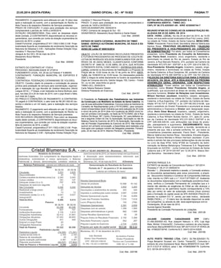 23.05.2014 (sexta-feira) DIÁRIO OFICIAL - SC - Nº 19.822 PÁGINA 77
PAGAMENTO: O pagamento será efetuado em até 10 (dez) dias
após a realização do evento, com a apresentação do Recibo ou
Nota Fiscal e do respectivo Relatório de Serviços prestados.
PRAZO DE EXECUÇÃO: O prazo para prestação dos serviços
compreenderá o período de 14/05 a 24/05/2014.
DOTAÇÃO ORÇAMENTÁRIA: Para cobrir as despesas objeto
deste contrato, a CONTRATANTE disponibilizará os recursos or-
çamentários, que correrão por conta da dotação orçamentária do
exercício de 2014, a saber:
Classif.Funcional programática:27.811.1002.4.006.3.3.90 Proje-
to/atividade:Suporte as modalidades de rendimento Descrição da
Natureza da Despesa:3.3.90 – Aplicações Diretas Dotação Orça-
mentária:11 Recurso:Próprios
Jaraguá do Sul (SC), 05 de maio de 2014.
Alessandro Buozi Martins
Presidente
Cod. Mat.: 205092
EXTRATO DO CONTRATO Nº 17/2014
PROCESSO: INEXIGIBILIDADE Nº 27/2014
FUNDAMENTO LEGAL: Art. 25 da Lei Federal nº 8.666/93.
CONTRATANTE: FUNDAÇÃO MUNICIPAL DE ESPORTES E
TURISMO
CONTRATADA: FEDERAÇÃO CATARINENSE DE VOLEIBOL
OBJETO: Constitui objeto do presente a contratação de pessoa
jurídica para prestação de serviços para coordenação, organiza-
ção e realização da Liga Mundial de Voleibol Masculino (World
League 2014) – 1ª Etapa, a ser realizada na Arena Multiuso Jara-
guá, nos dias 23 e 24 de maio de 2014, com o jogo Brasil x Itália,
num total de 2 jogos.
DO PREÇO E CONDIÇÕES DE PAGAMENTO: A CONTRATAN-
TE pagará à CONTRATADA, o valor total de R$ 281.000,00 (du-
zentos e oitenta e um mil reais), para a realização dos serviços
listados.
PAGAMENTO: O pagamento será efetuado em até 10 (dez) dias
após a realização do evento, com a apresentação do Recibo ou
Nota Fiscal e do respectivo Relatório de Serviços prestados.
DOS RECURSOS ORÇAMENTÁRIOS: Para cobrir as despesas
objeto deste contrato, a CONTRATANTE disponibilizará os recur-
sos orçamentários, que correrão por conta da dotação orçamen-
tária do exercício de 2014, a saber:
Classif.Funcional programática:27.811.1002.4.006.3.3.90 Proje-
to/atividade:Suporte as modalidades de rendimento Descrição da
Natureza da Despesa:3.3.90 – Aplicações Diretas Dotação Orça-
Cod. Mat.: 205198
mentária:11 Recurso:Próprios
PRAZO: O prazo para prestação dos serviços compreenderá o
período de 14/05 a 24/05/2014.
DATA DA ASSINATURA: 05/05/2014
FORO: Comarca de Jaraguá do Sul - SC
SIGNATÁRIOS: Alessandro Buozi Martins e Dante Klaser
Cod. Mat.: 205095
ESTADO DE SANTA CATARINA - MUNICÍPIO DE TIMBÓ
SAMAE –SERVIÇO AUTÔNOMO MUNICIPAL DE ÁGUA E ES-
GOTO DE TIMBÓ
AVISO DE Leilão Nº 000018/2014
OBJETO: LEILÃO DE MATERIAIS RECICLÁVEIS PRESENTES
E FUTUROS PROCEDENTES DE PROCESSO DE COLETA SE-
LETIVA DE RESÍDUOS SÓLIDOS DOMICILIARES POR UM PE-
RÍODO DE 06 (SEIS) MESES, CLASSIFICADOS CONFORME
DECRETO Nº. 3468 DE 10 DE ABRIL DE 2014, QUE INTEGRA
O PRESENTE EDITAL COMO ANEXO I. ENTREGA DOS ENVE-
LOPES: contendo os documentos de Habilitação e a Proposta de
Preços até às 10:00 horas do dia 10 de junho de 2014. ABER-
TURA: dia 10/06/2014 às 10:05 horas. Os interessados poderão
obter a íntegra do edital diariamente no horário de expediente do
Depto de Compras sito à Av. Getúlio Vargas, 700, Centro – Timbó/
SC, ou no site: www.timbo.sc.gov.br.
TIMBO (SC), 20/05/2014.
Carla Tatiana Raduenz Geisler
Diretora Presidente em Exercício
Cod. Mat.: 204157
O Presidente da  Federação dos Trabalhadores nas Indústrias
da Construção e do Mobiliário do Estado de Santa Catarina, no
uso de suas atribuições Estatutárias, Convoca todos os membros do
Conselho de Representantes junto a FETICOMSC, para compare-
cerem à Assembleia Geral Ordinária que será realizada dia 25 (vinte
e cinco) de junho de 2014 (dois mil e quatorze) às 09h00 (nove ho-
ras) em primeira Convocação, na Sede da FETICOMSC sito à Rua
Antônio Dib Mussi, 367, Centro, Florianópolis, SC, para deliberar so-
bre a seguinte Ordem do Dia: A) Apreciação, Aprovação ou não do
Balanço Geral do Exercício de 2013; B) Apreciação, Aprovação ou
não da Previsão Orçamentária do Exercício de 2015. Não havendo
quórum em primeira convocação, a Assembleia será realizada uma
hora após com qualquer número de Delegados presentes. Florianó-
polis, 23 de maio de 2014. Altamiro Perdoná – Presidente.
Cod. Mat.: 205099
METISA METALÚRGICA TIMBOENSE S.A.
COMPANHIA ABERTA - TIMBÓ (SC)
CNPJ Nº 86.375.425/0001-09 - NIRE 4230000744-7
REUNIÃO Nº590 DO CONSELHO DE ADMINISTRAÇÃO RE-
ALIZADA EM 25 DE ABRIL DE 2014
DATA - HORA - LOCAL: No dia 25 de abril de 2014, às 14:00
horas, em sua sede social localizada à Rua Fritz Lorenz, 2442,
na cidade de Timbó, Estado de Santa Catarina. MESA DIRE-
TORA: Presidente: Flavio Snell; Secretária: Márcia Valéria dos
Santos Rosa. PRINCIPAIS DELIBERAÇÕES: 1)ELEIÇÃO
DO PRESIDENTE E VICE-PRESIDENTE DO CONSELHO
DE ADMINISTRAÇÃO: Foi eleito, por todos os Conselheiros
presentes, como Presidente do Conselho de Administra-
ção: Flavio Snell, brasileiro, viúvo, engenheiro, residente e
domiciliado na cidade do Rio de Janeiro, Estado do Rio de
Janeiro, à Rua Marcelo Roberto, 274, portador da Carteira de
Identidade Nº2.970.641 SSP/SP e do CPF 024.614.558-72;
Vice-Presidente: Edvaldo Angelo, brasileiro, casado, enge-
nheiro, residente e domiciliado na cidade de Timbó, Estado
de Santa Catarina, à Rua Cerejeiras, 80, portador da Carteira
de Identidade Nº116.395 SSP/SC e do CPF 154.761.039-53.
2)ELEIÇÃO DA DIRETORIA EXECUTIVA PARA O PERÍODO
2014/2015, OU SEJA, ATÉ A REALIZAÇÃO DA PRÓXIMA
ASSEMBLÉIA GERAL ORDINÁRIA, COM RESPECTIVAS
ATRIBUIÇÕES: Foram eleitos, por todos os Conselheiros
presentes, como Diretor Presidente: Edvaldo Angelo, já
qualificado, que acumulará as áreas de vendas, tecnologia e
recursos humanos; Diretor de Relações com Investidores:
Wilson Harrison Jacobsen, brasileiro, casado, advogado,
residente e domiciliado na cidade de Timbó, Estado de Santa
Catarina, à Rua Argentina, 137, portador da Carteira de Iden-
tidade Nº116.737-5 SSP/SC e do CPF180.443.019-68, que
será o substituto do Diretor Presidente e acumulará as áreas
administrativa e financeira e Diretor sem designação espe-
cífica: Amin Omar Massud, brasileiro, casado, engenheiro,
residente e domiciliado na cidade de Timbó, Estado de Santa
Catarina, à Rua Wilhelm Butzke Senior, 311, apto.23, porta-
dor da Carteira de Identidade Nº2.231.629-2 SSP/SP e do
CPF 028.008.028-04, com atribuições nas áreas de produ-
ção, planejamento e suprimento. ENCERRAMENTO: Nada
mais havendo a tratar, encerraram a reunião, lavrando-se a
presente ata que, lida e achada conforme, foi por todos os
Conselheiros presentes assinada. Flavio Snell - Presidente,
Márcia Valéria dos Santos Rosa - Secretária, Edvaldo Angelo,
Ricardo Teixeira Mendes e Wilson Harrison Jacobsen. O pre-
sente é extrato fiel das principais deliberações da ata lavrada
no Livro de Atas Nº04, folha Nº358 do Conselho de Admi-
nistração da Metisa Metalúrgica Timboense S.A. Registrada/
Arquivada na JUCESC - Junta Comercial do Estado de Santa
Catarina sob o Nº 20141301457 em 12.05.2014. Blasco Bor-
ges Barcellos - Secretário Geral.
Cod. Mat.: 205104
SAPIENS PARQUE S.A.
EXTRATO de decisão na Concorrência Pública n° 001/2014
Processo n° DE.01.01.0005/2014
Decisão:“ (...)Declarada reaberta a sessão, a Comissão analisou
os documentos apresentados pela única concorrente, a empre-
sa: Secucontrol Indústria e Comércio de Componentes Elétricos
Ltda. inscrita no CNPJ sob o n.º 10.617.677/0001-27. Avaliando
os documentos relacionados com a habilitação econômico-finan-
ceira, verificou a Comissão Permanente de Licitações que a li-
citante não atendeu as exigências do Edital ao não alcançar o
capital mínimo ou de patrimônio líquido correspondente a 10%
(dez por cento) do valor de subscrição mínimo (Vsub mínimo)
para a formação do capital social da SPE AVENIDA PIAZZA 03,
previsto no subitem 8.4 “b”, sendo, por este motivo, declarada
INABILITADA.(...).”. O inteiro teor da decisão disponível na sede
da Companhia, ou através do site www.sapiensparque.com.br.
Florianópolis, 20 de maio de 2014.
Aucinei Agenor Brandão
Presidente da Comissão Permanente de Licitações
Cod. Mat.: 205128
JULIANE CANARIN CASAGRANDE EPP. CNPJ:
01.456.000/0001-63, Rua Joaquim Nabuco, n. 970, Loja Algo
Mais, Michel, Criciúma/SC. Comunica o extravio de uma impres-
sora fiscal, Marca BEMATECH mod. MP-20 FI II ECF-IF VER03.26
fab. 4708020739745. Conforme B.O. 00473-2014-03529.
Cod. Mat.: 205166
AUTO POSTO TREVISO LTDA. CNPJ: 00.784.925/0001-70,
Praça Benjamin Scussel, s/n, Centro, Treviso/SC. Comunica o
extravio de uma impressora fiscal, Marca BEMATECH mod. MP-
20 FI II ECF-IF VER2.6, caixa 1, fab. 4708000568178. Conforme
B.O. 00134-2014-00133.
Cod. Mat.: 205176
 