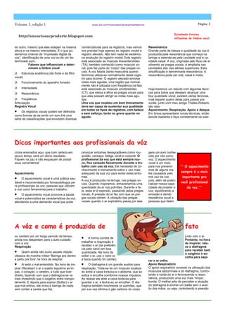 Volume 1, edição 1                                        www.wix.com/marcosaciole/acprodartejornal                                        Página 3


                                                                                                                         Estudando fatores
   http://anunciosacprodarte.blogspot.com
                                                                                                                         influentes de timbre vocal


do outro, mesmo que eles estejam na mesma         nomenclaturas para os registros, mas vamos          Ressonância
altura e na mesma intensidade. É o que po-        nos prender hoje apenas ao registro modal e         Grande parte da beleza e qualidade da voz é
deríamos chamar de “impressão digital da          registro elevado. Não tem nada de esotérico         produzida pela ressonância que começa na
voz”, identificação de uma voz ou de um de-       na produção do registro modal. Este registro        laringe e estende-se pela cavidade oral e ca-
terminado som.                                    está associado ao músculo tireoaritenóideo          vidade nasal. A voz, originada pelo fluxo de ar
           Fatores que influenciam e deter-       (TA), também conhecido como músculo vo-             vibrando as pregas vocais, é ampliada nas
           minam o timbre vocal:                  cal, pois faz parte do “corpo” das pregas vo-       cavidades das vias aéreas superiores. Esta
                                                  cais. A voz falada (tanto masculina quanto          amplificação é denominada ressonância. A
     Estrutura anatômica (de fonte e de filtro
                                                  feminina) utiliza-se normalmente deste regis-       ressonância pode ser oral, nasal e mista.
vocal)                                            tro para ocorrer. O registro elevado envolve
     Funcionamento do aparelho fonador            notas mais agudas, uma região que normal-
                                                  mente não é utilizada com freqüência na fala;
     Intensidade                                  está associado ao músculo cricotireóideo            Hoje traremos um estudo com algumas técni-
     Ressonância                                  (CT), que estica e afina as pregas vocais para      cas para todos que desejam alcançar uma
                                                  que elas possam atingir as notas mais agu-          boa qualidade vocal, existem várias técnicas,
     Freqüência                                   das.                                                mas separei quatro delas para passar pra
Articulação                                       Uma voz que recebeu um bom treinamento              vocês, junto com meu amigo Thalles Roberto
Registro Vocal                                    deve ser capaz de sustentar sua qualidade           são elas:
                                                  em todos os tipos de registros, com beleza          Aquecimento, Respiração, Apoio e Ataque.
     Os registros vocais podem ser definidos
                                                  e sem esforço, tanto no grave quanto no             Em breve apresentarei novas técnicas, então
como formas de se emitir um som.Há uma            agudo.                                              estude bastante e faça corretamente os exer-
série de classificações que envolvem diversas




Dicas importantes aos profissionais da vóz
cícios ensinados aqui, que com certeza em         provocar sintomas desagradáveis como rou-           gera um som conhe-
pouco tempo verá um ótimo resultado.              quidão, cansaço, fadiga vocal e corporal. O         cido por nós como
Fiquem na paz e não esqueçam de postar            profissional da voz que está sempre rou-            voz. O aquecimento
seus comentários!                                 co, fica cansado fisicamente durante o tra-         vocal é um meio
                                                  balho com uso da voz. Ele necessita de co-          para nos prevenir-      '' O aquecimento
                                                  nhecimento e treinamento sobre o uso mais           mos de alguns ma-
Aquecimento                                       adequado da sua voz para evitar estes sinto-        les causados pelo
                                                                                                                              sempre é o mais
     O aquecimento vocal é uma prática sau-
                                                  mas.                                                mal uso da voz,          importante pra
                                                  A voz é produzida na laringe, nas pregas vo-        pois, além de poten-
dável e recomendada por fonoaudiólogos pa-        cais. Quando inspiramos, armazenamos uma            cializar nossa capa-
                                                                                                                              você profissional
ra profissionais da voz, pessoas que utilizam     quantidade de ar nos pulmões. Durante a fa-         cidade de projetar a         da voz.''
a voz como ferramenta para o trabalho.            la, esse ar é expirado, passando pelas pregas       voz, equilibrando a
     O aquecimento vocal promove a saúde          vocais. A pressão do ar faz com que as pre-         emissão e dando
vocal e potencializa as características da voz,   gas vocais vibrem. A vibração das pregas            resistência vocal a
atendendo a uma demanda vocal que pode            vocais quando o ar expiratório passa por elas       pessoas que falam




A vóz e como é produzida de                                                                                                      fato
ou cantam por um longo período de tempo,                                                                                         junto com o ar.
                                                       A forma correta de
ainda nos despertam para o auto-cuidado                                                                                          Portanto, na hora
com a voz.                                        trabalhar a respiração é                                                       de inspirar, rela-
Respiração                                        receber o ar (de preferên-                                                     xe o diafragma
                                                  cia pelo nariz) em boa                                                         para receber bem
     Quem ainda não ouviu aquela citação          quantidade. Na hora de                                                         o oxigênio e en-
clássica de marcha militar “Barriga pre dentro    soltar o ar, use o nariz (e                                                    colha para expi-
e peito pra fora” na hora de respirar.            a boca quando for cantar).                          rar o ar velho
      Ai está o mal-entendido. Na hora de ins-         O diafragma é um grande auxiliar para          Apoio Respiratório
pirar (Receber) o ar o sujeito espreme as tri-    respiração. Trata-se de um músculo localiza-        O apoio respiratório consiste na utilização dos
pas, o coração, o cérebro, e tudo que tiver       do entre a caixa torácica e o abdome, que se        músculos abdominais e do diafragma, contro-
direito, fazendo com que o diafragma se re-       estica e encolhe comforme nossos impulsos.          lando a saída do ar e favorecendo a resso-
traia impedindo que o oxigênio entre tranqui-     Ao relaxar ele abre a caixa torácixa para           nância, produzindo uma voz mais “limpa”,
lamente. E depois para expirar (Soltar) o ar      guardar o ar, e fecha ao se encolher. O dia-        bonita. O melhor jeito de perceber a atuação
que mal entrou, ele incha a barriga de nada,      fragma também movimenta os pulmões, que             do diafragma é encher um balão sem o auxí-
sem contar a careta que faz.                      por sua vez elimina o gás carbono do corpo          lio das mãos, ou seja, controlando a pressão
 