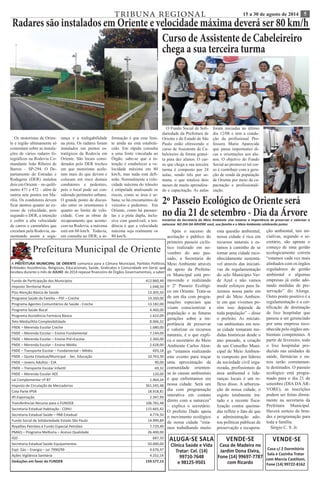 TRIBUNA REGIONAL 15 a 30 de agosto de 2014 5 
Prefeitura Municipal de Oriente 
A PREFEITURA MUNICIPAL DE ORIENTE comunica para a Câmara Municipal, Partidos Políticos, 
Entidades Assistências, Religiosas, Educacionais, Saúde, Sindicatos e Comunidade em Geral, que 
recebeu durante o mês de JULHO de 2014 repasse financeiro de Órgãos Governamentais, a saber: 
Fundo de Participação dos Municípios 412.860,49 
Imposto Territorial Rural 1.048,50 
Piso Atenção Básica de Saúde 13.305,50 
Programa Saúde da Família – PSF – Creche 14.260,00 
Programa Agentes Comunitários de Saúde - Creche 13.182,00 
Programa Saúde Bucal 4.460,00 
Programa Assistência Farmácia Básica 1.622,09 
Teto Média/Alta Complexibilidade 8.066,32 
FNDE – Merenda Escolar Creche 1.680,00 
FNDE – Merenda Escolar – Ensino Fundamental 7.144,00 
FNDE – Merenda Escolar – Ensino Pré=Escolar 2.360,00 
FNDE – Merenda Escolar – Ensino Médio 2.628,00 
FNDE – Transporte Escolar – Fundamental – Médio 693,18 
FNDE – Quota Estadual/Municipal - Sec. Educação 10.763,50 
FNDE – Jovens Adultos - EJA 90,00 
FNDE – Transporte Escolar Infantil 69,32 
FNDE – Merenda Escolar AEE 120,00 
Lei Complementar nº 87 1.464,34 
Imposto de Circulação de Mercadorias 361.245,48 
Cota Parte IPVA 18.918,81 
IPI Exportação 2.347,99 
Transferências Recurso para o FUNDEB 106.781,48 
Secretaria Estadual Habitação - CDHU 115.665,42 
Secretaria Estadual Saúde – PAB Estadual 4.774,50 
Fundo Social de Solidariedade Estado São Paulo 14.999,89 
Royalties Petróleo e Fundo Especial Petróleo 7.729,49 
PMAQ – Programa Melhoria – Acesso Qualidade 26.400,00 
IGD 687,50 
Secretaria Estadual Saúde Equipamentos 50.000,00 
Expl. Gás – Energia – Lei 7990/99 4.676,47 
Ações Vigilância Sanitária 4.252,14 
Deduções em favor do FUNDEB 159.577,13 
ALUGA-SE SALA 
Clínica Saúde e Vida 
Tratar: Cel. (14) 
99710-7648 
e 98125-9501 
VENDE-SE 
Casa de Madeira no 
Jardim Dona Elvira, 
Fone (14) 99697-7787 
com Ricardo 
VENDE-SE 
Casa c/ 2 Dormitório 
Sala e Cozinha Tratar 
com Marcia Castilioni, 
Fone (14) 99722-8162 
Radares são instalados em Oriente e velocidade máxima deverá ser 80 km/h 
Os motoristas de Orien-te 
e região ultimamente só 
comentam sobre as instala-ções 
de vários radares fo-tográficos 
na Rodovia Co-mandante 
João Ribeiro de 
Barros – SP-294. O De-partamento 
de Estradas e 
Rodagens (DER) instalou 
dois em Oriente – no quilô-metro 
471 e 472 – além de 
outros sete pontos em Ma-rília. 
Os condutores devem 
ficar atentos quanto ao ex-cesso 
de velocidade, pois 
segundo o DER, a intenção 
é coibir a alta velocidade 
de carros e caminhões que 
circulam pela Rodovia, au-mentando 
assim a segu-rança 
e a trafegabilidade 
na pista. Os radares foram 
instalados em pontos es-tratégicos 
da Rodovia em 
Oriente. São locais consi-derados 
pelo DER trechos 
em que motoristas acele-ram 
mais do que devem e 
colocam em risco demais 
condutores e pedestres, 
pois o local pode ser con-siderado 
perímetro urbano. 
O grande ponto de discus-são 
entre os orientenses é 
quanto ao limite de velo-cidade. 
Com as obras de 
recapeamento que aconte-cem 
na Rodovia, a máxima 
está em 60 km/h. Todavia, 
em consulta ao DER, a in-formação 
é que esse limi-te 
ainda na está estabele-cido. 
Em rápida consulta 
a uma fonte vinculada ao 
Órgão, sabe-se que a in-tenção 
é estabelecer a ve-locidade 
máxima em 80 
km/h, mas nada está defi-nido. 
Normalmente a velo-cidade 
máxima do trânsito 
é estipulada analisando os 
riscos, como se área é ur-bana, 
se há cruzamentos de 
veículos e pedestres. Em 
Oriente, como há passare-las 
e a pista dupla, inclu-sive 
com guard-rail, a ten-dência 
é que a velocidade 
máxima seja realmente os 
80 km/h. 
Curso de Assistente de Cabeleireiro 
chega a sua terceira turma 
O Fundo Social de Soli-dariedade 
da Prefeitura de 
Oriente e do Estado de São 
Paulo estão oferecendo o 
curso de Assistente de Ca-beleireiro 
de forma gratui-ta 
para dez alunos. O cur-so 
que chega a sua terceira 
turma é composto por 24 
aulas, sendo três por se-mana, 
o que totaliza dois 
meses de muito aprendiza-do 
e capacitação. As aulas 
foram iniciadas no último 
dia 12/08 e tem a condu-ção 
da profissional Pro-fessora 
Maria Aparecida 
que passa importantes di-cas 
e orientações aos alu-nos. 
O objetivo do Fundo 
Social ao promover tal cur-so 
é contribuir com a gera-ção 
de renda da população 
de Oriente por meio da ca-pacitação 
e profissionali-zação. 
2º Passeio Ecológico de Oriente será 
no dia 21 de setembro - Dia da Árvore Iniciativa da Secretaria do Meio Ambiente visa mostrar a importância de preservar e valorizar a 
natureza NO DIA DA ÁRVORE você, sua família e o Meio Ambiente celebrarão juntos 
Após o sucesso de 
aceitação e público do 
primeiro passeio ciclís-tico 
realizado em no-vembro 
do ano pas-sado, 
a Secretaria do 
Meio Ambiente através 
do apoio da Prefeitu-ra 
Municipal está pro-movendo 
e realizando 
o 2º Passeio Ecológi-co 
em Oriente. Trata-se 
de um dia com progra-mações 
especiais que 
visam conscientizar a 
população e as futuras 
gerações sobre a im-portância 
de preservar 
e valorizar os recursos 
naturais, é o que expli-ca 
o secretário do Meio 
Ambiente Carlos Alon-ge 
“estamos realizando 
este evento para traçar 
uma aproximação da 
comunidade orienten-se 
às causas ambientais 
e que enfrentamos em 
nossa cidade. Será um 
dia com programação 
interativa em contato 
direto com a natureza” 
– explica o secretário. 
O prefeito Dado apoia 
o movimento ecológico 
de nossa cidade “esta-mos 
trabalhando muito 
esta questão ambiental, 
nossa cidade é rica em 
recursos naturais e es-tamos 
à caminho de se 
tornar uma cidade reco-nhecidamente 
sustentá-vel 
através das iniciati-vas 
de regulamentação 
do selo Município Ver-de 
Azul e não vamos 
medir esforços para fa-zermos 
nossa parte em 
prol do Meio Ambien-te 
em que vivemos po-rém 
isso depende de 
toda população” – disse 
o prefeito. As iniciati-vas 
ambientais em nos-sa 
cidade tomaram me-didas 
históricas desde o 
ano passado, a criação 
de um Conselho Muni-cipal 
de Meio Ambien-te 
composto por líderes 
da sociedade civil orga-nizada, 
profissionais da 
área ambiental e lide-ranças 
locais é um re-flexo 
disso. A arboriza-ção 
de nossa cidade, o 
esgoto totalmente tra-tado 
e a recente fisca-lização 
contra queima-das 
reflete o fato de que 
a administração ado-tou 
políticas públicas de 
preservação e recupera-ção 
ambiental, tais ini-ciativas, 
segundo o se-cretário, 
são apenas o 
começo de uma gestão 
ecologicamente correta 
“estamos cada vez mais 
alinhados com os órgãos 
reguladores de gestão 
ambiental e algumas 
empresas já estão ado-tando 
medidas de pre-servação” 
diz Alonge. 
Outro ponto positivo é a 
regulamentação e a cer-tificação 
de destinação 
de lixo hospitalar que 
passou a ser gerenciado 
por uma empresa reco-nhecida 
pelo órgãos am-bientais 
competentes. A 
partir de fevereiro, todo 
o lixo hospitalar pro-duzido 
nas unidades de 
saúde, farmácias e ou-tros 
serão corretamen-te 
destinados. O passeio 
ecológico está progra-mado 
para o dia 21 de 
setembro (DIA DA ÁR-VORE), 
as inscrições 
podem ser feitas direta-mente 
na secretaria da 
Prefeitura Municipal. 
Haverá sorteio de brin-des 
e programação para 
toda a família. 
Sérgio C. S. Jr. 
 