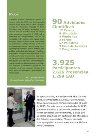 17
Na oportunidade, a Presidente da ABP, Carmita
Abdo, e o Presidente da APRS, Flávio Shansis,
descerraram a placa comemorativa dos 80 anos
da APRS. Carmita destacou o trabalho da APRS,
que vem ajudando a psiquiatria brasileira a se
tornar conhecida universalmente, e disse que
se sentia orgulhosa em participar das atividades
dos 80 anos da entidade. “Espero que haja
uma agregação cada vez maior entre a ABP e a
APRS”, destacou.
Sócios
“A primeira questão a destacar é o grande nú-
mero de sócios da APRS, fruto de uma gestão
que buscou ser ainda mais inclusiva. Uma pro-
va disso foi o Congresso realizado em Bento
Gonçalves, que foi aberto, atualizado e sin-
tonizado com os aspectos atuais da cultura,
e não apenas da psiquiatria. A APRS está na
vanguarda dos acontecimentos. Isso foi de-
monstrado, entre outros, pelo espaço criado
durante o evento na Serra, onde, nos interva-
los, aconteciam sessões culturais envolvendo
imigrantes colombianos, cantor transex, popu-
lação negra e população de rua. Portanto, esta
gestão é acolhedora, aberta para a inclusão e a
diversidade. Isto gera mais união entre os as-
sociados, com maior envolvimento e participa-
ção de todos. Outro momento importante foi a
festa dos 80 anos da APRS, com grande parti-
cipação dos sócios. A Associação vem amplian-
do a sua força e mostrando o porquê da sua
colocação no ranking nacional.” (Dr. Leonardo
Rubin, Vice-Coordenador do Departamento de
Psicoterapia)
Dr. Leonardo Rubin
Vice-coordenador do Deptº de Psicoterapia
90 Atividades
Científicas
17 Cursos
8 Simpósio:
4 Workshop
2 Fórum
57 Palestras
3 Ciclo de Avanços
1 Congresso
3.925
Participantes
2.626 Presencias
1.299 EAD
 