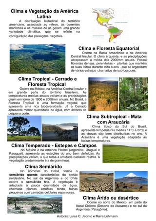 Clima e Vegetação da América
Latina
A distribuição latitudinal do território
americano, associada ao relevo, ás correntes
marítimas e ás massas de ar, geram uma grande
variedade climática, que se reflete na
configuração das paisagens vegetais.
Clima e Floresta Equatorial
Ocorre na Bacia Amazônica e na América
Central Insular. O clima é quente, e as precipitações
ultrapassam a média dos 2000mm anuais. Possui
florestas densas, perenifólias - plantas que mantêm
as suas folhas durante todo o ano - que se organizam
de vários estratos chamados de sub-bosques.
Clima Tropical - Cerrado e
Floresta Tropical
Ocorre no México, na América Central Insular e
em grande parte do território brasileiro. As
temperaturas médias anuais variam e as precipitações
giram em torno de 1000 e 2000mm anuais. No Brasil, a
Floresta Tropical é uma formação vegetal, que
apresenta uma rica biodiversidade. Já o Cerrado
apresenta menor quantidade de água, com árvores de
pequeno porte.
Clima Subtropical - Mata
com Araucária
Clima típico do Sul do Brasil,
apresenta temperaturas médias 14o
C a 22o
C e
as chuvas são bem distribuídas no ano. A
Araucária é uma vegetação adaptada às
baixas temperaturas.
Clima Temperado - Estepes e Campos
No México e na América Platina (Argentina, Uruguai e
Paraguai), apresenta as estações do ano bem definidas. As
precipitações variam, o que torna a umidade bastante restrita. A
vegetação predominante é a de gramíneas.
Clima Semiárido
No nordeste do Brasil, temos o
semiárido quente característico do sertão
nordestino. No sul da Argentina e do Chile
ocorre o semiárido frio. A vegetação é
adaptada à pouca quantidade de água,
chamada plantas xerófitas tendo folhas
pequenas com camadas celulares esponjosas.
Clima Árido ou desértico
Ocorre no norte do México, em parte do
litoral Chileno (Deserto do Atacama) e no sul da
Argentina (Patagônia).
Autoras: Luísa C. Jacinto e Maira Lohmann
 