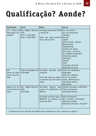 A Not íci A Por Qu em Vi V e | ou t u bro        de   2010      15



Qualificação? Aonde?
Instituição       Local                    Datas                         Cursos
CVT - Centro de Rua Edgard Werneck, Inscrições abertas de 27/09          Aux. de cozinha
Valorização Tec- 1615               a 26/10/10                           Aux. de restaurante
nológica         Fone 1: 2333-6610                                       Camareira
                 Fone 2: 2333-6609  Início das aulas previsto            Barmam
                                    para o dia 3/11/10                   Copeiro
                                                                         Rotina de dep. pessoal
                                                                         Recepcionista
                                                                         Telemarketing
                                                                         Promotor de vendas
                                                                         Mont./man. de micros
                                                                         Enc. Bombeiro hidráulico
                                                                         Eletrecista predial
                                                                         Ladrilheiro
                                                                         Pedreiro
                                                                         Pintor
                                                                         Carpinteiro de forma
                                                                         Apontador de obras
CRJ              José de Arimatéia, 80 Inscrições previstas para         Assist. de cabeleireiro
Centro de Refe- 2333-6598              novembro                          Maquiagem
rência da juven-                                                         Manicure e pedicure
tude                                   Início das aulas no primei-       Assist. de cozinha
                                       ro semestre de 2011 (Feve-        Assist. administrativo
                                       reiro)                            Informática básica
                                                                         Web design
Agência de De- Rua Edgard Werneck, Inscrições abertas para               Pedreiro estucador e ladrilheiro
senvolvimento 1656                 cursos de qualificação do             Pintor de alvenaria
Local          2443-1626           SESI-RJ                               Informática básica

                                           Inscrições previstas para o Eletro-automotiva
                                           SENAI-RJ no primeiro se- Mec. de manut. de motores
                                           mestre de 2011              Eletrecista predial
                                                                       Eletrecista de manut. industral*


 * A demanda de cursos oferecida pelo SENAI pode ser diferente em 2011, informe-se na agência
 