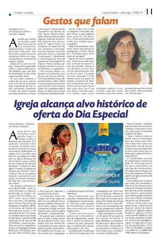 11o jornal batista – domingo, 15/06/14missões mundiais
Rosângela Teck –
Missionária da JMM no
Huambo, Angola
A
credito que muitos
missionários, pelo
menos uma vez em
seus ministérios,
perguntaram-se: “Como vim
parar aqui neste país?”. Isso
me ocorreu várias vezes em
momentos difíceis ou expe-
rimentando um momento de
choque cultural.
Depois de 22 anos em An-
gola, ainda tenho aprendido
sobre a cultura deste povo.
São detalhes que, por falta
de intimidade, eu não tinha
experimentado antes.
Se você quer conhecer a
cultura de um povo, precisa
viver com eles os momentos
mais importantes de suas vi-
das: nascimento, casamento
e morte. São nesses eventos
que estão presentes os rituais
Marcia Pinheiro – Redação
de Missões Mundiais
A
pesar de ter uma
economia consi-
derada frágil, o
Amapá começa a
despertar para Missões. Um
promotor voluntário des-
se estado da região norte
do Brasil escreveu ao nosso
missionário mobilizador na
região, Luiz Carvalho, para
falar de sua alegria ao saber
que sua igreja alcançou um
alvo histórico para a oferta
do Dia Especial de Missões
Mundiais. O objetivo dele
agora é mostrar às igrejas do
Amapá que Missões trans-
culturais não se faz apenas
durante o período de cam-
panha, no primeiro semestre
de cada ano, mas durante o
ano inteiro.
No Amapá, o Produto In-
terno Bruto (PIB) – que é a
soma de todas as riquezas
produzidas no estado – al-
cançou R$ 8,9 bilhões em
2011. Esses são os dados
mais recentes, divulgados
pelo Instituto Brasileiro de
Geografia e Estatística (IBGE)
e Secretaria de Estado do
Planejamento no dia 17 de
dezembro de 2013. O núme-
ro está bem abaixo do estado
de São Paulo, cujo último PIB
registrado foi de mais de R$
475 bilhões, o maior do país.
Mas isso não foi impedimen-
to para a Congregação Batista
Redenção, em Macapá, atin-
gir uma oferta histórica para
e nos quais é demonstrada
claramente sua filosofia de
vida. Nesses últimos meses,
pude observar mais de perto
algumas tradições do povo.
Pela primeira vez, meu es-
poso, Pr. Sabino Teck, e eu
aceitamos ser padrinhos de
um casamento e participa-
mos de algumas reuniões
familiares como a chamada
“continuação” – literalmente
a continuação da festa de
casamento no dia seguinte às
núpcias. Nesta ocasião, par-
ticipam somente os noivos,
os familiares e os padrinhos.
Uma semana depois, es-
távamos no funeral de uma
pessoa da mesma família.
Um ritual diferente é que, de-
pois do enterro, todos voltam
à casa da pessoa que morreu
para fazerem uma refeição
juntos e se consolarem após a
perda. Só depois disso é que
se dispersam paulatinamente.
o Dia Especial, segundo o
promotor Euler Viana.
“A campanha ‘Entre em
Campo com Cristo, pelas Na-
ções’ foi uma bênção! Nossa
igreja se mobilizou de uma for-
ma incrível e, graças a Deus,
conseguimos atingir um alvo
histórico para a honra e glória
do Senhor”, comemora Euler.
Ele garante que o próximo
passo é fazer a igreja enten-
der que Missões se faz o ano
inteiro. Para isso, ele tem fei-
to propostas para que a igreja
adote projetos missionários.
Ele também tem levado ou-
tros irmãos da congregação
Assim, rindo com os que
se alegram e chorando com
que sofrem, é que podemos
fazer parte da vida deles.
Isso os toca profundamente
e abre seus corações para o
evangelho.
Depois de momentos como
esses, temos visto pessoas se
entregando a Cristo e dizen-
do: “Também quero fazer
parte da sua igreja”.
Apesar de nossa imperfei-
ção, temos procurado amar
não somente em palavras,
mas em atitudes, porque a
voz de Deus se ouve atra-
vés da demonstração diá-
ria de seu amor. E quando
eu tento responder a mim
mesma como vim parar em
Angola, o Espírito de Deus
me consola e me traz à me-
mória que Ele que trouxe
aqui para fazer ouvir sua
voz, tanto a ouvintes quan-
to a surdos, cegos e que
a adotarem projetos de forma
individual.
Para o mobilizador Luiz
Carvalho, o testemunho desta
congregação é impressionan-
te, com uma visão arrojada
de investimento e serviço à
obra missionária do nosso
Senhor Jesus.
“Espero que esta notícia
possa ecoar como testemu-
nho de engajamento, empe-
nho e vitória no desenvol-
vimento de uma campanha
para o sustento dos campos
missionários”, diz Luiz.
O mobilizador ressalta que
a oferta alcançada por esta
enxergam, pobres e ricos,
vivendo o que eles vivem,
sofrendo o que eles sofrem,
congregação em 2014 che-
gou ao patamar referencial
de 5% de toda a oferta do
Dia Especial enviada pelas
igrejas do estado do Amapá
à JMM em 2013. Para ele,
este o início do despertar das
igrejas amapaenses à obra de
evangelização transcultural.
“Deve prevalecer a existên-
cia da igreja fiel ao sustento
dos campos do Senhor. É
pela fidelidade aos desígnios
de Deus que a igreja marcha
sustentando, avançando e
prosperando os desejos do
nosso Deus para o mundo”,
comenta o mobilizador.
gozando do que lhes dá ale-
gria. Enfim, demonstrando
seu infinito amor.
Marcia Carrilho, mobiliza-
dora em Mato Grosso do Sul,
também comemorou mais
esta vitória para a expansão
do Reino de Deus.
“Que o Senhor continue
dando forças e estratégias
para que muito mais conti-
nue sendo feito. Que esse
testemunho sirva de encora-
jamento para prosseguirmos
ao alvo e que outros mais ve-
nham para a glória de Deus”,
disse Marcia.
O coordenador nacional
de mobilização e eventos da
JMM, Pr. Fernando Leiros,
diz que é maravilhoso ver
este tipo de envolvimento.
Ele espera que continuar ven-
do a mão poderosa de Deus
agindo nas igrejas batistas de
todo o Brasil.
Vale lembrar que as igrejas
que ainda não mandaram a
oferta do Dia Especial para
a Junta de Missões Mundiais
têm até o dia 30 de setembro
para enviá-la, participando
assim deste grande empenho
para levar a Palavra de Deus
aos povos não alcançados.
Veja as formas para sua
igreja enviar a oferta do Dia
Especial: através do boleto
bancário ou depósito (Banco
Bradesco, agência 1125-8,
conta corrente 59000-2). Caso
não tenha recebido os bole-
tos, escreva para pam@jmm.
org.br ou ligue para a Cen-
tral de Atendimento: 2122-
1901/2730-6800 (cidades
com DDD 21) ou 0800-709-
1900 (demais localidades).
Gestos que falam
Igreja alcança alvo histórico de
oferta do Dia Especial
 