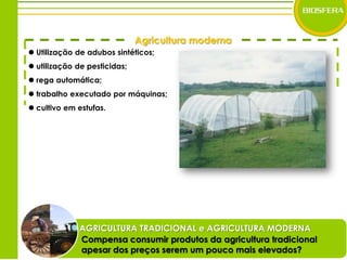 Agricultura moderna Utilização de adubos sintéticos; utilização de pesticidas; rega automática; trabalho executado por máquinas; cultivo em estufas.AGRICULTURA TRADICIONAL e AGRICULTURA MODERNACompensa consumir produtos da agricultura tradicional apesar dos preços serem um pouco mais elevados?