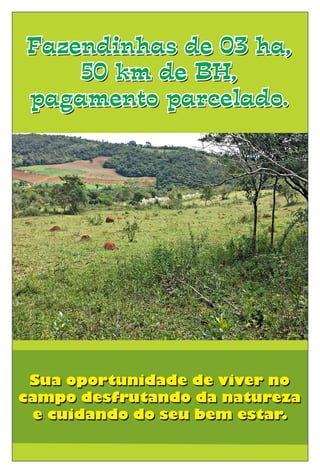 Fazendinhas de 03 ha,
50 km de BH,
pagamento parcelado.
Fazendinhas de 03 ha,
50 km de BH,
pagamento parcelado.
Sua oportunidade de viver no
campo desfrutando da natureza
e cuidando do seu bem estar.
Sua oportunidade de viver no
campo desfrutando da natureza
e cuidando do seu bem estar.
 