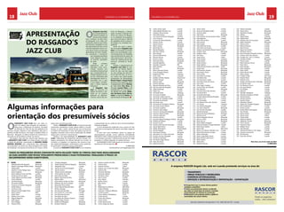 Jazz Club Jazz Club 
18 CHELAPRESS | 11 DE eestmbor 2014 CHELAPRESS | 11 DE eestmbor 2014 19 
O Rasgado’s Jazz Club, 
um empreendimento 
cultural localizado na 
primeira linha da Baía 
Azul, município da Baía Farta, 
em Benguela, é um clube com 
instalações próprias para efeito, 
que tenciona congregar no seu 
seio aficcionados do Jazz como à 
mais alta expressão músico-cul-tural. 
Reunir todos os potenciais 
apreciadores do ritmo, estudio-sos, 
praticantes e envolvê-los 
sem excepção partidária, 
racial, religiosa e de sexo 
no exercício quotidiano 
do clube. 
Neste contexto, 
pretende-se criar um 
calendário anual sócio-cultural, 
nacional com 
envolvência internacional 
que compreenderá acti-vidades 
regulares de Jazz 
ao vivo, workshops para 
abordagensde temas re-lacionados 
com o Jazz, 
a sua origem, contribui-ções 
e outros aspectos 
intrínsecos. 
O Rasgado’s Jazz 
Club vai funcionar em 
regime de sócios e, pre-tende 
ser um projecto 
dedicado ao desenvol-vimento 
cultural da pro-víncia 
de Benguela, a oferecer 
apoio concreto a Direcção Pro-vincial 
da Cultura de Bengue-la, 
na realização de programas 
que concorram para a melhoria 
da qualidade músico-cultural e 
tecnológica da sociedade ben-guelense. 
Tendo em conta a dimen-são 
do projecto Rasgado’s Jazz 
Club e os montantes envolvidos 
para a sua concretização, a pro-cura 
de parcerias com entidades 
cujo envolvimento do ponto de 
vista promocional e de forneci-mento 
de matérias-primas seja 
exclusivo, tornando-se funda-mental. 
Todavia, o aparecimento do 
Rasgado’s Jazz Club foi mar-cado 
por um festival Interna-cional 
de Jazz, que teve lugar 
no cine calunga nos dias 02 e 
03 de Abril de 2011, às 19 ho-ras, 
contou com várias bandas 
provenientes de Moçambique; 
Muzila Project e Yanga Project 
que teve como cabeça de cartaz 
a categorizada cantora Rahima, 
de Cabo-Verde Kim Alves, de 
Portugal, Lourent Filipe e três 
participações com sua respecti-vas 
Bandas de Luanda; Afrika-nita, 
Rui Bento Cesar, Yola Se-medo, 
e a banda de Hélvio, em 
representação de Benguela. 
O RASGADO’S JAZ CLUB abriu nas redes so-ciais 
um espaço para recepção de propostas e 
ideias para a elaboração do estatuto, formação 
da Direcção do Club de Jazz (de preferência de 
estrutura simples, objectiva e sem apêndices), data para a 
primeira reunião de sócios, a ter lugar no aludido clube, na 
Baía-Azul – Benguela, no último trimestre do corrente ano e 
marcação do dia de abertura oficial do mesmo. 
No entanto, mais uma vez, importa aqui salientar, que 
o RASGADO’S JAZ CLUB é um clube privado, reservado 
o direito de admissão, propriedade da MANSÃO MARIA 
MÁXIMA BOAVIDA, que compreende duas esplanadas, 
um restaurante, um resort com vários bungalows em estado 
de finalização, uma loja de conveniência, um museu e vários 
palcos para concertos de praia. 
Porém, o RASGADO’S JAZ CLUB, no meio de todo este 
exuberante e paradisíaco mundo, apenas detém o conceito 
de jazz, ou seja, a parte cultural do jazz que vai funcionar 
no interior do restaurante. O resto, são espaços que vão ser 
alugados a terceiros, assim como à restauração do aludido 
espaço para o exercício musical do jazz. 
Todavia, é da responsabilidade do RASGADO’S JAZZ 
CLUB a elaboração dos programas culturais mensais com 
grupos provenientes de diversas latitudes do mundo, os 
contratos, as chegadas e os regressos dos músicos e ban-das, 
logística(hospedagem, alimentação e lazer), publicida-de, 
promoção e venda de espaços publicitários. 
O acesso ao RASGADO’S JAZ CLUB far-se-á mediante 
a apresentação de um cartão de sócio intransmissíveldevi-damente 
protegido. 
O sócio devidamente legalizado (joia e quotas em dia), 
pode fazer-se acompanhar da esposa, namorada, amiga ou 
amigo. 
O sócio tem como benefícios: acesso ao parque de 
estacionamento privado, acesso grátisnas actividadesdo 
RASGADO’S JAZZ CLUB,nomeadamente concertos de praia 
e nos festivais nacionais e internacionais de jazz tem lugar 
garantido e o bilhete adquirido na metade do preço. 
No RASGADO’S JAZZ CLUB, quanto ao consumo, o sócio 
beneficia de 10% de desconto. 
A DIRECÇÃO 
www.facebook.com/rasgadosjazzclub 
APRESENTAÇÃO 
DO RASGADO’S 
JAZ CLUB 
Algumas informações para 
orientação dos presumíveis sócios 
Todos os presumíveis sócios constantes nesta relação terão 30 (trinta) dias para regularizarem 
as suas adesões com fichas totalmente preenchidas e duas fotografias. Finalizado o prazo, os 
incumpridores serão substituídos. 
Nº Nome Cidade 
1 Adelaide Boavida Rasgado Benguela 
2 Áderito Saramago Pereira Areias Benguela 
3 Afrikkanitha Luanda 
4 Aladino Correia Palege Jasse Moçambique 
5 Álvaro Eugénio Benguela 
6 Álvaro Manuel Júnior da Silva Luanda 
7 Armando da Cruz Neto Benguela 
8 Carlos Alberto da Silva (Cabé) Benguela 
9 Carlos Miranda Luanda 
10 Dumilde Rangel Benguela 
11 Fernando Simões Benguela 
12 Francisca do Rosário Rasgado Luanda 
13 Galvão Branco Luanda 
14 Lucrécio Costa Luanda 
15 Manuel Vicente Inglês Pinto Luanda 
16 Mario Cabral Itália 
17 Mário Paiva Luanda 
18 Matias Lima Coelho Luanda 
19 Miguel Máquina Benguela 
20 Mito Gaspar Malanje 
21 Nuno Borges Luanda 
22 Octavio Pinto Benguela 
23 Osvaldo Rasgado Benguela 
24 Rafael Richard Oehme Rasgado Alemanha 
25 Reginaldo Silva Luanda 
26 Sandro da Fonseca Rasgado China 
27 Sandro Santos Benguela 
28 Sérgio Fonseca Rasgado Espanha 
29 Victor Aleixo da Costa Luanda 
30 Aires Africano Neto Luanda 
31 Alberto Hendrick da Silva Luanda 
32 Alberto Neto Alemanha 
33 Alcina Maria Jordão da Silva Benguela 
34 Aldemiro Vaz da Conceição Luanda 
35 Alexandre Diniz Santos Luanda 
36 Álvaro Manuel Boavida Neto Bié 
37 Américo Borges Luanda 
38 Ana Antunes dos Reis Portugal 
39 Ana Cristina A. V. de Ceita Luanda 
40 Ana Filomena Ferreira Luanda 
41 Ana Maria da Silva Luanda 
42 Ana Maria de Oliveira (Careca) Londres 
43 Ângelo Veiga Tavares Luanda 
44 Aníbal José Rasgado Benguela 
45 Anselmo Gilberto Benguela 
46 António Arsénio da Silva Benguela 
47 António Dias Luanda 
48 António Ferreira Lobito 
49 António Luís Cortez de Lobão Benguela 
50 António Ole Luanda 
51 Armando Bendrau Benguela 
52 Armando Valente Namibe 
53 Armando Vieira Benguela 
54 Artur Cunha Luanda 
55 Artur Neves Huambo 
56 Basílio Santos Luanda 
57 Beto Sousa Luanda 
58 Bigó Lubango 
59 Birgit Ramona Oehme Alemanha 
60 Cacato Mendes Benguela 
61 Carla de J. P. Ramos Williams Benguela 
62 Carlinho Jardim Benguela 
63 Carlos Alberto (Zimbabwe) U.S.A 
64 Carlos Duarte Luanda 
65 Carlos Flora Ramos Benguela 
66 Carlos Freitas Luanda 
67 Carlos Nascimento Luanda 
68 Carlos Viegas de Abreu Luanda 
69 Carlos Vieira Lopes Luanda 
70 Cátia Isabela Mendes Cruz Luanda 
71 Celestino Eliseu Kanda Luanda 
72 Chiri Nascimento Luanda 
73 Ciro Emanuel Moreira Rasgado Londres 
74 Coco Fançony Benguela 
75 Cristina de Fatima Boavida Luanda 
76 Daniel Correia Luanda 
77 Daniel Ferreira Benguela 
78 Dário Correia Benguela 
79 David Martins Luanda 
80 Diavita Rasgado Luanda 
81 Dilcinho Lacerda Benguela 
82 Dino Dessay Luanda 
83 Dionísio Mendonça Luanda 
84 Dionísio Rocha Luanda 
85 Ducho Correia Benguela 
86 Edmundo Peres Benguela 
87 Eduardo Baptista Luanda 
88 Eduardo Cerqueira Bié 
89 Eliseu Bumba Luanda 
90 Elsa Goia Benguela 
91 Elvino Gouveia (Vinito) Luanda 
92 Eruno Rasgado Pereira Luanda 
93 Eugénio da Silva Lubango 
94 Eurico Silva Lubango 
95 Eusébio de Brito Teixeira Kwanza-Sul 
96 Eusébio Rangel Luanda 
97 Evaristo Leão Benguela 
98 Evaristo Macedo Lubango 
99 Faustino Boavida da Silva Luanda 
100 Feliciano Boavida Rasgado Benguela 
101 Felipe Mukenga Luanda 
102 Felipe Zau Luanda 
103 Fernando Alves Lubango 
104 Fernando Andrade Benguela 
105 Fernando Coelho da Cruz Luanda 
106 Fernando da Trindade Jordão Luanda 
107 Fernando de Almeida Luanda 
108 Fernando José Luanda 
109 Fernando M. Rodrigues Vidinha Benguela 
110 Fernando Pontes Pereira Luanda 
111 Fernando Sardinha Benguela 
112 Francisco das Chagas Luanda 
113 Francisco de Boavida Rasgado Benguela 
114 Francisco Gando Xavier Benguela 
115 Francisco Macedo Benguela 
116 Francisco Rocha Luanda 
117 Gonçalo Miguel Rodrigues Pereira Benguela 
118 Guilherme Galiano Luanda 
119 Gustavo Costa Luanda 
120 Gustavo Dias Vaz da Conceição Luanda 
121 Hauser Benchimol Benguela 
122 Helder Nhandamo Moçambique 
123 Henda Rasgado Luanda 
124 Henriques Calenga Benguela 
125 Herculano D. e Costa (Lanucha) Namibe 
126 Horácio de Jesus Rasgado Luanda 
127 Hortêncio Andrade Luanda 
128 Humberto Gago Afonso Benguela 
129 Isaac dos Anjos Benguela 
130 Isabel Fernandes Benguela 
131 Jaime Cohen Luanda 
132 James da Trindade Jordão Luanda 
133 Jerónimo Belo Luanda 
134 João Alves Benguela 
135 João António do Sacramento Neto Luanda 
136 João Baptista Luanda 
137 João Felix da Silva Luanda 
138 João Gomes Benguela 
139 João Gorjão Benguela 
140 João Maria de Sousa Luanda 
141 João Peres do Amaral Luanda 
142 Joaquim de Almeida (Nosso Futuro) Lobito 
143 Joaquim Grilo Benguela 
144 Joaquim Vieira Luanda 
145 Job Graça Luanda 
146 Jorge Arrulo Lobito 
147 Jorge Chaves Lubango 
148 Jorge Dambi Benguela 
149 Jorge Fonseca Benguela 
150 Jorge Gabriel Benguela 
151 Jorge Manuel Toulson Leite Velho Lobito 
152 Jorge Prata Benguela 
153 José António Tavares Benguela 
154 José Araújo Torres Benguela 
155 José Correia Benguela 
156 José Maria (Combal) Luanda 
157 José Maria Sita Luanda 
158 José Pascoal A. Lopes Luanda 
159 José Paulo Pinto de Sousa Benguela 
160 José Vieira Luanda 
161 Júlio Lopes Cordeiro Benguela 
162 Justino Pinto de Andrade Luanda 
163 Kalu Mirrado Benguela 
164 Leonardo Serra Van-Dúnem Luanda 
165 Leonel da Silva Luanda 
166 Leopoldo Muhongo Benguela 
167 Lourdes Marisa Boavida Rasgado Luanda 
168 Lucrécio Cruz Luanda 
169 Luís Fernandes Luanda 
170 Luís Manuel Serra Van-Dúnem Luanda 
171 Luís Nunes Lubango 
172 Luís Oliveira Rasgado Luanda 
173 Luís Vasco (Pepino) Benguela 
174 Luís Vaz da Conceição Luanda 
175 Manuel Andrade Espanhã 
176 Manuel de Sousa Bandeira Portugal 
177 Manuel Junior Luanda 
178 Marcio Rasgado Pascoal Benguela 
179 Marcos Cohen Benguela 
180 Maria da Luz Benguela 
181 Maria Delfina Rasgado Luanda 
182 Maria do Rosário Coração Boavida Luanda 
183 Maria Dulce Idalina Lobito 
184 Maria João Baía-Farta 
185 Maria Luna Peixoto Mendes Cruz Luanda 
186 Maria Paula Ramos Furtado Luanda 
187 Mario Fernandes Luanda 
188 Mario Jorge Mello Xavier Luanda 
189 Mario Morais Leite Junior Namibe 
190 Mario Santos Luanda 
191 Mario Silva Luanda 
192 Martinho Nunes Luanda 
193 Mateus Eduardo Luanda 
194 Mauro Silva Benguela 
195 Mendinho Ângelo Benguela 
196 Mifaria Luanda 
197 Miguel Neto Lubango 
198 Miguel Paim Benguela 
199 Mussolo Vaz da Conceição Luanda 
200 Nelito Monteiro Benguela 
201 Nelma Horta Luanda 
202 Nelson Pestana Luanda 
203 Nene Pizarro Luanda 
204 Nguxi dos Santos Luanda 
205 Norberto Garcia Luanda 
206 Numa Pompeu Pompilio da Silva Benguela 
207 Octavio Serra Van-Dúnem Luanda 
208 Osvaldo de J. da S. S. Oliveira Luanda 
209 Osvaldo Simões Benguela 
210 Passos Lopes Luanda 
211 Paulo Fançony (Coco) Luanda 
212 Paulo Flora Benguela 
213 Paulo Rangel Benguela 
214 Paulo Rasgado Luanda 
215 Paulo Tonet Luanda 
216 Pedro Morais Neto Luanda 
217 Pedro Santos Luanda 
218 Prudêncio Rita São Tome 
219 Ricardo Peres Benguela 
220 Roberto Lima Benguela 
221 Rosário de Fátima Vaz S. Borrego Benguela 
222 Rui Bento César Portugal 
223 Rui Fançony (Coco) Luanda 
224 Rui Jorge Barata Luanda 
225 Rui Mingas Luanda 
226 Salaviza Luanda 
227 Salvador Rodrigues Lubango 
228 Salvador Rodrigues (Dodô) Luanda 
229 Sandra Duarte Lubango 
230 Sandra Fonseca Benguela 
231 Sandro Freitas Lubango 
232 Sebastião Teixeira Benguela 
233 Sérgio da Trindade Rasgado Benguela 
234 Silva Candembo Luanda 
235 Simão Cacete Luanda 
236 Simão Pedro Chitunguila Benguela 
237 Sito Simões Benguela 
238 Teresa Cohen Luanda 
239 Teresa Costa Lobito 
240 Ulisses Maia Luanda 
241 Valdemar Bastos Luanda 
242 Valdemar Correia Benguela 
243 Victor Assuilo Benguela 
244 Victorino Hossi Luanda 
245 William Tonet Luanda 
246 Yola Semedo Luanda 
247 Yolanda de Fátima V. M. Viegas Luanda 
248 Zacarias Camwenho Benguela 
249 Zé Guerreiro Luanda 
250 Zeca Van-Dúnem Luanda 
Baía-Azul, aos 25 de Junho de 2014 
A DIRECÇÃO 
A empresa RASCOR Angola Lda. está em Luanda prestando serviços na área de: 
- Transporte 
- Obras Públicas e Imobiliária 
- Comércio Internacional 
- Serviços e Representação e Importação – Exportação 
Sede: Rua Laboratório de engenharia nº 24, tTelef. 926 101 455 – Luanda 
Onde os negócios 
estão... Nós estamos! 
RascorANGOLA 
RascorANGOLA 
Asseguramos que os nossos clientes ganhem 
vantagem competitiva 
Temos uma penetração clássica e profunda 
que cobre um vasto leque de sectores, incluindo 
comercialização de material de construção. 
Oferecemos uma proposta prática e global às 
necessidades dos nossos clientes. 
 