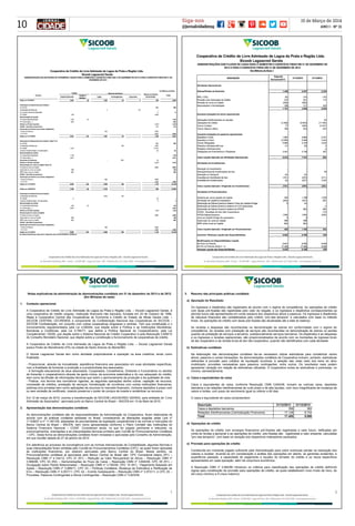 10
15 de Março de 2014
ANO I - Nº 21
Siga-nos
@jornalcidademg
1
Notas explicativas da administração às demonstrações contábeis em 31 de dezembro de 2013 e de 2012
(Em Milhares de reais)
1. Contexto operacional
A Cooperativa de Crédito de Livre Admissão de Lagoa da Prata e Região Ltda. – Sicoob Lagoacred Gerais, é
uma cooperativa de crédito singular, instituição financeira não bancária, fundada em 20 de Outubro de 1996,
filiada à Cooperativa Central das Cooperativas de Economia e Crédito do Estado de Minas Gerais Ltda. –
SICOOB CENTRAL CECREMGE e componente da Confederação Nacional das Cooperativas do SICOOB –
SICOOB Confederação, em conjunto com outras cooperativas singulares e centrais. Tem sua constituição e o
funcionamento regulamentados pela Lei 4.595/64, que dispõe sobre a Política e as Instituições Monetárias,
Bancárias e Creditícias, pela Lei 5.764/71, que define a Política Nacional do Cooperativismo, pela Lei
Complementar 130/09, que dispõe sobre o Sistema Nacional de Crédito Cooperativo e pela Resolução 3.859/10
do Conselho Monetário Nacional, que dispõe sobre a constituição e funcionamento de cooperativas de crédito.
A Cooperativa de Crédito de Livre Admissão de Lagoa da Prata e Região Ltda. – Sicoob Lagoacred Gerais
possui Posto de Atendimento (PA) na cidade de Santo Antonio do Monte/MG.
O Sicoob Lagoacred Gerais tem como atividade preponderante a operação na área creditícia, tendo como
finalidade:
- Proporcionar, através da mutualidade, assistência financeira aos associados em suas atividades específicas,
com a finalidade de fomentar a produção e a produtividade dos associados;
- A formação educacional de seus associados: Cooperados, Conselheiros, Diretores e Funcionários no sentido
de fomentar o cooperativismo através da ajuda mútua, da economia sistemática e do uso adequado do crédito,
bem como da difusão de informações técnicas que visem o aprimoramento da produção e da qualidade de vida;
- Praticar, nos termos dos normativos vigentes, as seguintes operações dentre outras: captação de recursos,
concessão de créditos, prestação de serviços, formalização de convênios com outras instituições financeiras,
públicas e/ou privadas bem como aplicações de recursos no mercado financeiro, inclusive depósitos à prazo com
ou sem emissão de certificado, visando preservar o poder de compra da moeda e rentabilizar os recursos.
Em 12 de março de 2010, ocorreu a transformação do SICOOB LAGOACRED GERAIS, para entidade de “Livre
Admissão de Associados”; aprovada junto ao Banco Central do Brasil – BACEN em 12 de Maio de 2010.
2. Apresentação das demonstrações contábeis
As demonstrações contábeis são de responsabilidades da Administração da Cooperativa, foram elaboradas de
acordo com as práticas contábeis adotadas no Brasil, considerando as alterações exigidas pelas Leis nº
11.638/07 e nº 11.941/09, adaptadas às peculiaridades da legislação cooperativista e às normas e instruções do
Banco Central do Brasil – BACEN, bem como apresentadas conforme o Plano Contábil das Instituições do
Sistema Financeiro Nacional – COSIF. Consideram ainda, no que for julgado pertinente e relevante, os
pronunciamentos, orientações e as interpretações técnicas emitidos pelo Comitê de Pronunciamentos Contábeis
– CPC. Desta forma as demonstrações contábeis foram revisadas e aprovadas pelo Conselho de Administração,
em sua reunião datada de 27 de janeiro de 2014.
Em aderência ao processo de convergência com as normas internacionais de Contabilidade, algumas Normas e
suas Interpretações foram emitidas pelo Comitê de Pronunciamentos Contábeis (CPC), as quais foram aplicadas
às instituições financeiras, por estarem aprovadas pelo Banco Central do Brasil. Nesse sentido, os
Pronunciamentos contábeis já aprovados pelo Banco Central do Brasil são: CPC Conceitural básico (R1) –
Resolução CMN nº 4.144/12; CPC 01 (R1) – Redução ao Valor Recuperável de Ativos – Resolução CMN nº
3.566/08; CPC 03 (R2) – Demonstrações do Fluxo de Caixa – Resolução CMN nº 3.604/08; CPC 05 (R1) –
Divulgação sobre Partes Relacionadas – Resolução CMN nº 3.750/09; CPC 10 (R1) - Pagamento Baseado em
Ações – Resolução CMN nº 3.989/11; CPC 23 – Políticas Contábeis, Mudança de Estimativa e Retificação de
Erro – Resolução CMN nº 4.007/11; CPC 24 – Evento Subsequente – Resolução CMN nº 3.973/11; e CPC 25 –
Provisões, Passivos Contingentes e Ativos Contingentes – Resolução CMN nº 3.823/09.
2
3. Resumo das principais práticas contábeis
a) Apuração do Resultado
Os ingressos e dispêndios são registrados de acordo com o regime de competência. As operações de crédito
com taxas pré-fixadas são registradas pelo valor de resgate, e os ingressos e dispêndios correspondentes ao
período futuro são apresentados em conta redutora dos respectivos ativos e passivos. Os ingressos e dispêndios
de natureza financeira são contabilizados pelo critério “pró-rata temporis” e calculados com base no método
linear. As operações de crédito com taxas pós fixadas são atualizadas até a data do balanço.
As receitas e despesas são reconhecidas na demonstração de sobras em conformidade com o regime de
competência. As receitas com prestação de serviços são reconhecidas na demonstração de sobras ou perdas
quando da prestação de serviços a terceiros, substancialmente serviços bancários. Os dispêndios e as despesas
e os ingressos e receitas operacionais, são proporcionalizados de acordo com os montantes de ingresso bruto
de ato cooperativo e da receita bruta de ato não cooperativo, quando não identificados com cada atividade.
b) Estimativas contábeis
Na elaboração das demonstrações contábeis faz-se necessário utilizar estimativas para contabilizar certos
ativos, passivos e outras transações. As demonstrações contábeis da Cooperativa incluem, portanto, estimativas
referentes à provisão para créditos de liquidação duvidosa, à seleção das vidas úteis dos bens do ativo
imobilizado, provisões necessárias para passivos contingentes, entre outros. Os resultados reais podem
apresentar variação em relação às estimativas utilizadas. A Cooperativa revisa as estimativas e premissas, no
mínimo, semestralmente.
c) Caixa e equivalentes de caixa
Caixa e equivalentes de caixa, conforme Resolução CMN 3.604/08, incluem as rubricas caixa, depósitos
bancários e as relações interfinanceiras de curto prazo e de alta liquidez, com risco insignificante de mudança de
valore e limites, com prazo de vencimento igual ou inferior a 90 dias.
O caixa e equivalente de caixa compreendem:
Descrição 31/12/2013 31/12/2012
Caixa e depósitos bancários 359 362
Relações Interfinanceiras (Centralização Financeira) 17.126 8.734
Total 17.485 9.096
d) Operações de crédito
As operações de crédito com encargos financeiros pré-fixados são registradas a valor futuro, retificadas por
conta de rendas a apropriar e as operações de crédito pós-fixadas são registradas a valor presente, calculadas
"pro rata temporis", com base na variação dos respectivos indexadores pactuados.
e) Provisão para operações de crédito
Constituída em montante julgado suficiente pela Administração para cobrir eventuais perdas na realização dos
valores a receber, levando-se em consideração a análise das operações em aberto, as garantias existentes, a
experiência passada, a capacidade de pagamento e liquidez do tomador do crédito e os riscos específicos
apresentados em cada operação, além da conjuntura econômica.
A Resolução CMN nº 2.682/99 introduziu os critérios para classificação das operações de crédito definindo
regras para constituição da provisão para operações de crédito, as quais estabelecem nove níveis de risco, de
AA (risco mínimo) a H (risco máximo).
 