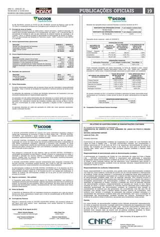 ANO ii • Edição 32 
30/08/2014 a 13/09/2014 
facebook.com/jornalcidademg PUBLICAÇÕES OFICIAIS 19 
de R$ 782.609,50, aumento do FATES em R$ 178.489,89, aumento da Reserva Legal em R$ 
137.299,91 e constituição da Reserva de Contingência pelo montante de R$ 274.599,83. 
 
O SICOOB LAGOACRED GERAIS em conjunto com outras cooperativas singulares, é filiada à 
Central das Cooperativas de Economia e Crédito de Minas Gerais Ltda. – SICOOB CENTRAL 
CECREMGE, que representa o grupo formado por suas afiliadas perante as autoridades 
monetárias, organismos governamentais e entidades privadas. 
O SICOOB CENTRAL CECREMGE é uma sociedade cooperativista que tem por objetivo a 
organização em comum em maior escala dos serviços econômico-financeiros e assistenciais de 
suas filiadas (cooperativas singulares), integrando e orientando suas atividades, de forma 
autônoma e independente, através dos instrumentos previstos na legislação pertinente e normas 
exaradas pelo Banco Central do Brasil, bem como facilitando a utilização recíproca dos serviços, 
para consecução de seus objetivos. 
Para assegurar a consecução de seus objetivos, cabe ao SICOOB CENTRAL CECREMGE a 
coordenação das atividades de suas filiadas, a difusão e fomento do cooperativismo de crédito, a 
orientação e aplicação dos recursos captados, a implantação e implementação de controles 
internos voltados para os sistemas que acompanhem informações econômico-financeiras, 
operacionais e gerenciais, entre outras. 
O SICOOB LAGOACRED GERAIS responde solidariamente pelas obrigações contraídas pelo 
SICOOB CENTRAL CECREMGE perante terceiros, até o limite do valor das cotas-partes do 
capital que subscrever, proporcionalmente à sua participação nessas operações. 
As demonstrações contábeis do SICOOB CENTRAL CECREMGE em 31 de dezembro de 2013, 
foram auditadas por outros auditores independentes que emitiram relatório de auditoria sobre as 
demonstrações contábeis, datado de 01 de Fevereiro de 2014, com opinião sem modificação. O 
relatório de auditoria das demonstrações contábeis de 30 de junho de 2014 encontra-se em 
processo de emissão. 
13 
23. Seguros contratados – Não auditado 
A Cooperativa adota política de contratar seguros de diversas modalidades, cuja cobertura é 
considerada suficiente pela Administração e agentes seguradores para fazer face à ocorrência de 
sinistros. As premissas de riscos adotados, dada a sua natureza, não fazem parte do escopo de 
auditoria das demonstrações contábeis, consequentemente, não foram examinadas pelos nossos 
auditores independentes. 
24. Índice de Basiléia 
O Patrimônio de Referência (PR) da Cooperativa encontra-se compatível com o grau de risco da 
estrutura dos ativos, apresentando margem para o limite de compatibilização de R$ 6.699.430,81 
em 30 de junho de 2014. 
25. Contingências Passivas 
Segundo a assessoria jurídica do SICOOB LAGOACRED GERAIS, dos processos judiciais em 
que figura como pólo passivo, foram classificadas como perdas possíveis 03 processos, 
totalizando R$ 53.120,00. 
Lagoa da Prata, 06 de Agosto de 2014 
Nilson Antonio Bessas Júlio César Vaz 
Presidente Conselho de Administração Diretor Geral 
José Tavares de Rezende Helenno Vidal Oliveira 
Diretor Administrativo Contador – CRC 0769440-8/MG 
BENEFÍCIOS MONETÁRIOS (R$) 
Honorários 311.815,08 
Plano de Saúde 1.659,30 
RELATÓRIO DE AUDITORIA SOBRE AS DEMONSTRAÇÕES CONTÁBEIS 
Ao Conselho de Administração e Cooperados da 
COOPERATIVA DE CRÉDITO DE LIVRE ADMISSÃO DE LAGOA DA PRATA E REGIÃO 
LTDA. 
SICOOB LAGOACRED GERAIS 
Lagoa da Prata - MG 
Prezados Senhores: 
Examinamos as demonstrações contábeis da Cooperativa de Crédito de Livre Admissão de 
Lagoa da Prata e Região Ltda. – SICOOB LAGOACRED GERAIS, que compreendem o 
balanço patrimonial em 30 de junho de 2014 e as respectivas demonstrações de sobras ou 
perdas, das mutações do patrimônio líquido e dos fluxos de caixa para o semestre findo 
naquela data, assim como o resumo das principais práticas contábeis e demais notas 
explicativas. 
Responsabilidade da administração sobre as demonstrações contábeis 
A administração da Cooperativa de Crédito de Livre Admissão de Lagoa da Prata e Região 
Ltda. – SICOOB LAGOACRED GERAIS é responsável pela elaboração e adequada 
apresentação dessas demonstrações contábeis de acordo com as práticas contábeis adotadas 
no Brasil e pelos controles internos que ela determinou como necessários para permitir a 
elaboração de demonstrações contábeis livres de distorção relevante, independentemente se 
causada por fraude ou erro. 
Responsabilidade dos auditores independentes 
Nossa responsabilidade é a de expressar uma opinião sobre essas demonstrações contábeis 
com base em nossa auditoria, conduzida de acordo com as normas brasileiras e internacionais 
de auditoria. Essas normas requerem o cumprimento de exigências éticas pelos auditores e 
que a auditoria seja planejada e executada com o objetivo de obter segurança razoável de que 
as demonstrações contábeis estão livres de distorção relevante. Uma auditoria envolve a 
execução de procedimentos selecionados para obtenção de evidência a respeito dos valores e 
divulgações apresentados nas demonstrações contábeis. Os procedimentos selecionados 
dependem do julgamento do auditor, incluindo a avaliação dos riscos de distorção relevante 
nas demonstrações contábeis, independentemente se causada por fraude ou erro. Nessa 
avaliação de riscos, o auditor considera os controles internos relevantes para a elaboração e 
adequada apresentação das demonstrações contábeis da Cooperativa para planejar os 
procedimentos de auditoria que são apropriados nas circunstâncias, mas não para fins de 
expressar uma opinião sobre a eficácia desses controles internos da Cooperativa. Uma 
auditoria inclui, também, a avaliação da adequação das práticas contábeis utilizadas e a 
razoabilidade das estimativas contábeis feitas pela administração, bem como a avaliação da 
apresentação das demonstrações contábeis tomadas em conjunto. Acreditamos que a 
evidência de auditoria obtida é suficiente e apropriada para fundamentar nossa opinião. 
Opinião 
Em nossa opinião, as demonstrações contábeis acima referidas apresentam adequadamente, 
em todos os aspectos relevantes, a posição patrimonial e financeira da Cooperativa de Crédito 
de Livre Admissão de Lagoa da Prata e Região Ltda. – SICOOB LAGOACRED GERAIS em 30 
de junho de 2014, o desempenho de suas operações e os seus fluxos de caixa para o 
semestre findo naquela data, de acordo com as práticas contábeis adotadas no Brasil, 
aplicáveis às instituições autorizadas a funcionar pelo Banco Central do Brasil. 
Belo Horizonte, 26 de agosto de 2014. 
Antonio Alberto Sica 
Contador CRC/MG 080.030/O-0 
CNAI 1845 
 
12 
Montante das operações ativas e passivas liberadas no primeiro semestre de 2014: 
MONTANTE DAS OPERAÇÕES ATIVAS % em relação à carteira total 
R$ 949.730,68 1,92% 
MONTANTE DAS OPERAÇÕES PASSIVAS % em relação à carteira total 
R$ 100.080,48 0,37% 
Operações ativas e passivas – saldo em 30/06/2014: 
OPERAÇÕES ATIVAS 
NATUREZA DA 
OPERAÇÃO DE 
CRÉDITO 
VALOR DA 
OPERAÇÃO DE 
CRÉDITO 
PCLD (PROVISÃO 
PARA CRÉDITO 
DE LIQUIDAÇÃO 
DUVIDOSA) 
% DA OPERAÇÃO DE 
CRÉDITO EM 
RELAÇÃO À 
CARTEIRA TOTAL 
Cheque Especial E 
Conta Garantida 47.144,87 266,29 2,99% 
Empréstimo 275.161,64 2.321,78 1,03% 
Títulos Descontados 193.917,08 1.162,17 1,59% 
OPERAÇÕES PASSIVAS 
Aplicações Financeiras % em relação à carteira total Taxa Média - % 
432.137,41 1,46% 102% CDI 
Foram realizadas transações com partes relacionadas, na forma de: depósito a prazo, cheque 
especial, conta garantida, cheques descontados, crédito rural – RPL, crédito rural – repasses, 
empréstimos, dentre outras, à taxa/remuneração relacionada no quadro abaixo, por modalidade: 
NATUREZA DAS OPERAÇÕES 
ATIVAS E PASSIVAS 
TAXAS APLICADAS 
EM RELAÇÃO ÀS 
PARTES 
RELACIONADAS 
TAXA APROVADA PELO 
CONSELHO DE 
ADMINISTRAÇÃO / 
DIRETORIA EXECUTIVA 
Cheque Especial 1,54% à 5,81% 1,54% à 8,69% 
Conta Garantida 1,97% à 5,81% 1,54% à 8,69% 
Desconto de Cheques 1,39% à 1,82% 1,39% à 2,47% 
Empréstimos 1,23% à 2,67% 1,16% à 3,99% 
Aplicação Financeira 102%CDI 102% CDI 
No primeiro semestre de 2014, os benefícios monetários destinados às partes relacionadas foram 
representados por honorários e custeio parcial de plano de saúde, apresentando-se da seguinte 
forma: 
22. Cooperativa Central Sicoob Central Cecremge 
 
11 
17. Provisão de Juros ao Capital 
A Cooperativa provisionou juros ao capital próprio, visando remunerar o capital do associado. Os 
critérios para a provisão obedeceram a Lei Complementar 130, artigo 7º, de 17 de abril de 2009. A 
remuneração foi limitada ao valor da taxa referencial do Sistema Especial de Liquidação e de 
Custódia – SELIC. A referida provisão foi demonstrada na Demonstração de Sobras ou Perdas – 
DSP e na Demonstração das Mutações do Patrimônio Líquido – DMPL, conforme Circular BACEN 
nº 2.739/1997. 
18. Outros ingressos/rendas operacionais 
Descrição 30/06/2014 30/06/2013 
Receita com Recuperação de Despesas 6.525,00 448,68 
Atualização Depósitos Judiciais 7.616,80 0,00 
Rateio Sobras Central 36.053,58 0,00 
Total 50.195,38 448,68 
19. Outros dispêndios/despesas operacionais 
Descrição 2014 2013 
Despesa consultas, saques Cirrus/Cabal 766,40 351,90 
Despesas c/descontos concedidos operações de crédito 31.843,77 9.574,39 
Despesas c/ Fundo Garantidor do Sicoob 0,00 51.886,03 
Despesas c/ Cancelamento de Tarifas Passiveis de Cobrança 6.746,46 5.589,93 
Despesa atualização monetária ações discutidas judicialmente 2.334,14 1.439,26 
Total 41.690,77 68.841,51 
20. Resultado não operacional 
Descrição 2014 2013 
Ganhos de Capitas 32.007,09 374,34 
( - ) Perdas de Capital (1.918,92) 0,00 
Resultado líquido 30.088,17 374,34 
21. Partes Relacionadas 
As partes relacionadas existentes são as pessoas físicas que têm autoridade e responsabilidade 
de planejar, dirigir e controlar as atividades da cooperativa e membros próximos da família de tais 
pessoas. 
As operações são realizadas no contexto das atividades operacionais da Cooperativa e de suas 
atribuições estabelecidas em regulamentação específica. 
As operações com tais partes relacionadas não são relevantes no contexto global das operações 
da cooperativa, e caracterizam-se basicamente por transações financeiras em regime normal de 
operações, com observância irrestrita das limitações impostas pelas normas do Banco Central, 
tais como movimentação de contas correntes, aplicações e resgates de RDC e operações de 
crédito. 
As garantias oferecidas em razão das operações de crédito são: avais, garantias hipotecárias, 
caução e alienação fiduciária. 
 