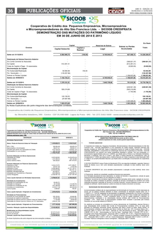36 PUABCILÇÕES OFACIIIS www.jornalcidademg.com.br 
ANO ii • Edição 32 
30/08/2014 a 13/09/2014 
Cooperativa de Crédito dos Pequenos Empresários, Microempresários 
e Microempreendedores do Alto São Francisco Ltda. - SICOOB CREDIPRATA 
DEMONSTRAÇÃO DAS MUTAÇÕES DO PATRIMÔNIO LÍQUIDO 
EM 30 DE JUNHO DE 2014 E 2013 
Capital Reservas de Sobras Sobras ou Perdas 
Eventos 
Cooperativa de Crédito dos Pequenos Empresários, Microempresários 
e Microempreendedores do Alto São Francisco Ltda. - SICOOB CREDIPRATA 
DEMONSTRAÇÕES DOS FLUXOS DE CAIXA PARA OS EXERCÍCIOS FINDOS EM 30 DE JUNHO DE 2014 E 2013 
(Valores expressos reais – R$) 
DESCRIÇÃO 30/06/2014 30/06/2013 
Atividades Operacionais 
Sobra / Perda do Exercício Antes da Tributação 1.478.825,74 1.316.313,81 
IRPJ / CSLL ( 95.492,45) (55.676,15) 
Depreciações e Amortizações 99.877,33 89.630,19 
Provisão para perda com Operações de Crédito ( 210.729,33) (149.941,19) 
Participações no Lucro (Sobra) ( 80.107,04) (104.000,00) 
1.192.374,25 1.096.326,66 
Aumento (Redução) em Ativos Operacionais 
Operações de Crédito 2.670.528,56 (3.478.875,43) 
Outros Créditos ( 147.284,61) (98.130,56) 
Outros Valores e Bens 169.326,63 (461.915,87) 
- - 
Aumento (Redução) em Passivos Operacionais - - 
Depósitos a Vista 3.232.415,79 2.671.658,27 
Depósitos sob Aviso ( 25.841,20) (3.932,66) 
Depósitos a Prazo 6.228.268,05 10.721.135,14 
Relações Interfinanceiras ( 3.279.833,86) 842.761,19 
Relações Interdependências 247.853,31 4.374,60 
Obrigações por Empréstimos e Repasses ( 253.098,25) (206.558,13) 
Outras Obrigações ( 3.236.087,10) (4.321.397,54) 
Caixa Líquido Aplicado em Atividades Operacionais 6.798.621,57 6.765.445,67 
Atividades de Investimentos 
Alienação de Imobilizações de Uso 26.462,70 - 
Aplicação no Intangível ( 8.133,98) (12.335,75) 
Inversões em Imobilizado de Uso ( 181.394,04) (56.755,71) 
Inversões em Investimentos ( 318.911,19) (64.532,93) 
Outros Ajustes 2.899,60 784,00 
- - 
Caixa Líquido Aplicado / Originado em Investimentos ( 479.076,91) (132.840,39) 
Atividades de Financiamentos 
Aumento por novos aportes de Capital 100.150,93 82.844,98 
Devolução de Capital à Cooperados ( 25.597,98) (135.257,96) 
Destinação de Sobras Exercício Anterior Cotas de Capital à Pagar ( 1.753,98) (8.645,94) 
Destinação de Sobras Exercício Anterior em C/C Associados ( 249.941,39) (306.621,37) 
Caixa Líquido Aplicado / Originado em Financiamentos ( 177.142,42) (367.680,29) 
Aumento / Redução Líquida das Disponibilidades 6.142.402,24 6.264.924,99 
Modificações em Disponibilidades Líquida 
No Início do Período 33.127.214,23 19.706.043,08 
No Fim do Período 39.269.616,47 25.970.968,07 
Variação Líquida das Disponibilidades 6.142.402,24 6.264.924,99 
As Notas Explicativas são parte integrante das demonstrações contábeis. 
- - 
Em Reais 
Capital Subscrito Capital a 
Realizar Legal 
- 
Acumuladas Totais 
Saldo em 31/12/2012 6.592.995,78 (150,00) 6.705.845,57 927.558,72 14.226.250,07 
Destinação de Sobras Exercício Anterior - - - - - 
Em Conta Corrente do Associado - - - (306.621,37) (306.621,37) 
Ao Capital 612.291,41 - - (612.291,41) - 
Cotas de Capital à Pagar - Ex associados - - - (8.645,94) (8.645,94) 
Movimentação de Capital: - - - - - 
Por Subscrição/Realização 82.694,98 150,00 - - 82.844,98 
Por Devolução ( - ) (135.257,96) - - - (135.257,96) 
Sobras ou Perdas Líquidas - - - 1.156.637,66 1.156.637,66 
Saldos em 30/06/2013 7.152.724,21 - 6.705.845,57 1.156.637,66 15.015.207,44 
Saldos em 31/12/2013 7.379.101,81 - 7.645.739,66 751.915,26 15.776.756,73 
Destinação de Sobras Exercício Anterior - - - - - 
Em Conta Corrente do Associado - - - (249.941,39) (249.941,39) 
Ao Capital 500.219,89 - - (500.219,89) - 
Cotas de Capital à Pagar - Ex associados - - - (1.753,98) (1.753,98) 
Movimentação de Capital: - - - - - 
Por Subscrição/Realização 100.150,93 - - - 100.150,93 
Por Devolução ( - ) (25.597,98) - - - (25.597,98) 
Sobras ou Perdas Líquidas - - - 1.303.226,25 1.303.226,25 
Saldos em 30/06/2014 7.953.874,65 - 7.645.739,66 1.303.226,25 16.902.840,56 
As Notas Explicativas são parte integrante das demonstrações contábeis. 
Cooperativa de Crédito dos Pequenos Empresários, Microempresários e Microempreendedores do Alto 
São Francisco Ltda. - SICOOB CREDIPRATA 
CNPJ - 26.178.111/0001-86 
NOTAS EXPLICATIVAS ÀS DEMONSTRAÇÕES CONTÁBEIS PARA OS 
SEMESTRES FINDOS EM 30 de junho de 2014 e 2013 
(Valores expressos em reais, exceto quando especificado) 
1. Contexto operacional 
A Cooperativa de Crédito dos Pequenos Empresários, Microempresários e Microempreendedores do Alto São 
Francisco Ltda. - SICOOB CREDIPRATA é uma cooperativa de crédito singular, instituição financeira não 
bancária, fundada em 16/06/1989, filiada à Cooperativa Central de Crédito de Minas Gerais Ltda. – SICOOB 
CENTRAL CREDIMINAS e componente da Confederação Nacional das Cooperativas do SICOOB – SICOOB 
CONFEDERAÇÃO, em conjunto com outras cooperativas singulares e centrais. Tem sua constituição e o 
funcionamento regulamentados pela Lei nº 4.595/64, que dispõe sobre a Política e as Instituições Monetárias, 
Bancárias e Creditícias, pela Lei nº 5.764/71, que define a Política Nacional do Cooperativismo, pela Lei 
Complementar nº 130/09, que dispõe sobre o Sistema Nacional de Crédito Cooperativo e pela Resolução CMN 
nº 3.859/10, do Conselho Monetário Nacional, que dispõe sobre a constituição e funcionamento de cooperativas 
de crédito. 
O SICOOB CREDIPRATA possui Postos de Atendimento (PA’s) nas seguintes localidades: Japaraiba, Moema e 
distrito de Esteios (Luz) e tem como atividade preponderante a operação na área creditícia, tendo como 
finalidade: 
O SICOOB CREDIPRATA tem como atividade preponderante a operação na área creditícia, tendo como 
finalidade: 
(i) Proporcionar, através da mutualidade, assistência financeira aos associados; 
(ii) A formação educacional de seus associados, no sentido de fomentar o cooperativismo, através da ajuda 
mútua da economia sistemática e do uso adequado do crédito; e 
(iii) Praticar, nos termos dos normativos vigentes, as seguintes operações dentre outras: captação de recursos, 
concessão de créditos, prestação de garantias, prestação de serviços, formalização de convênios com outras 
instituições financeiras e aplicação de recursos no mercado financeiro, inclusive depósitos a prazo com ou sem 
emissão de certificado, visando preservar o poder de compra da moeda e remunerar os recursos. 
2. Apresentação das demonstrações contábeis 
As demonstrações contábeis são de responsabilidades da Administração da Cooperativa e foram elaboradas de 
acordo com as práticas contábeis adotadas no Brasil, consideradas as alterações exigidas pelas Leis nº 
11.638/07 e nº 11.941/09, adaptadas às peculiaridades da legislação cooperativista e às normas e instruções 
do Banco Central do Brasil – BACEN, bem como apresentadas conforme o Plano Contábil das Instituições do 
Sistema Financeiro Nacional – COSIF. Consideram ainda, no que for julgado pertinente e relevante, os 
pronunciamentos, orientações e as interpretações técnicas emitidos pelo Comitê de Pronunciamentos 
Contábeis – CPC. Desta forma, as demonstrações contábeis foram revisadas e aprovadas pela Diretoria 
Executiva, em sua reunião datada de 07/08/2014. 
Em aderência ao processo de convergência às normas internacionais de Contabilidade, algumas Normas e 
suas Interpretações foram emitidas pelo Comitê de Pronunciamentos Contábeis (CPC), as quais serão 
aplicadas às instituições financeiras quando aprovadas pelo Banco Central do Brasil. Nesse sentido, os 
Pronunciamentos contábeis já aprovados pelo Banco Central do Brasil são: CPC Conceitual Básico (R1) - 
Resolução CMN nº 4.144/12; CPC 01(R1) - Redução ao Valor Recuperável de Ativos - Resolução CMN nº 
3.566/08; CPC 03 (R2) - Demonstrações do Fluxo de Caixa - Resolução CMN nº 3.604/08; CPC 05 (R1) - 
Divulgação sobre Partes Relacionadas - Resolução CMN nº 3.750/09; CPC 10 (R1) - Pagamento Baseado em 
Ações - Resolução CMN nº 3.989/11; CPC 23 – Políticas Contábeis, Mudança de Estimativa e Retificação de 
Erro. – Resolução CMN nº 4.007/11; CPC 24 - Evento Subsequente - Resolução CMN nº 3.973/11; e CPC 25 – 
Provisões, Passivos Contingentes e Ativos Contingentes – Resolução CMN nº 3.823/09. 
 